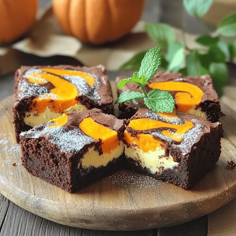 - 1 cup unsalted butter, melted - 2 cups granulated sugar - 4 large eggs - 1 teaspoon vanilla extract - 1 cup all-purpose flour - 1 cup unsweetened cocoa powder - 1 teaspoon baking powder - 1/2 teaspoon salt - 1 cup pumpkin puree - 1 teaspoon pumpkin spice - 8 oz cream cheese, softened - 1/2 cup powdered sugar The unsalted butter adds rich flavor and helps create a moist brownie. Granulated sugar gives the brownies sweetness and texture. Eggs bind the mix, giving it a nice rise. Pumpkin puree keeps the brownies soft and adds a warm, fall taste. Cream cheese adds a creamy and tangy swirl that balances the sweetness. Pumpkin spice brings warmth and a cozy aroma, perfect for autumn. If you want a dairy-free option, use coconut oil instead of butter. You can swap granulated sugar for coconut sugar for a lower glycemic index. For a gluten-free version, try almond flour in place of all-purpose flour. You can also use Greek yogurt instead of cream cheese for a lighter texture. Start by gathering all your ingredients. This brownie recipe needs butter, sugar, eggs, and more. Preheat your oven to 350°F (175°C). Grease a 9x13 inch pan with butter or non-stick spray. This helps the brownies come out easily. 1. Make the Brownie Batter: In a large bowl, mix melted butter and granulated sugar. Whisk until smooth. Add eggs one by one, mixing well after each. Stir in vanilla extract for flavor. 2. Combine Dry Ingredients: In another bowl, sift all-purpose flour, cocoa powder, baking powder, and salt. This gets rid of lumps. Gently fold the dry mix into the wet mix. Be careful not to overmix; you want a nice batter. 3. Prepare the Pumpkin Mixture: In a separate bowl, blend pumpkin puree with pumpkin spice and softened cream cheese. Mix until smooth. Then add powdered sugar and stir until it is creamy. 4. Swirl Together: Pour half of the brownie batter into the pan. Spread it evenly. Spoon dollops of the pumpkin mix on top. Layer the rest of the brownie batter over it. Use a knife to gently swirl the pumpkin mixture into the brownie batter. 5. Bake the Brownies: Place the pan in the oven and bake for 30-35 minutes. To check if they are done, insert a toothpick into the center. If it comes out with a few moist crumbs, they are ready. 6. Cool and Serve: Once baked, take the pan out and let it cool on a wire rack. After it cools, cut into squares and serve. - Use a kitchen scale for dry ingredients like flour and sugar. This ensures the right amount. - For sticky ingredients like honey or syrup, spray your measuring cup with non-stick spray first. This helps them pour out easily. - Level off measuring cups with a knife for precise amounts. This avoids adding too much or too little. To make your brownies perfect, follow these tips: - Use room temperature ingredients: This helps your batter mix well. - Do not overmix: Mix just until combined. Overmixing can lead to tough brownies. - Check your oven temperature: An oven thermometer ensures your oven runs true to temperature. - Use the right pan: A 9x13 inch pan is best for even baking. Creating a lovely swirl takes practice. Here’s how to do it: - Prepare the cream cheese mixture well: Make sure it's smooth. This helps in easier swirling. - Layer carefully: Spoon dollops of the cream cheese mix over the brownie batter. - Swirl gently: Use a knife or skewer to make gentle, swirling motions. Too much mixing can blend the layers. Here are mistakes to watch out for: - Not measuring ingredients correctly: Accurate measurements lead to better results. - Skipping the cooling step: Let brownies cool fully for better cutting. - Using cold ingredients: Cold butter or eggs can affect the texture. - Overbaking: Keep an eye on them. A toothpick should come out with a few moist crumbs. By following these tips, you can make delicious Pumpkin Cream Cheese Swirl Brownies that impress everyone! {{image_4}} You can make these brownies gluten-free. Substitute all-purpose flour with a gluten-free blend. Look for one that works well for baking. Most blends can replace regular flour in a one-to-one ratio. This way, you still enjoy that rich, fudgy texture without gluten. Want a bit of crunch? Add nuts like pecans or walnuts. Chopped nuts add a nice texture. Mix in about half a cup into the brownie batter. You can also add chocolate chips for extra sweetness. Fold in the chips with the batter just before baking for a delightful surprise. You can play with flavors too! Add a pinch of cinnamon or nutmeg for warmth. A splash of almond or maple extract can change the whole vibe. Experiment with your favorite spices and extracts. Just remember to keep the balance so the pumpkin flavor shines through. To keep your Pumpkin Cream Cheese Swirl Brownies fresh, store them in an airtight container. You can place a piece of parchment paper between layers to avoid sticking. This method protects the creamy swirl and keeps your brownies soft. Store them at room temperature for up to three days. If you want to keep them longer, refrigeration is a good option. Just remember to bring them back to room temperature before serving for the best taste. Freezing these brownies is a smart way to save some for later. First, let the brownies cool completely. Then, cut them into squares. Wrap each square tightly in plastic wrap. Place them in a freezer-safe bag or container. They can last up to three months in the freezer. When you're ready to enjoy, remove a square and let it thaw in the fridge overnight. You can also warm it in the oven for a few minutes to bring back their gooey texture. These brownies have a great shelf life. At room temperature, they stay fresh for about three days. In the fridge, they last a week. For reheating, I suggest using an oven set to 350°F (175°C). Place the brownie on a baking sheet and heat for about 5-10 minutes. This warms them up and keeps the cream cheese swirl tasty. Avoid using a microwave, as it can make them rubbery. Enjoy your delicious brownies anytime! Yes, you can use canned pumpkin. It saves time and ensures a smooth texture. Just make sure to choose pure pumpkin puree, not pumpkin pie filling, which has added sugar and spices. You can check for doneness by using a toothpick. Insert it into the center of the brownies. If it comes out with a few moist crumbs, they are ready. If the toothpick has wet batter, bake them a bit longer. You can use mascarpone cheese or Greek yogurt as a substitute. Both will give a creamy texture. If you want a dairy-free option, try silken tofu blended until smooth. This blog covered making delicious pumpkin cream cheese swirl brownies. We reviewed ingredients, cooking steps, and handy tips. I also shared storage methods and answered common questions. These brownies are easy to make and fun to share. You can personalize them with your favorite flavors. Enjoy your baking journey, and don't hesitate to experiment! With these methods, you’ll create a tasty treat every time.