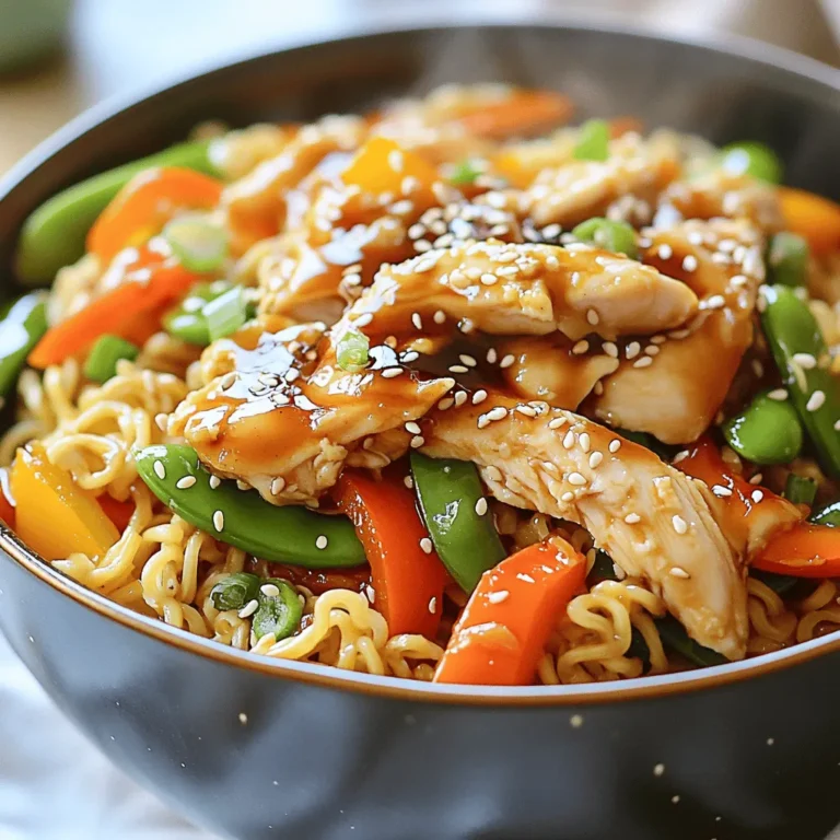 - 200g ramen noodles - 300g boneless chicken breast, thinly sliced - 1 tablespoon sesame oil - 2 cups mixed vegetables (like bell peppers, carrots, and snap peas) - 3 cloves garlic, minced - 2 tablespoons soy sauce - 1 tablespoon teriyaki sauce - 1 teaspoon fresh ginger, grated - 2 green onions, finely chopped - Sesame seeds, for garnish - Salt and pepper to taste The main ingredients make this dish flavorful and fun. The ramen noodles serve as the base. Chicken breast adds protein, while mixed vegetables bring color and crunch. Garlic and ginger give it a nice kick. You need some pantry staples for this recipe. Sesame oil adds a rich taste. Soy sauce gives it saltiness, and teriyaki sauce adds sweetness. Salt and pepper are crucial to enhance all flavors. Feel free to get creative! You can add tofu for extra protein. If you like heat, add some chili flakes. Fresh herbs like cilantro or basil can brighten the dish. You might also try adding mushrooms or baby corn for extra texture. Experimenting with these add-ins makes your meal even more special! First, boil water in a pot. Add the ramen noodles and cook them as the package shows. This usually takes about 3-4 minutes. Once they are soft, drain the noodles and set them aside. They should be ready when you need them. Next, grab a large skillet or wok. Pour in 1 tablespoon of sesame oil and heat it on medium-high until it shimmers. Add the 300g of thinly sliced chicken breast. Season it with a pinch of salt and pepper. Stir-fry the chicken for 5-7 minutes until it turns white and is no longer pink inside. Now, add 3 cloves of minced garlic and 1 teaspoon of grated fresh ginger to the skillet. Cook them for 1-2 minutes. Stir often so they don’t burn. Next, toss in 2 cups of mixed vegetables, like bell peppers and snap peas. Stir-fry them for about 3-4 minutes. They should be bright and still a bit crunchy. Carefully pour in 2 tablespoons of soy sauce and 1 tablespoon of teriyaki sauce. Toss everything together well. Make sure the chicken and veggies are coated in the sauce. Then, gently add the cooked ramen noodles to the skillet. Fold them into the mix until everything is hot and combined. Remove from heat and serve in bowls, topping with chopped green onions and sesame seeds. Cook your ramen noodles in boiling water. Follow the package instructions for timing. Once they are soft, drain them right away. Rinse with cold water to stop cooking. This helps keep them from getting mushy. Always use a large pot for boiling. More water means better cooking. Let your stir-fry cool down first. Place it in an airtight container. Store it in the fridge for up to three days. If you want to keep it longer, freeze it. Use freezer-safe bags or containers. Make sure to remove excess air. This prevents freezer burn. Add extra flavors to your stir-fry. Try adding sriracha for heat. A splash of lime juice adds a bright taste. You can also mix in fresh herbs like cilantro or basil. They boost the freshness. For a nutty twist, sprinkle chopped peanuts on top. Keep experimenting to find your favorite combo! {{image_4}} You can make a tasty vegetarian version of this dish. Simply swap the chicken for tofu or tempeh. Tofu absorbs flavors well and adds a nice texture. Use firm tofu and cut it into cubes. Stir-fry it until golden brown. You can also add more vegetables like broccoli or mushrooms. This gives the dish extra flavor and nutrition. If chicken isn't your favorite, try other proteins. Shrimp or beef works great too. Use shrimp for a quick cook time. Just add them after the garlic and ginger. They need only a few minutes to cook. For beef, slice it thinly and cook it the same way as chicken. Each protein brings a unique taste to your ramen stir-fry. You can change the sauces based on your taste. For a spicy kick, add sriracha or chili paste. If you want a sweeter touch, use hoisin sauce instead of teriyaki. You might also try coconut aminos for a gluten-free option. Mixing soy sauce with rice vinegar gives a tangy flavor. Feel free to experiment with different sauces! You can store leftover Quick Chicken Ramen Stir-Fry in the fridge. Place it in an airtight container. This helps keep the flavors fresh. It lasts for up to three days. Before eating, check for any signs of spoilage. If it smells off or looks strange, don’t eat it. Freezing this dish is simple. Allow the stir-fry to cool completely. Then, pack it into freezer-safe bags or containers. Make sure to remove as much air as possible. This helps prevent freezer burn. You can freeze it for up to three months. When you’re ready to eat, thaw it overnight in the fridge. To reheat, use a microwave or a stovetop. If using a microwave, heat in short bursts. Stir between each burst to ensure even heating. If reheating on the stove, add a splash of water or broth. This keeps the noodles moist. Heat over medium until warmed through. Enjoy your meal! Yes, you can make this dish ahead of time. Cook and cool the stir-fry. Store it in an airtight container in the fridge. Reheat it on the stove or in the microwave when you are ready to enjoy. You can use any ramen noodles you like. Instant ramen works well. Fresh or dried noodles are also great options. Look for noodles that cook quickly for the best results. To add spice, you can mix in red pepper flakes. You could also use a splash of sriracha or chili oil. Adjust the amount to your taste. Start small and add more if needed. Yes, frozen vegetables work well in this recipe. They are convenient and save prep time. Just add them directly to the pan. Cook until they are heated through and bright in color. Many vegetables work great in this stir-fry. Try broccoli, zucchini, or mushrooms. You can also add baby corn or bok choy for extra crunch. Feel free to mix and match your favorites! This blog post walked you through creating a delicious ramen dish. We covered the essential ingredients, step-by-step instructions, and helpful tips. You learned how to store leftovers and try different variations. Remember, cooking is fun and flexible. Feel free to adjust the recipe to fit your taste. Enjoy your homemade ramen and share it with others. Keep experimenting, and you’ll find your perfect bowl!