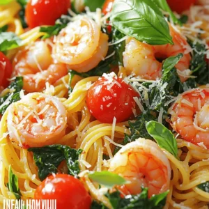 - 8 oz spaghetti or linguine - 1 lb shrimp, peeled and deveined - 2 cups fresh spinach, roughly chopped - 2 cups cherry tomatoes, halved The main ingredients in this dish bring a lot of color and flavor. I often use spaghetti or linguine, but you can choose your favorite. Fresh spinach adds nutrients and a bright hue. Cherry tomatoes offer sweetness and juiciness, making every bite delightful. Shrimp is the star protein here. It cooks quickly and adds a nice touch. - 4 cloves garlic, finely minced - 1/4 cup extra virgin olive oil - 1 teaspoon red pepper flakes - Salt and freshly ground black pepper to taste Garlic gives this dish a rich base. I love using extra virgin olive oil for its fruity taste. Red pepper flakes add warmth; you can adjust the amount based on your spice levels. A pinch of salt and pepper enhances all the flavors beautifully. - 2 tablespoons fresh lemon juice - 1/4 cup fresh basil, chopped - Grated Parmesan cheese Lemon juice brightens the whole dish. Fresh basil adds a fragrant note that pairs well with the other ingredients. Parmesan cheese is a tasty option for those who enjoy a creamy finish. These garnishes enhance the meal and make it look pretty on the plate. Fill a large pot with salted water. Bring it to a boil. Add 8 oz of spaghetti or linguine to the water. Cook according to the package instructions. Aim for al dente, which means tender but firm. Once cooked, save 1 cup of the pasta water. Drain the pasta and set it aside. While the pasta cooks, heat 1/4 cup of extra virgin olive oil in a large skillet over medium heat. Add 4 cloves of finely minced garlic and sauté for about 1 minute. You want it fragrant but not brown. Next, add 1 lb of peeled and deveined shrimp to the skillet. Season them with salt, pepper, and 1 teaspoon of red pepper flakes. Cook the shrimp for 2-3 minutes on each side. They should turn pink and opaque. Once cooked, remove the shrimp from the skillet and set them on a plate. In the same skillet, add 2 cups of halved cherry tomatoes. Sauté for about 5 minutes. Stir occasionally until the tomatoes soften and release their juices. Then, fold in 2 cups of roughly chopped fresh spinach. Cook for 2 more minutes until the spinach wilts. Return the cooked shrimp to the skillet. Add the drained pasta and pour in the reserved pasta water to adjust the sauce. Drizzle everything with 2 tablespoons of fresh lemon juice. Toss everything together gently. Cook briefly until heated through. Taste the pasta and adjust the seasoning as needed. To check if shrimp are done, look for color and texture. They should turn pink and opaque. When you see that change, they are ready. You can adjust spice levels with red pepper flakes. Start with a teaspoon. If you want more heat, add a pinch more. Using lemon juice can brighten the dish. Add it near the end of cooking. This keeps the flavor fresh. The reserved pasta water is key too. It makes the sauce creamy and helps everything stick together. Add it slowly to reach your desired sauce thickness. Serve your pasta in shallow bowls. This makes it look fancy and inviting. Garnish your dish with fresh basil. A sprinkle of Parmesan cheese adds a nice touch. You can also drizzle a bit of olive oil around the edge for an elegant finish. {{image_4}} You can change the shrimp to fit your taste. If you like chicken, use bite-sized pieces. Cook them until they are golden. Scallops are also a great choice. They cook fast and add a nice texture. For a vegetarian option, try tofu or chickpeas. Tofu soaks up flavors well. Chickpeas add a hearty bite and protein. Feel free to swap pasta shapes! Fettuccine offers a wider noodle, which holds sauce well. Penne has a fun shape and works nicely too. If you need gluten-free options, look for rice or chickpea pasta. These choices keep the dish friendly for all diets. You can change the sauce to suit your mood. For a creamy dish, add heavy cream or cheese. This gives a rich taste. If you crave some heat, add more red pepper flakes or fresh chili. This will give your meal a spicy kick. Adjust to your taste for the best results. To store your Tomato Spinach Shrimp Pasta, place it in a tight container. This keeps it fresh and safe. Make sure to cool the pasta before sealing the container. The pasta can stay in the fridge for about three days. After that, the flavors may fade and the shrimp may spoil. When you’re ready to enjoy leftovers, use a skillet or the microwave. If using a skillet, add a splash of water or olive oil. This helps the pasta stay moist. Heat it on low to warm it up without cooking it more. If you use a microwave, cover the pasta with a damp paper towel. This keeps it from drying out. To avoid mushy pasta, do not overheat it. Stir gently to keep the pasta firm. If you want to save pasta for later, freezing is a great option. Let the pasta cool completely. Then, place it in a freezer-safe bag or container. Squeeze out any extra air before sealing. It can last up to three months in the freezer. When you're ready to eat, take it out and thaw it in the fridge overnight. To reheat, use a skillet or microwave as mentioned earlier. Add a little water to help it heat evenly. Enjoy your meal again without losing the great taste! It takes about 10 minutes to prep and 15 minutes to cook. In total, you will need about 25 minutes to enjoy this dish. This quick time makes it perfect for weeknight meals. Yes, you can make this dish ahead of time. Cook the pasta and shrimp, then store them separately in the fridge. You can mix them with sauce just before serving. I love serving this pasta with a simple green salad or garlic bread. A glass of white wine pairs nicely too. These sides balance the meal and add freshness. This recipe is great for meal prep. You can portion the pasta into containers. Store it in the fridge for up to three days. When ready to eat, simply reheat and enjoy. Absolutely! You can use zucchini, bell peppers, or kale instead of spinach. These veggies add color and taste. Feel free to mix and match based on your favorites. This blog post covered everything you need for making Tomato Spinach Shrimp Pasta. We explored key ingredients like pasta, fresh spinach, and shrimp. I provided steps for cooking and tips for perfecting flavors. You learned about variations and how to store leftovers well. With these tips and tricks, you can create a delicious meal on any night. Enjoy experimenting with flavors and ingredients. Your kitchen will be full of tasty meals in no time.
