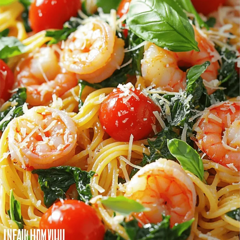 - 8 oz spaghetti or linguine - 1 lb shrimp, peeled and deveined - 2 cups fresh spinach, roughly chopped - 2 cups cherry tomatoes, halved The main ingredients in this dish bring a lot of color and flavor. I often use spaghetti or linguine, but you can choose your favorite. Fresh spinach adds nutrients and a bright hue. Cherry tomatoes offer sweetness and juiciness, making every bite delightful. Shrimp is the star protein here. It cooks quickly and adds a nice touch. - 4 cloves garlic, finely minced - 1/4 cup extra virgin olive oil - 1 teaspoon red pepper flakes - Salt and freshly ground black pepper to taste Garlic gives this dish a rich base. I love using extra virgin olive oil for its fruity taste. Red pepper flakes add warmth; you can adjust the amount based on your spice levels. A pinch of salt and pepper enhances all the flavors beautifully. - 2 tablespoons fresh lemon juice - 1/4 cup fresh basil, chopped - Grated Parmesan cheese Lemon juice brightens the whole dish. Fresh basil adds a fragrant note that pairs well with the other ingredients. Parmesan cheese is a tasty option for those who enjoy a creamy finish. These garnishes enhance the meal and make it look pretty on the plate. Fill a large pot with salted water. Bring it to a boil. Add 8 oz of spaghetti or linguine to the water. Cook according to the package instructions. Aim for al dente, which means tender but firm. Once cooked, save 1 cup of the pasta water. Drain the pasta and set it aside. While the pasta cooks, heat 1/4 cup of extra virgin olive oil in a large skillet over medium heat. Add 4 cloves of finely minced garlic and sauté for about 1 minute. You want it fragrant but not brown. Next, add 1 lb of peeled and deveined shrimp to the skillet. Season them with salt, pepper, and 1 teaspoon of red pepper flakes. Cook the shrimp for 2-3 minutes on each side. They should turn pink and opaque. Once cooked, remove the shrimp from the skillet and set them on a plate. In the same skillet, add 2 cups of halved cherry tomatoes. Sauté for about 5 minutes. Stir occasionally until the tomatoes soften and release their juices. Then, fold in 2 cups of roughly chopped fresh spinach. Cook for 2 more minutes until the spinach wilts. Return the cooked shrimp to the skillet. Add the drained pasta and pour in the reserved pasta water to adjust the sauce. Drizzle everything with 2 tablespoons of fresh lemon juice. Toss everything together gently. Cook briefly until heated through. Taste the pasta and adjust the seasoning as needed. To check if shrimp are done, look for color and texture. They should turn pink and opaque. When you see that change, they are ready. You can adjust spice levels with red pepper flakes. Start with a teaspoon. If you want more heat, add a pinch more. Using lemon juice can brighten the dish. Add it near the end of cooking. This keeps the flavor fresh. The reserved pasta water is key too. It makes the sauce creamy and helps everything stick together. Add it slowly to reach your desired sauce thickness. Serve your pasta in shallow bowls. This makes it look fancy and inviting. Garnish your dish with fresh basil. A sprinkle of Parmesan cheese adds a nice touch. You can also drizzle a bit of olive oil around the edge for an elegant finish. {{image_4}} You can change the shrimp to fit your taste. If you like chicken, use bite-sized pieces. Cook them until they are golden. Scallops are also a great choice. They cook fast and add a nice texture. For a vegetarian option, try tofu or chickpeas. Tofu soaks up flavors well. Chickpeas add a hearty bite and protein. Feel free to swap pasta shapes! Fettuccine offers a wider noodle, which holds sauce well. Penne has a fun shape and works nicely too. If you need gluten-free options, look for rice or chickpea pasta. These choices keep the dish friendly for all diets. You can change the sauce to suit your mood. For a creamy dish, add heavy cream or cheese. This gives a rich taste. If you crave some heat, add more red pepper flakes or fresh chili. This will give your meal a spicy kick. Adjust to your taste for the best results. To store your Tomato Spinach Shrimp Pasta, place it in a tight container. This keeps it fresh and safe. Make sure to cool the pasta before sealing the container. The pasta can stay in the fridge for about three days. After that, the flavors may fade and the shrimp may spoil. When you’re ready to enjoy leftovers, use a skillet or the microwave. If using a skillet, add a splash of water or olive oil. This helps the pasta stay moist. Heat it on low to warm it up without cooking it more. If you use a microwave, cover the pasta with a damp paper towel. This keeps it from drying out. To avoid mushy pasta, do not overheat it. Stir gently to keep the pasta firm. If you want to save pasta for later, freezing is a great option. Let the pasta cool completely. Then, place it in a freezer-safe bag or container. Squeeze out any extra air before sealing. It can last up to three months in the freezer. When you're ready to eat, take it out and thaw it in the fridge overnight. To reheat, use a skillet or microwave as mentioned earlier. Add a little water to help it heat evenly. Enjoy your meal again without losing the great taste! It takes about 10 minutes to prep and 15 minutes to cook. In total, you will need about 25 minutes to enjoy this dish. This quick time makes it perfect for weeknight meals. Yes, you can make this dish ahead of time. Cook the pasta and shrimp, then store them separately in the fridge. You can mix them with sauce just before serving. I love serving this pasta with a simple green salad or garlic bread. A glass of white wine pairs nicely too. These sides balance the meal and add freshness. This recipe is great for meal prep. You can portion the pasta into containers. Store it in the fridge for up to three days. When ready to eat, simply reheat and enjoy. Absolutely! You can use zucchini, bell peppers, or kale instead of spinach. These veggies add color and taste. Feel free to mix and match based on your favorites. This blog post covered everything you need for making Tomato Spinach Shrimp Pasta. We explored key ingredients like pasta, fresh spinach, and shrimp. I provided steps for cooking and tips for perfecting flavors. You learned about variations and how to store leftovers well. With these tips and tricks, you can create a delicious meal on any night. Enjoy experimenting with flavors and ingredients. Your kitchen will be full of tasty meals in no time.