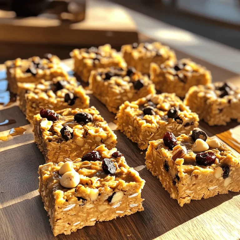 - 1 cup rolled oats - 1/2 cup creamy natural peanut butter - 1/4 cup honey or pure maple syrup - 1/4 cup chocolate chips (dark or milk) - 1/4 cup chopped nuts (almonds or walnuts) - 1/4 teaspoon fine sea salt - 1 teaspoon pure vanilla extract - Optional: 1/4 cup dried fruit (raisins or cranberries) To make these bars, you need a few simple items found in most kitchens. The rolled oats form the base, providing texture and health benefits. Natural peanut butter adds creaminess and protein, while honey or maple syrup acts as a sweetener. Chocolate chips give a nice touch of sweetness. I prefer dark chocolate for a rich flavor. Chopped nuts add crunch and healthy fats. Sea salt balances the sweetness, and vanilla extract enhances the overall taste. If you want something fruity, try adding dried fruit like raisins or cranberries. They add a chewy texture and a bit of flavor. You can mix and match these ingredients to suit your taste. 1. In a large bowl, add 1 cup of rolled oats. 2. Sprinkle 1/4 teaspoon of fine sea salt over the oats. 3. Mix the oats and salt well to combine. 4. In a microwave-safe bowl, add 1/2 cup of creamy natural peanut butter and 1/4 cup of honey. 5. Heat this mixture in the microwave for 30 seconds. 6. Stir until it becomes smooth and easy to mix. 1. Pour in 1 teaspoon of pure vanilla extract. Stir well to blend. 2. Add the warm peanut butter mix to the oats. 3. Use a spatula or your hands to mix until all oats are coated. 4. Gently fold in 1/4 cup of chocolate chips, 1/4 cup of chopped nuts, and optional 1/4 cup of dried fruit. 5. Ensure each ingredient is evenly spread throughout the mixture. 1. Line an 8x8 inch baking dish with parchment paper for easy removal. 2. Transfer the oat mixture into the dish, pressing it down firmly. 3. Use your hands or a spatula to compact the mixture evenly. 4. Place the baking dish in the refrigerator for at least 1 hour. 5. Once set, lift the parchment paper to remove the slab from the dish. 6. Cut into bars or squares of your choice, and enjoy! This easy no-bake peanut butter oat bars recipe is quick and fun to make! - Mix Thoroughly: When combining the oats with the peanut butter mix, make sure to mix well. Use your hands or a spatula to ensure all oats are coated. This step ensures every bite is tasty. - Press Firmly: After adding the mixture to your baking dish, press down firmly. This helps the bars hold together well. A solid layer helps keep them from crumbling later. - Chill Time: Allow the bars to chill for at least one hour. This time lets them firm up nicely. If you're in a hurry, you can freeze them for 20-30 minutes instead. Just make sure to check for firmness. - Colorful Serving: Serve your bars on a bright plate. The contrast makes them pop and look more inviting. - Garnish for Flavor: Drizzle extra peanut butter on top. A sprinkle of sea salt adds a nice touch too. You can also top with a few chocolate chips for that extra wow factor. - Cut with Care: Use a sharp knife to cut the bars. This will give you clean edges and a nice look. You can also wrap them in parchment for a cute presentation. {{image_4}} You can mix things up with different nut butters. Try almond or cashew instead of peanut butter. Each nut butter brings a unique taste. You can also play with sweeteners. Use agave syrup or stevia instead of honey or maple syrup. This gives your bars a different sweetness profile. Want to boost nutrition? Add seeds like chia or flaxseed. They pack a punch of healthy fats and fiber. You can also spice things up with cinnamon or nutmeg. These spices add warmth and depth to your bars. Mix and match these options to find your favorite flavors. To keep your no-bake peanut butter oat bars fresh, store them in an airtight container. This helps prevent them from drying out. Ideally, place parchment paper between layers if you stack them. This keeps the bars intact and easy to grab. For the best taste, eat the bars within one week. If you want to save them for later, you can freeze the bars. First, cut them into squares. Then, wrap each square in plastic wrap. Place the wrapped bars in a freezer-safe bag. They can stay in the freezer for up to three months. To serve, take out the bars and let them thaw in the fridge for a few hours. Enjoy them cold or at room temperature for the best flavor. Yes, you can use crunchy peanut butter. It adds a fun texture to the bars. The pieces of peanuts give each bite extra crunch. Just make sure it is natural and smooth enough to mix well. These bars last up to one week in the fridge. Store them in an airtight container. This keeps them fresh and tasty for snacking. If you want to keep them longer, consider freezing them. Absolutely! These bars are great for kids. They are easy to make and fun to eat. The peanut butter and honey provide energy. Plus, kids can help mix and press the ingredients. Yes, you can make these bars vegan. Simply swap honey for pure maple syrup. This keeps the sweetness while making it plant-based. Always check that your chocolate chips are dairy-free. You can try using dark chocolate chips for a richer flavor. Or, you could use cacao nibs for a less sweet option. Chopped nuts also add a nice crunch without added sugar. Dried fruits like raisins or cranberries can also be a sweet touch. You now know how to make tasty no-bake peanut butter oat bars. By using simple ingredients like oats, peanut butter, and honey, you can create a healthy snack. Remember to mix well and give them time to chill for the perfect texture. Feel free to try different flavors or add-ins to suit your taste. Store them properly, and they will stay fresh. With these tips, you can enjoy a fun treat that is good for you! Enjoy your homemade bars!