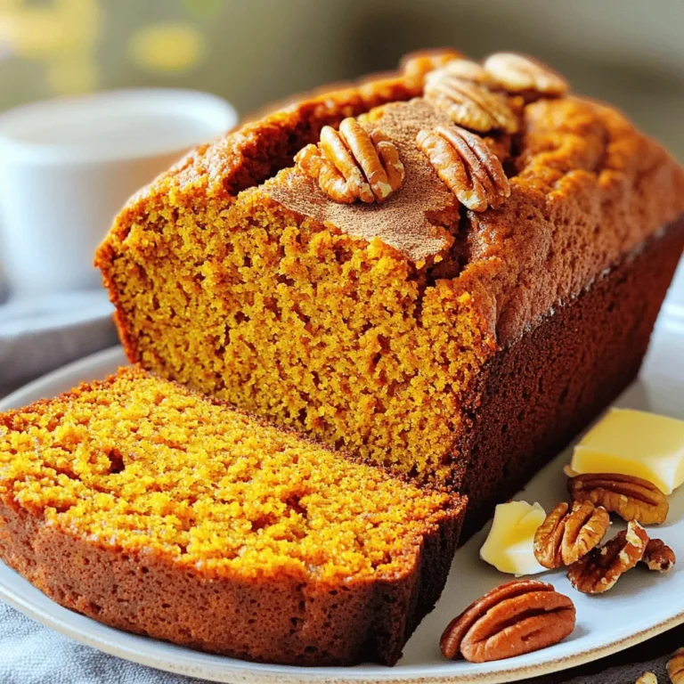 To make cake mix pumpkin bread, you need: - 1 box yellow cake mix - 1 cup canned pumpkin puree - 1/2 cup vegetable oil - 3 large eggs - 1 teaspoon ground cinnamon - 1/2 teaspoon ground nutmeg - 1/2 teaspoon ground ginger - 1/4 teaspoon ground cloves - Pinch of salt These ingredients work together to create a moist and flavorful bread. The yellow cake mix serves as a great base. The pumpkin puree adds moisture and a lovely flavor. The spices bring warmth and richness to each bite. You can customize your bread by adding: - 1/2 cup chopped walnuts or pecans - 1/2 cup chocolate chips Both of these options give your bread a fun twist. Walnuts or pecans add crunch, while chocolate chips add sweetness. You can mix and match these add-ins based on your taste. If you don’t have certain ingredients, here are some swaps: - Use olive oil instead of vegetable oil. - Try almond flour instead of cake mix for a gluten-free option. - Use flax eggs if you need an egg substitute. These alternatives help you make the bread work for your needs. Just keep the same measurements for the best results. Start by preheating your oven to 350°F (175°C). Next, get a 9x5 inch loaf pan. Grease the pan with butter and dust it with flour. You can also line it with parchment paper. This makes it easy to take out the bread once it is baked. In a large mixing bowl, add the yellow cake mix, canned pumpkin puree, vegetable oil, and large eggs. Use a hand mixer or a whisk to blend these ingredients. You want a smooth and even batter. Then, add the spices: cinnamon, nutmeg, ginger, cloves, and a pinch of salt. Stir well to mix the spices throughout the batter. If you want some crunch or sweetness, fold in chopped walnuts or pecans and chocolate chips. Pour the batter into the greased loaf pan. Use a spatula to smooth the top. Place the loaf pan in the oven and bake for 50-60 minutes. Check if the bread is done by inserting a toothpick into the center. If it comes out clean, your bread is ready. Once baked, take it out and let it cool in the pan for about 10 minutes. Then, move the bread to a wire rack to cool completely. This step is key for the best texture. To make your pumpkin bread moist, use canned pumpkin puree. It has the right texture. Add oil to the mix; it keeps the bread soft. Eggs are also key. They help bind everything together. Don't overmix your batter. Just stir until combined. This keeps the bread light and fluffy. Finally, bake it until a toothpick comes out clean. This shows it’s done without being dry. One common mistake is using fresh pumpkin instead of canned. Fresh can lead to a watery bread. Another mistake is not measuring the oil and eggs correctly. Too little can make the bread dense. Always preheat your oven before baking. If not, the bread may not rise well. Lastly, avoid opening the oven door too early. This can cause your bread to sink. Serve your pumpkin bread warm for the best taste. A pat of butter or cream cheese adds richness. You can also sprinkle cinnamon on top for extra flavor. Adding pecan halves as a garnish makes it look nice too. Pair it with coffee or tea for a cozy treat. Enjoying it fresh makes each bite delightful! {{image_4}} If you want a gluten-free version of cake mix pumpkin bread, use a gluten-free cake mix. Many brands offer great options that work well. Just make sure to check the label. You can also swap regular flour with almond or coconut flour. Adjust the amount of liquid slightly. This keeps the bread moist and tasty. To spice things up, consider adding extra flavors. You can try cardamom for warmth. Allspice brings a unique twist. You might even add a hint of cayenne for a bit of heat. Just remember to keep it balanced. You want the pumpkin flavor to shine through while enhancing the overall taste. Get creative with mix-ins to make your pumpkin bread special. Here are some ideas: - Dried fruits: raisins or cranberries add a sweet bite. - Nuts: chopped pecans or walnuts add crunch. - Chocolate: try white chocolate chips for a creamy touch. - Seeds: pumpkin seeds can give a fun texture. Feel free to experiment with these options. Each will give your pumpkin bread its own personality. To keep your pumpkin bread fresh, wrap it in plastic wrap. This helps seal in moisture. You can also place it in an airtight container. Store it at room temperature for up to four days. If you want to keep it longer, refrigeration is an option. However, it may dry out a bit. Freezing is great for longer storage. First, let your pumpkin bread cool completely. Then, wrap it tightly in plastic wrap. After that, place it in a freezer bag. Label the bag with the date. It can last up to three months in the freezer. When you're ready to eat it, just thaw it in the fridge overnight. To enjoy your pumpkin bread warm, slice a piece. You can reheat it in the microwave for about 15-20 seconds. If you prefer a crispy exterior, toast it in a toaster oven. This keeps the edges nice and crunchy. Enjoy your pumpkin bread just like fresh! Yes, you can use different types of cake mix. This pumpkin bread works well with spice or chocolate cake mix. Each type will change the flavor a bit but will still taste great. Just remember to keep the pumpkin and oil the same. The pumpkin bread lasts about 3 to 4 days at room temperature. Store it in an airtight container to keep it fresh. If you want it to last longer, you can freeze it for up to 3 months. Just wrap it well to avoid freezer burn. You can use several options as egg substitutes. For each egg, try 1/4 cup of unsweetened applesauce or 1/4 cup of mashed banana. You can also use a flax egg made from 1 tablespoon of ground flaxseed mixed with 2.5 tablespoons of water. Let it sit for a few minutes to thicken. You’ve learned how to make delicious cake mix pumpkin bread with helpful tips and variations. Remember the key ingredients, mixing steps, and storage tips for the best results. Avoid common mistakes to keep your bread moist and flavorful. With your newfound knowledge, you can explore endless flavors and options. Enjoy baking and sharing your tasty creations with others. Your pumpkin bread can impress anyone who tries it. Happy baking!