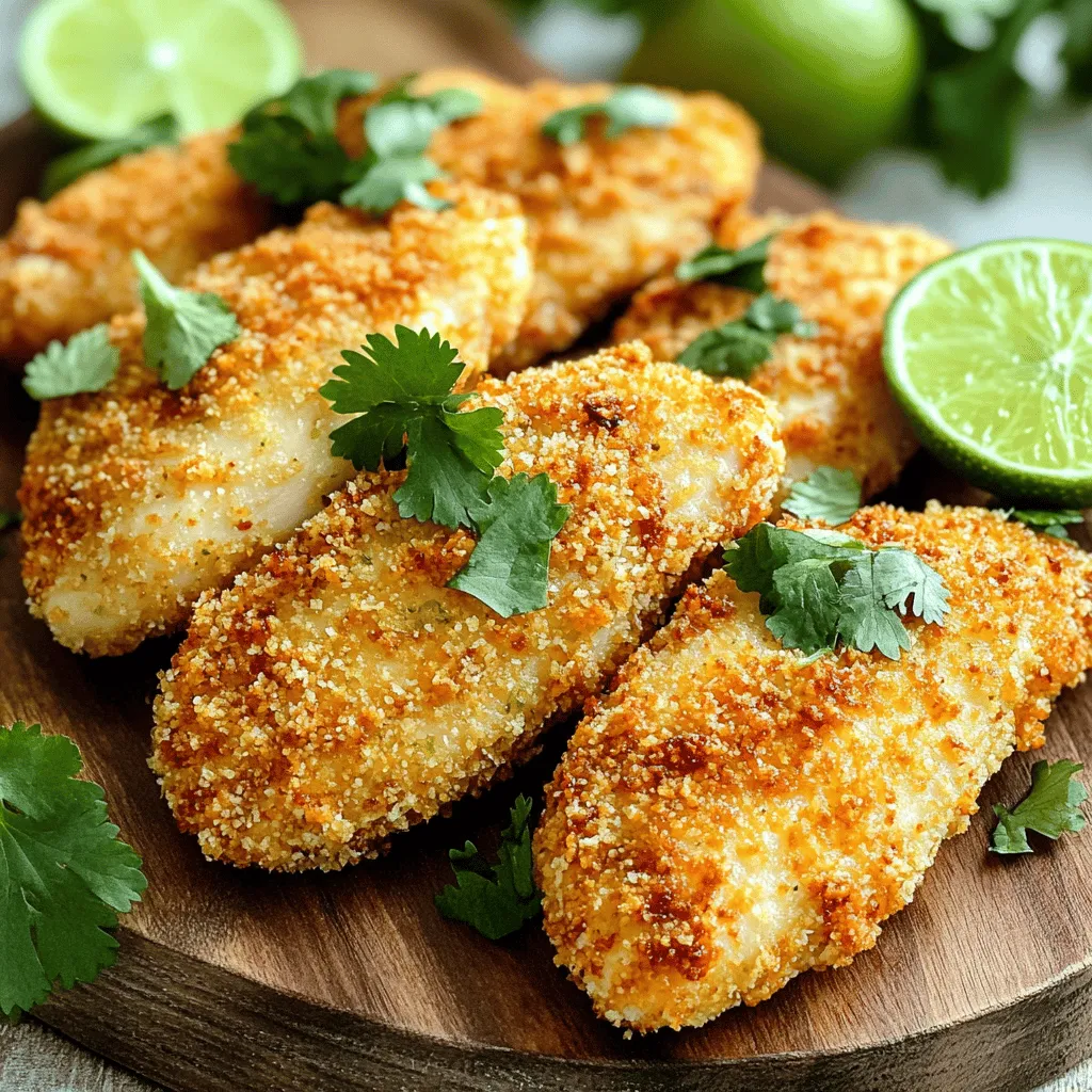 For this dish, you need the following items: - 1 lb chicken tenderloins - Juice of 2 fresh limes - Zest of 1 lime - 1 tablespoon extra virgin olive oil - Salt and freshly ground black pepper to taste The chicken tenderloins are key for their tender and juicy bite. The lime juice adds a bright tang, while the zest gives it a punch. Olive oil helps keep the chicken moist. The spice blend kicks up the flavor. Here’s what you need: - 2 tablespoons chili powder - 1 teaspoon garlic powder - 1 teaspoon onion powder - 1 teaspoon paprika - 1 teaspoon ground cumin This mix brings warmth and depth to your chicken. Chili powder adds heat, while garlic and onion powders give a savory touch. Paprika brings color, and cumin adds an earthy note. For that crispy outside, gather these ingredients: - 1 cup breadcrumbs (panko is best for crunch) - Fresh cilantro leaves for garnishing - Lime wedges for serving The breadcrumbs provide the crunch you want. Panko is lighter and crisps up well. Cilantro adds freshness, and lime wedges enhance the zesty flavor at serving. This combination makes the air fryer chili lime chicken tenders a juicy delight. To start, gather your spices. In a large bowl, mix together: - 2 tablespoons chili powder - 1 teaspoon garlic powder - 1 teaspoon onion powder - 1 teaspoon paprika - 1 teaspoon ground cumin - Salt and freshly ground black pepper to taste Stir these spices well. This mix will give your chicken a bold, zesty flavor. Make sure every spice blends evenly. Next, add 1 pound of chicken tenderloins to the spice mix. Toss the chicken until every piece gets coated. This step is important for flavor. Now, squeeze the juice of 2 fresh limes over the chicken. Add the zest of 1 lime and 1 tablespoon of olive oil. Mix everything together well. Let the chicken marinate for at least 15 to 20 minutes. This allows the flavors to soak into the meat. Preheating the Air Fryer Before cooking, preheat your air fryer to 400°F (200°C). This usually takes about 5 minutes. Preheating helps achieve that crispy texture we all love. Coating the Chicken with Breadcrumbs While the air fryer heats up, prepare 1 cup of breadcrumbs in a shallow dish. After marinating, take the chicken out of the bowl. Dip each tender into the breadcrumbs. Press gently so they coat evenly. Cooking Time and Temperature Settings Once preheated, place the chicken tenders in the fryer basket in a single layer. If you have many tenders, cook them in batches. Air fry for 10 to 12 minutes. Flip them halfway through cooking. The tenders should turn golden brown and reach an internal temperature of 165°F (74°C). After cooking, let the chicken rest for a few minutes. This keeps them juicy. Serve with fresh cilantro and lime wedges for a zesty touch! To get the best flavor, marinate the chicken for at least 20 minutes. The longer you let it sit, the better the taste. Use fresh lime juice and zest for real flavor. This gives the chicken a bright, zesty kick. Always make sure every piece of chicken is coated well in the marinade. You can even marinate overnight for a deeper flavor! For that perfect crunch, use panko breadcrumbs. They are lighter and crispier than regular breadcrumbs. Before coating the chicken, make sure it's dry. This helps the breadcrumbs stick better. When you air fry, do not overcrowd the basket. This allows hot air to circulate and creates a crispy crust. Flip the chicken halfway through cooking to ensure even crispiness. One common mistake is not preheating the air fryer. This step is key for a crispy texture. Also, avoid skipping the marination step. It makes a big difference in flavor. Do not use too much oil when coating the chicken. A light drizzle is enough. Finally, ensure the chicken reaches an internal temperature of 165°F to keep it safe and juicy. {{image_4}} If you want more heat, try using cayenne pepper instead of chili powder. It adds a nice kick. You can also mix in chipotle powder for a smoky flavor. Just start with a small amount, then add more to taste. Want to change the taste? Use herbs like oregano or thyme. They can add new layers of flavor. You can also add some honey for sweetness or soy sauce for a savory twist. Each option gives a unique spin on the dish. If you need a gluten-free choice, use crushed gluten-free crackers. They work well and offer a nice crunch. You can also use almond flour or cornmeal as an alternative. Both options help keep the tenders crispy while fitting your dietary needs. To store leftover chicken tenders, place them in an airtight container. Make sure to let them cool down first. You can keep them in the fridge for up to three days. If you want to keep them longer, consider freezing them. When you reheat your chicken tenders, use the air fryer. Set it to 350°F (175°C) for about 5-6 minutes. This method helps keep the chicken crispy. You can also use the oven. Just cover them with foil and bake at 350°F (175°C) for around 10-15 minutes. Avoid using the microwave as it can make them soggy. For long-term storage, freeze the chicken tenders. First, let them cool completely. Then, wrap each piece in plastic wrap. Place the wrapped tenders in a freezer bag. They can last for up to three months in the freezer. To use, thaw them in the fridge overnight before reheating. To keep the chicken tenders juicy, marinate them well. Use lime juice and zest for flavor. Allow them to soak for at least 15-20 minutes. This helps the chicken absorb moisture and spices. Cooking them in the air fryer at 400°F (200°C) also seals in juices, giving you a tender bite. Yes, you can use chicken breasts. Slice them into strips about the size of tenders. This will help them cook evenly. Remember, they may take a bit longer to cook. Check the internal temperature to reach 165°F (74°C) for safe eating. The flavor will still shine through! A few great options include: - Avocado ranch: Creamy and cool. - Chipotle mayo: Adds a nice kick. - Honey mustard: Sweet and tangy. - Salsa: Fresh and vibrant. These sauces will complement the spice and lime flavor. Enjoy dipping! You learned how to make tasty chili lime chicken tenders today. We covered the right ingredients, marinade techniques, and air frying steps. I also shared tips for crispiness and storage options. Now you're ready to create a fun meal for family or friends. Enjoy the cooking process and explore different flavor ideas. Your chicken tenders will impress. Happy cooking!