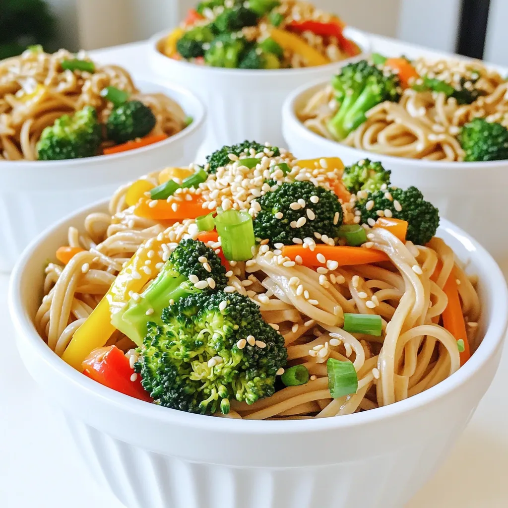 For this dish, you need 8 ounces of soba noodles. Soba noodles are made from buckwheat. They add a nutty flavor and great texture. Cook them according to the package instructions. Rinse them well under cold water. This step keeps them firm and prevents sticking. You will need a mix of fresh vegetables for color and crunch. Here’s what to gather: - 1 cup broccoli florets - 1 bell pepper, thinly sliced (choose your favorite color) - 1 medium carrot, julienned - 2 green onions, chopped These vegetables add nutrition and a variety of textures. They cook quickly and stay crisp. The sauce ties all the flavors together. Here’s what you need: - 2 tablespoons sesame oil - 2 tablespoons soy sauce (or tamari for a gluten-free option) - 1 tablespoon rice vinegar - 1 tablespoon honey or maple syrup (for a touch of sweetness) - 1 tablespoon sesame seeds - Salt and pepper to taste This sauce is simple to make. It brings a balance of salty, sweet, and umami flavors. First, cook the soba noodles. Use a pot of boiling water. Follow the package directions for timing. Once they are tender, drain them. Rinse the noodles under cold water. This stops the cooking and keeps them firm. Set them aside in a colander. Next, heat sesame oil in a large skillet. Use medium heat until the oil shimmers. Add the minced garlic. Sauté it for about 30 seconds. Stir often to keep it from burning. You want the garlic to smell nice, not brown. Now, add the broccoli, bell pepper, and carrot. Stir-fry these veggies for about 4 to 5 minutes. Toss them often. You want the colors bright and the veggies tender but still crisp. This keeps the dish fresh and tasty. In a small bowl, mix the soy sauce, rice vinegar, honey, and a pinch of salt and pepper. Whisk them together until smooth. This sauce brings all the flavors together. It adds a nice kick to the dish. Add the cooked soba noodles to the skillet. Pour the sauce over them and the veggies. Gently toss everything together. Heat it all for about 2 to 3 minutes. Make sure it is warm and mixed well. Sprinkle sesame seeds and chopped green onions on top. Toss lightly to spread them out. This adds a nice crunch. Serve the Garlic Sesame Soba Bowls warm. Use individual bowls and add fresh cilantro if you like. It adds color and flavor. Enjoy your meal! To cook soba noodles correctly, follow the package guide. Boil water in a pot, then add the noodles. Stir them to prevent sticking. Cook for about 5-7 minutes. Once done, drain and rinse under cool water. This stops the cooking and keeps them firm. Add more flavor to your Garlic Sesame Soba Bowls easily. Try adding a splash of lime juice for a zesty kick. You can also toss in some crushed red pepper for heat. For a richer taste, use toasted sesame oil instead of regular. If you need swaps, there are many options. For soba noodles, use whole wheat or rice noodles if preferred. Instead of sesame oil, olive oil works too. You can replace honey with agave syrup for a vegan choice. Swap fresh cilantro with basil for a different herb flavor. {{image_4}} You can add protein to your Garlic Sesame Soba Bowls easily. Chicken, shrimp, or tofu work great. For chicken, slice it thin and cook it in the garlic oil. For shrimp, just add them to the pan when you cook the veggies. If you prefer tofu, press it to remove water, then cube and sauté until golden. These proteins boost flavor and make the meal heartier. To keep the dish gluten-free, use tamari instead of soy sauce. Tamari has a similar taste but is made without wheat. You can also use rice noodles or quinoa instead of soba noodles. Both are great choices and keep your meal gluten-free. This way, everyone can enjoy a tasty bowl. For a vegan twist, swap honey for maple syrup. This simple change keeps the dish sweet and plant-based. Ensure your soy sauce or tamari is vegan, as some brands may use animal products. Using a mix of veggies like mushrooms or snap peas can also add depth and flavor. These swaps make the dish perfect for any plant-based eater. After you make your Garlic Sesame Soba Bowls, let them cool. Place the bowls in an airtight container. Store them in the fridge for up to three days. This keeps the flavors fresh and ready for you to enjoy later. You can freeze the soba bowls if you want to keep them longer. Put them in freezer-safe containers. Make sure to leave some space at the top for expansion. They can last up to a month in the freezer. Just remember, the veggies may lose some crunch after freezing. To reheat, start with the fridge option. Take the container out and let it sit for a few minutes. Then, you can microwave it for about two minutes. Stir halfway through to heat evenly. If you froze them, thaw them in the fridge overnight. Then, use the microwave or a skillet to warm them up. Add a splash of water or extra sauce if they seem dry. Enjoy your meal again! Yes, you can use other noodles. Rice noodles or udon noodles work well. Just cook them as the package says. Soba noodles have a unique flavor, but others can still taste great. To add spice, you can use red pepper flakes. Start with a small amount, then add more to taste. You can also add sliced fresh chili peppers while cooking the vegetables. A splash of hot sauce can also pack a punch! These bowls pair well with a side salad. A simple cucumber salad adds a nice crunch. You can also serve them with grilled chicken or tofu for protein. Steamed edamame is another tasty option. Enjoy your meal! In this blog post, we explored making delicious Garlic Sesame Soba Bowls. We covered choosing the right soba noodles, sautéing veggies, and preparing a tasty sauce. I shared helpful tips for perfect noodles and options for gluten-free and vegan diets. Remember to store leftovers properly and try adding different proteins. Enjoy creating your own unique versions of this dish. With these steps and tips, you can make healthy meals that everyone loves. Happy cooking!