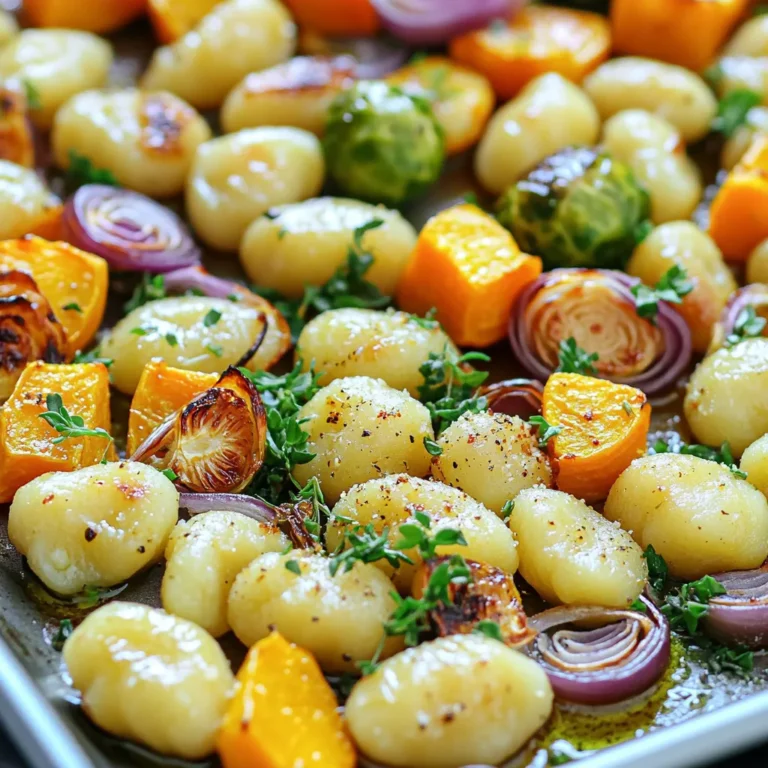 When I make Savory Sheet-Pan Gnocchi with Roasted Fall Vegetables, I gather a few key ingredients that create a delightful dish. - 1 pound potato gnocchi (store-bought or homemade) - 1 medium butternut squash, peeled and diced into 1-inch cubes - 2 cups Brussels sprouts, trimmed and halved - 1 medium red onion, cut into wedges - 3 cloves garlic, minced - 3 tablespoons extra-virgin olive oil - 1 teaspoon dried thyme - 1 teaspoon smoked paprika - Sea salt and freshly cracked black pepper to taste - ¼ cup grated Parmesan cheese (optional) - Fresh parsley, chopped, for garnish Each of these ingredients brings unique flavors and textures to the dish. The potato gnocchi adds a soft, chewy element. The butternut squash offers a sweet taste that pairs well with the earthy Brussels sprouts. Red onion adds a bit of sharpness, while garlic gives depth. I use extra-virgin olive oil to coat the veggies. It helps them roast nicely. Dried thyme and smoked paprika enhance the autumn flavors. I often finish with Parmesan cheese for richness and parsley for freshness. These ingredients make the dish colorful, tasty, and comforting. It’s a perfect meal for cozy fall evenings. 1. Preheat your oven to 425°F (220°C). This step is key for great roasting. 2. Line a large sheet pan with parchment paper. It stops sticking and helps with cleanup. 3. In a large mixing bowl, add the diced butternut squash, halved Brussels sprouts, and red onion wedges. 4. Mince the garlic and toss it in with the vegetables. This blend gives great flavor. 5. Drizzle the olive oil over the veggies. Then sprinkle the dried thyme, smoked paprika, sea salt, and black pepper. 6. Use your hands or a spatula to mix everything well. Each piece should be coated. 1. Spread the seasoned vegetables on one side of the sheet pan. Keep them in a single layer for even cooking. 2. On the other side, add the potato gnocchi. Drizzle a little olive oil on them and add a pinch of salt and pepper. 3. Place the sheet pan in the oven. Roast for 20 to 25 minutes. Stir halfway through for even roasting. 4. You're looking for tender veggies and golden-brown gnocchi. This adds a nice texture. 1. If you want cheese, sprinkle the Parmesan over the veggies and gnocchi in the last 5 minutes. This creates a tasty crust. 2. Once done, carefully take the pan out of the oven. Let it cool slightly. 3. Before serving, add chopped parsley on top for a fresh touch. To get the best results, you want even cooking and caramelization. Start by cutting your vegetables into similar sizes. This helps them cook evenly. For this recipe, aim for 1-inch cubes for butternut squash and halved Brussels sprouts. Use a large sheet pan to allow space between the veggies. This prevents steaming and promotes browning. The right oven temperature is key. Preheat your oven to 425°F (220°C). This high heat helps caramelize the sugars in the vegetables, giving them a rich flavor. Roast the veggies for 20 to 25 minutes. Stir halfway through. This ensures all sides cook well and gain that golden crust. If the veggies look brown and tender, they are ready. To boost flavor, adjust your seasonings. I love using smoked paprika for its warm, rich taste. You might add more or less based on your preference. Sea salt and cracked black pepper can also enhance the dish. Consider alternative toppings, too. A sprinkle of feta cheese can add a tangy twist. You can also try adding crushed red pepper for heat. Fresh herbs like thyme or rosemary can elevate the flavors further. For garnishing, fresh parsley adds a pop of color and freshness. It also brings a bright taste to the dish. Feel free to get creative and mix in your favorite flavors! {{image_4}} You can swap seasonal vegetables based on what you have. For example, try sweet potatoes or carrots. They add sweetness and flavor. You can also use cauliflower or zucchini for a lighter taste. If you have leftover veggies, toss them in! Roasted veggies from last night’s dinner work well. Just make sure to adjust cooking times. Soft veggies need less time in the oven. For a gluten-free option, look for gluten-free gnocchi at the store. You can also make your own using almond flour or chickpea flour. This adds a unique twist to the dish. Want to boost the flavor? Add some cheese to the gnocchi before roasting. A sprinkle of feta or goat cheese can work wonders. You could also mix in some fresh herbs like basil or oregano for extra zest. After enjoying your savory sheet-pan gnocchi, store leftovers in an airtight container. Make sure to cool them to room temperature first. Refrigerate them promptly to keep them fresh. You can safely store the dish for up to three days in the fridge. When you want to reheat, place the gnocchi and vegetables in a pan over medium heat. Add a splash of olive oil to prevent sticking. Stir gently until heated through, usually about 5-7 minutes. To freeze this dish, let it cool completely before packing. Use a freezer-safe container or resealable bag. Make sure to remove excess air to avoid freezer burn. You can freeze the gnocchi and vegetables for up to three months. When you're ready to eat, thaw it overnight in the fridge. Reheat in a skillet or oven for the best texture. If you want to maintain the gnocchi's soft bite, avoid microwaving them directly from frozen. Can I use frozen gnocchi for this recipe? Yes, you can use frozen gnocchi. Just add them directly to the pan without thawing. They will cook well with the vegetables. How do I know if the vegetables are properly roasted? The vegetables should be tender and have a golden brown color. You can poke them with a fork to check for softness. What other seasonings can I use besides thyme and paprika? You can try rosemary, oregano, or even a bit of chili powder for heat. Each will add a unique flavor. What if my gnocchi is overcooked? If your gnocchi is overcooked, they may become mushy. Next time, reduce the roasting time to keep them firm. Tips to avoid soggy vegetables on the sheet pan To avoid soggy vegetables, make sure they are cut evenly. Also, leave space between them on the pan for air flow. This blog post shared a simple, tasty gnocchi dish with seasonal veggies. We covered key ingredients, from the gnocchi to fresh vegetables and seasonings. I guided you through preparation, cooking techniques, and final touches like cheese and parsley. Plus, you learned tips to enhance flavors and variations to explore. Remember, you can make this meal your own by swapping ingredients or adjusting flavors. With easy storage tips, you can enjoy leftovers too. Dive into this dish and impress yourself at home!