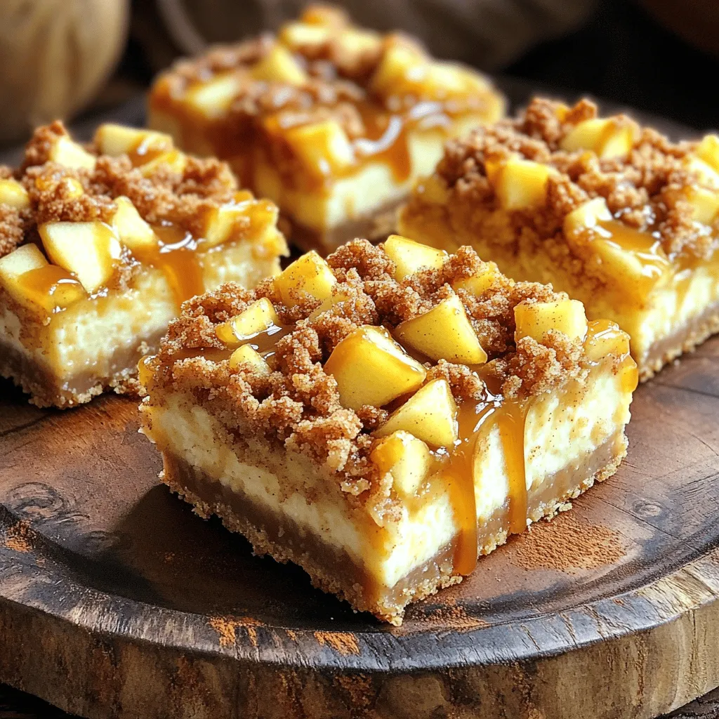 - 1 and 1/2 cups graham cracker crumbs - 1/2 cup unsalted butter, melted - 1/4 cup brown sugar - 1 teaspoon ground cinnamon - 16 oz cream cheese, softened - 1/2 cup granulated sugar - 1/4 cup sour cream - 2 large eggs - 1 teaspoon vanilla extract - 2 cups peeled and diced apples (about 2 medium apples) - 1 tablespoon lemon juice - 1/4 cup brown sugar - 1 teaspoon ground cinnamon - 1 tablespoon cornstarch - 1/2 cup all-purpose flour - 1/2 cup rolled oats - 1/4 cup brown sugar - 1/4 cup unsalted butter, cold and cubed - 1 teaspoon ground cinnamon - 1/2 cup caramel sauce (store-bought or homemade) Gather these ingredients for a tasty treat. Each part adds a unique flavor. The crust gives a sweet crunch. The cheesecake is creamy and rich. The apple filling adds freshness. The streusel adds texture, while the caramel drizzle brings sweetness. You can mix and match these flavors to create your own version. Enjoy the process and the delicious outcome. - Preheat your oven to 350°F (175°C). - In a large bowl, mix 1 and 1/2 cups of graham cracker crumbs, 1/2 cup of melted unsalted butter, 1/4 cup of brown sugar, and 1 teaspoon of cinnamon. - Press this mixture evenly into the bottom of a 9x13 inch baking pan. - In a mixing bowl, blend 16 oz of softened cream cheese with 1/2 cup of granulated sugar until smooth. - Add 1/4 cup of sour cream, 2 large eggs, and 1 teaspoon of vanilla extract. Mix well until fully combined. - Pour this cheesecake mixture over the cooled crust. - In a separate bowl, mix 2 cups of peeled and diced apples with 1 tablespoon of lemon juice, 1/4 cup of brown sugar, 1 teaspoon of cinnamon, and 1 tablespoon of cornstarch. - Stir until the apples are well coated, then spread the apple filling evenly over the cheesecake layer. - In a small bowl, combine 1/2 cup of all-purpose flour, 1/2 cup of rolled oats, 1/4 cup of brown sugar, 1/4 cup of cold unsalted butter, and 1 teaspoon of cinnamon. - Use your fingers or a pastry cutter to mix until crumbly. - Sprinkle this streusel topping evenly over the apples. - Bake the assembled bars in the preheated oven for 35-40 minutes, or until the streusel is golden brown and the cheesecake is set. - Let the bars cool in the pan for at least 30 minutes before cutting. - Once cooled, drizzle 1/2 cup of caramel sauce over the top of the bars. - For the best taste, refrigerate for at least 2 hours before serving. To ensure even baking, spread the cheesecake layer flat. This helps it cook evenly. Rotate the pan halfway through baking. This step helps avoid hot spots in the oven. To check for doneness, look for a slight jiggle in the center. The edges should be firm but the center will still move a bit. Let the bars cool before slicing. This helps them set properly. For a vegan option, swap cream cheese with a plant-based version. Use flax eggs instead of regular eggs. You can also replace sour cream with coconut yogurt. For a gluten-free option, use gluten-free graham crackers. Almond flour can replace all-purpose flour in the streusel topping. Serve the bars on a decorative plate. Drizzle extra caramel sauce on top for a wow factor. A sprinkle of cinnamon adds a nice touch too. You can garnish each bar with thin apple slices. This adds color and freshness. These simple steps make your dessert look stunning and inviting. {{image_4}} You can make these bars fit any season. In fall, try adding cranberries. Their tartness pairs well with sweet apples. You can mix them into the apple filling for a fun twist. You can also use different fruits. Pears work nicely instead of apples. They bring a soft texture and sweet taste. Try berries for a summer treat. Use whatever is fresh and in season. Spices can change the flavor profile of your bars. Adding nutmeg or allspice gives warmth to the cheesecake. Just a pinch can make a big difference. You can also experiment with flavored cream cheese. Try using strawberry or pumpkin cream cheese for a unique taste. This will add depth to the bars. Adding nuts to the streusel topping can give a nice crunch. Chopped walnuts or pecans work well. This adds a nutty flavor and extra texture. You can also use shortbread for the crust. It will give a buttery and crisp base. The taste will be richer, adding more to your dessert experience. To keep your caramel apple streusel cheesecake bars fresh, store them in the fridge. Use an airtight container to prevent drying. Place a layer of parchment paper between the bars and the lid for extra protection. They will stay fresh for about five days this way. If you want to keep them longer, freezing works well. Cut the bars into squares and wrap each one tightly in plastic wrap. Then, place them in a freezer-safe bag. They can last up to three months in the freezer. Just remember to label the bag with the date! To enjoy your cheesecake bars warm, reheating is simple. Preheat your oven to 350°F (175°C). Place the bars on a baking sheet lined with parchment paper. Heat them for about 10 minutes or until warm. You can also use the microwave. Heat each bar for about 20-30 seconds. Check to make sure they do not get too hot. These bars taste best when eaten fresh, but they have a decent shelf life. Ideally, enjoy them within five days if stored in the fridge. After that, the texture may change, and they might lose some flavor. Watch for any signs of spoilage. If you see mold or notice an off smell, it’s best to throw them away. Keeping them stored properly helps prevent spoilage and keeps them delicious! You can tell the bars are done when the streusel is golden brown. The cheesecake layer should be firm but not jiggly. When you gently shake the pan, the center should slightly move but not wobble. This means it set well. Yes, you can make these bars ahead of time. After baking, let them cool. Cover them well and store in the fridge. They can last up to three days. For longer storage, freeze them. Just make sure to wrap them tightly. You can use pears instead of apples for a similar taste. Chopped peaches or berries work well too. Each fruit brings its own flavor, so feel free to try what you like best. To make caramel sauce, start with sugar and water. Heat in a pot over medium heat until it melts and turns golden. Remove from heat and carefully stir in butter and cream. Let it cool before using it on your bars. Yes, you can double the recipe easily. Use a larger baking pan to hold all the mix. Just keep an eye on the baking time, as it may take longer. Make sure to check for doneness like before. This recipe offers a great way to make delicious cheesecake bars. We covered all the steps from the crust to the caramel drizzle. Remember, you can customize the flavors and make it your own. Store leftovers properly to enjoy them later. Baking can be fun and creative, so don’t hesitate to experiment. With the right tips, you’ll impress everyone with your treats. Enjoy baking and sharing your tasty cheesecake bars!