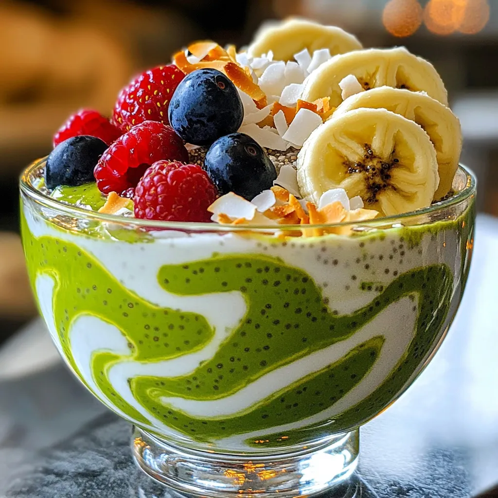 - 1 cup almond milk (or any milk of your choice) - 1/4 cup chia seeds - 2 tablespoons maple syrup (or honey) - 1 teaspoon pure vanilla extract - 1 tablespoon matcha powder - A pinch of sea salt - Fresh fruits for topping (such as mixed berries or banana slices) - Optional: Toasted coconut flakes for a delightful garnish Gather these ingredients to create your Matcha Vanilla Swirl Chia Pudding. Almond milk serves as a great base. You can swap it for any milk you prefer. Chia seeds are key; they give the pudding its unique texture. Sweeteners like maple syrup or honey add just the right amount of sweetness. Pure vanilla extract brings a warm, rich flavor. Matcha powder not only adds color but also gives your pudding a nice earthy taste. Just a pinch of sea salt balances the flavors. Fresh fruits like berries or bananas add a refreshing touch on top. If you want a crunchy finish, add toasted coconut flakes. With this list, you are ready to dive into a fun and healthy treat. Each ingredient adds something special, making this pudding a delightful experience. Start by pouring 1 cup of almond milk into a medium bowl. Then, add 1/4 cup of chia seeds, 2 tablespoons of maple syrup, and a pinch of sea salt. Use a whisk to mix it well. You want everything to blend smoothly. Let this mixture sit for 5 minutes. This time helps the chia seeds soak up the liquid. Once the 5 minutes are up, whisk the mixture again. This step breaks up any clumps of chia seeds. Now, cover the bowl tightly. Place it in the fridge for 1-2 hours, or overnight if you want it thicker. Chilling is key for a nice gel-like texture. After chilling, take the bowl from the fridge. Carefully divide the mixture into two bowls. In one bowl, add 1 teaspoon of pure vanilla extract. Stir gently until you see a creamy vanilla mix. In the second bowl, add 1 tablespoon of matcha powder. Whisk it in until the color is bright green and smooth. Now it’s time to serve! Grab some pretty cups. Layer the matcha and vanilla puddings alternately. Use a spoon to create a lovely swirl. Finish with fresh fruits or banana slices on top. For extra crunch, add toasted coconut flakes. Enjoy your tasty and pretty Matcha Vanilla Swirl Chia Pudding! To get the best chia pudding, chilling time is key. The longer the pudding sits, the thicker it becomes. Aim for at least two hours in the fridge, or overnight for the best results. Whisking is also important. When you first mix the almond milk, chia seeds, and other ingredients, it’s easy to have clumps. After five minutes, whisk again to break up these clumps. This helps create a smooth texture. If you want to enhance the flavor, try different sweeteners. Instead of maple syrup, you can use honey or agave syrup. You can also add spices like cinnamon or nutmeg for more depth. For toppings, fresh fruits work best. Mixed berries, banana slices, or even mango will add a nice touch. You can also sprinkle some toasted coconut flakes for extra crunch. Choosing the right cups can make your dish look fancy. Use clear glasses to show off the beautiful layers. Layering the pudding is an art. Alternate matcha and vanilla pudding in each cup. As you layer, use a spoon to gently swirl them together. This creates a stunning visual effect that will impress everyone! {{image_4}} You can easily make this pudding dairy-free and vegan. Here’s how: - Plant-based milk options: Use almond milk, coconut milk, or oat milk. Each option brings a unique taste. Almond milk adds a nutty flavor. Coconut milk gives a creamy texture. Oat milk is smooth and slightly sweet. - Vegan sweetening alternatives: Swap honey for maple syrup or agave nectar. Both options keep it plant-based. They offer sweetness without animal products. You can have fun with different flavors in your chia pudding. Here are a few ideas: - Adding cocoa powder for a chocolate version: Mix in 1-2 tablespoons of unsweetened cocoa powder. This adds a rich, chocolatey taste. It pairs well with the matcha. - Experimenting with different fruit toppings: Try fresh mango, kiwi, or peaches. These fruits add brightness and flavor. You can also mix berries for a colorful touch. Chia seeds are naturally gluten-free and nut-free. However, if you want to swap ingredients, consider these options: - Substitutes for chia seeds: You can use ground flaxseed or hemp seeds. Both provide similar texture and health benefits. They also add unique flavors. - Additional ingredient swaps: If you wish to avoid nuts, choose seed-based milk like sunflower seed milk. This keeps your pudding nut-free while adding great taste. To keep your Matcha Vanilla Swirl Chia Pudding fresh, use airtight containers. Glass jars work well, as they do not absorb any odors. Store the pudding in the fridge for up to 3 days. After that, the texture may change, and it might not taste as good. You can enjoy this pudding cold or at room temperature. If you like it warm, gently heat it on the stove or in the microwave. Just be careful not to overheat it. Yes, you can freeze chia pudding! To freeze, place it in freezer-safe containers. Leave some space at the top, as it may expand. To thaw, move it to the fridge overnight. Stir well before serving to restore its creamy texture. Matcha is packed with antioxidants. These help fight free radicals in the body. It also boosts your metabolism. This means you burn calories faster and feel energized. Yes, you can make chia pudding ahead of time. It works best if you chill it for at least 1-2 hours. For a thicker texture, let it sit overnight. This way, the chia seeds absorb more liquid. To cut calories, try using less sweetener. You can reduce maple syrup or honey by half. Using unsweetened almond milk also helps. You can skip the toasted coconut flakes too. Matcha is safe for most people. However, some may be sensitive to caffeine. If you have anxiety or heart issues, check with a doctor first. Pregnant women should also be cautious and consult a healthcare provider. In this article, we explored making a delicious matcha chia pudding. We covered key ingredients, step-by-step instructions, and a variety of tips to enhance your dish. Remember, chilling is vital for the right texture. You can customize flavors and toppings to suit your taste. This pudding is not just tasty; it also holds many health benefits. Enjoy this easy recipe for a nutritious treat anytime!