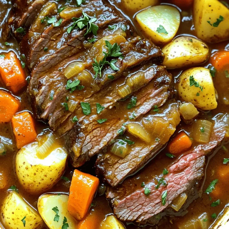 - 3 pounds chuck roast - 4 large carrots, peeled and cut into 2-inch chunks - 3 large potatoes, peeled and diced into 1-inch pieces - 1 large onion, quartered - 4 cloves garlic, minced - 2 cups beef broth - 2 tablespoons tomato paste - 1 teaspoon dried thyme - 1 teaspoon dried rosemary - 1 bay leaf - Salt and freshly ground black pepper to taste - 2 tablespoons olive oil Using the right ingredients makes a big difference. Chuck roast is my go-to choice. It becomes tender and juicy when cooked slowly. The carrots and potatoes add color and sweetness. They soak up all those tasty juices. Onion and garlic give a nice, rich flavor to the dish. For the sauce, beef broth is key. It adds depth and richness. Tomato paste brings a hint of acidity. Thyme and rosemary offer a warm, earthy taste. A bay leaf ties the flavors together. Don’t forget salt and pepper to season everything well. Olive oil helps with searing the roast to lock in those flavors. Gather all these ingredients before you start cooking. This way, your pot roast will turn out perfect and delicious every time! 1. Season the roast: Start by sprinkling salt and freshly ground black pepper on both sides of the chuck roast. This adds flavor and helps to enhance the meat's taste. 2. Sear the roast: Heat 2 tablespoons of olive oil in a large skillet over medium-high heat. Once the oil shimmers, add the roast. Sear it for about 4-5 minutes on each side until it forms a rich brown crust. This step locks in the juices and boosts the flavor. 3. Prepare the vegetables: In your slow cooker, layer 4 large carrots (peeled and cut into 2-inch chunks), 3 large potatoes (peeled and diced into 1-inch pieces), 1 large onion (quartered), and 4 cloves of minced garlic. This mixture creates a tasty base for the roast. 1. Whisk sauce ingredients: In a medium bowl, combine 2 cups of beef broth, 2 tablespoons of tomato paste, 1 teaspoon of dried thyme, and 1 teaspoon of dried rosemary. Add salt and pepper to taste. Whisk until everything is well blended. 2. Combine all ingredients in the slow cooker: Place the seared chuck roast on top of the prepared vegetables. Pour the sauce mixture over the roast and veggies. Make sure the roast is covered. Toss in 1 bay leaf for extra flavor. 3. Slow cook timings: Cover the slow cooker and set it to low for 8-10 hours or to high for 4-6 hours. The roast is done when it is fork-tender, and the veggies are soft and cooked through. Searing the meat is key for great flavor. It locks in juices and adds depth. Heat olive oil in a skillet over medium-high heat. Add the chuck roast and sear for 4-5 minutes on each side. You want a nice, brown crust. For seasoning, use salt and freshly ground black pepper. Season the roast well on both sides. Feel free to add dried herbs like thyme and rosemary to boost flavor. A good mix will make your meal sing. When using a slow cooker, choose between low and high settings. Low cooks for 8-10 hours and gives a tender roast. High cooks for 4-6 hours but may not be as juicy. Check your pot roast for doneness. It should be fork-tender when ready. An easy way to check is to use a fork and twist. If it pulls apart easily, it’s done. This ensures you get that perfect, melt-in-your-mouth texture. {{image_4}} You can change up the veggies to keep things fresh. Try adding parsnips, turnips, or even sweet potatoes. Each swap brings a new taste and texture to your pot roast. If you want to switch the meat, go for brisket or round roast. These cuts also work well in a slow cooker and can give you different flavors. Adding red wine or balsamic vinegar can boost the taste. A splash of red wine adds depth and richness. Balsamic vinegar brings a sweet tang that pairs well with roast. You can also experiment with herbs and spices. Try adding smoked paprika for a hint of smokiness or some crushed red pepper for a kick. Fresh herbs like rosemary and thyme can enhance the aroma and taste of your meal. These simple changes can turn a classic dish into something special. To store leftovers, cool them first. Place the pot roast and veggies in an airtight container. Make sure to cover it well. You can keep it in the fridge for up to three days. Reheating is easy. Just warm it in the microwave or on the stove. Add a bit of beef broth for moisture. If you want to keep it longer, freezing works great! Cut the pot roast into smaller pieces. This helps it freeze faster. Place the meat and veggies in a freezer-safe bag or container. Remove as much air as possible. You can freeze it for up to three months. When ready to eat, thaw it overnight in the fridge. Reheat in the slow cooker or on the stove until hot. Enjoy the same great taste! You can store slow cooker pot roast in the fridge for about 3 to 4 days. Make sure to keep it in an airtight container. This keeps it fresh and safe to eat later. If you want to keep it longer, consider freezing it. Yes, you can cook the pot roast on high. It will take about 4 to 6 hours to cook. However, cooking on low for 8 to 10 hours gives a more tender roast. The low setting allows the meat to soak up all the flavors better. Slow cooker pot roast pairs well with many sides. Here are some ideas: - Mashed potatoes - Green beans - Fresh salad - Crusty bread - Roasted vegetables These sides will enhance your meal and add more color to your plate. You can tell the pot roast is done when it is fork-tender. This means you can easily pull it apart with a fork. You can also use a meat thermometer. The internal temperature should reach 195°F to 205°F for the best texture. Yes, you can use fresh herbs instead of dried. Fresh herbs add a bright flavor to your pot roast. Use about three times the amount of fresh herbs. For example, if a recipe calls for 1 teaspoon of dried thyme, use 3 teaspoons of fresh thyme. Slow cooker pot roast brings simple ingredients together for a hearty meal. We covered the main components, from chuck roast and vegetables to seasoning. I shared step-by-step instructions and valuable tips to enhance flavor. We also explored variations for personal touch and smart storage methods for leftovers. As you try this recipe, enjoy the rich taste and cozy aroma it brings to your home. Happy cooking!