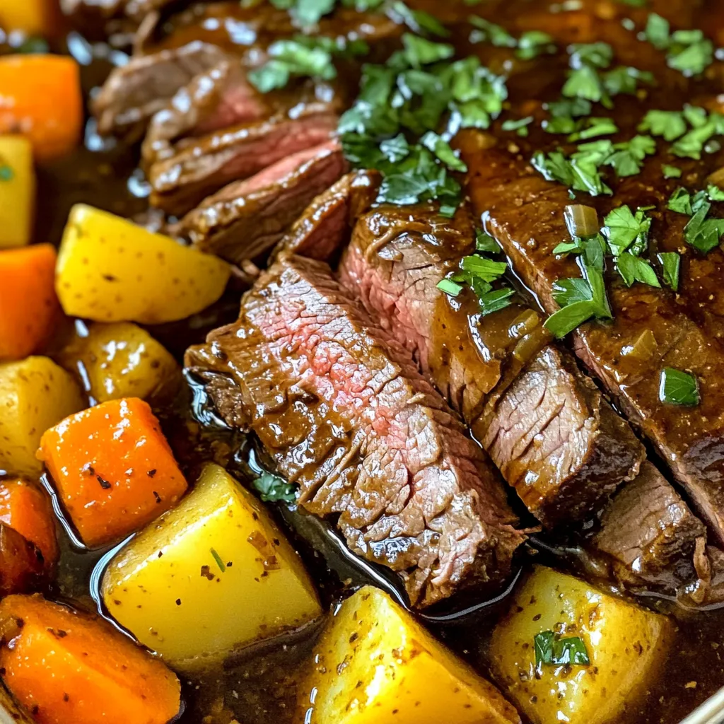 To make a great pot roast, you need these main ingredients: - 3-4 lb beef chuck roast - 1 cup balsamic vinegar - 2 cups beef broth - 4 cloves garlic, minced - 2 tablespoons brown sugar - 2 teaspoons dried thyme - 1 teaspoon dried rosemary - 1 medium onion, thinly sliced - 4 large carrots, cut into 2-inch chunks - 4 medium potatoes, cubed - Salt and freshly ground black pepper to taste These ingredients create a rich flavor that makes your dish shine. Seasoning is key for a tasty pot roast. I recommend using: - Salt - Freshly ground black pepper - Brown sugar - Dried thyme - Dried rosemary The salt and pepper bring out the meat's natural flavor. The brown sugar adds a touch of sweetness, while the thyme and rosemary give it a warm, earthy taste. Make sure to season your roast well before cooking. Garnishes can elevate your dish. Consider adding: - Fresh parsley, finely chopped Chopped parsley adds a pop of color and freshness. It also brightens the flavors of the rich pot roast. Sprinkle it just before serving for a beautiful finish. Start by seasoning the beef chuck roast. Use salt and freshly ground black pepper. Make sure to coat all sides well. This step enhances the roast's flavor. A good seasoning makes a big difference. In a mixing bowl, whisk together balsamic vinegar, beef broth, and minced garlic. Add brown sugar, dried thyme, and dried rosemary. Mix well until it is combined. This sauce will add rich flavor as the roast cooks. Place sliced onion at the bottom of the slow cooker. Next, add the cut carrots and cubed potatoes. This creates a colorful base for the roast. Now, place the seasoned roast on top of the veggies. This helps the flavors mix well. Cover the slow cooker with its lid. Set it to cook on low for about 8 hours. This slow cooking makes the meat very tender. It should be fork-tender and easy to shred when done. Once cooked, gently take the roast and veggies out. If you want, skim off excess fat from the cooking liquid. Slice or shred the roast to your liking. Serve alongside the colorful vegetables. For a fresh touch, sprinkle chopped parsley on top. This adds color and flavor to the dish. To get fork-tender meat, start with a beef chuck roast. This cut has the right fat and connective tissue. Season it well with salt and black pepper. Cook it low and slow in the slow cooker for about eight hours. This method allows the meat to break down, making it tender. You can check if it’s done by using a fork. If the meat pulls apart easily, it’s ready to serve. Marinades boost the flavor of your pot roast. The balsamic vinegar adds a tangy punch. Combine it with beef broth, garlic, brown sugar, thyme, and rosemary. Let the roast soak in this mixture for at least 30 minutes, if you have time. This step makes a big difference. You can also marinate it overnight for even more flavor. The longer it sits, the better it tastes. Slicing and shredding give different looks to your pot roast. If you want neat slices, let the roast rest for ten minutes after cooking. Then, use a sharp knife to cut against the grain. This keeps the meat juicy. For a more rustic look, shred the meat with two forks. Shredded meat works great for sandwiches or tacos. Both methods taste amazing, so choose your favorite! {{image_4}} You can switch the beef chuck roast for other meats. Try using brisket for a rich flavor. Pork shoulder works well too; it becomes tender and juicy. Lamb is a tasty option, giving a unique twist to the dish. Each cut will change the taste, but the balsamic sauce will still shine. Want to make a vegetarian pot roast? Use hearty vegetables like mushrooms, eggplant, and zucchini. Replace the beef broth with vegetable broth. You can also add lentils or chickpeas for protein. This way, you keep the dish filling and satisfying. The balsamic sauce adds a rich flavor that complements the veggies well. Feel free to experiment with vegetables. Sweet potatoes add a nice sweetness. Parsnips can bring a lovely earthy note. You might also try adding bell peppers or green beans for color and crunch. Just cut them into similar sizes for even cooking. The more veggies, the more flavor and nutrition in your meal! After enjoying your savory slow cooker balsamic pot roast, store leftovers right away. Place the meat and vegetables in an airtight container. Make sure to cover them fully with the cooking liquid. This keeps the roast moist and tasty. Refrigerate the container within two hours of cooking. The pot roast will stay fresh for up to three days. If you want to save leftovers for later, freezing is a great option. Cut the pot roast into smaller pieces for easy thawing. Place the meat and vegetables in freezer-safe bags or containers. Remove as much air as possible to avoid freezer burn. Label the bags with the date. You can freeze the pot roast for up to three months. When you're ready to enjoy your frozen pot roast, thaw it in the fridge overnight. For reheating, you can use the microwave or stovetop. If using the microwave, heat on medium power in short bursts. Stir often for even heating. On the stovetop, place the pot roast in a pan over low heat. Add a splash of beef broth if it seems dry. Heat until warmed through. Enjoy your flavorful meal! It takes about 8 hours to cook a pot roast on low heat. The slow cooker helps break down the meat, making it tender and juicy. If you're in a hurry, you can cook it on high for about 4 to 5 hours. However, low and slow gives the best flavor and texture. Yes, you can use red wine in place of balsamic vinegar. Red wine adds depth to the flavor. However, it will change the taste a bit. Balsamic vinegar gives a sweet tang, while red wine will be more earthy. If you want a similar sweetness, add a bit of brown sugar or honey with the wine. Balsamic pot roast goes well with many sides. Here are some great options: - Mashed potatoes - Creamy polenta - Roasted Brussels sprouts - Green beans - Side salad with vinaigrette These sides complement the rich flavors of the pot roast. They add freshness and balance to your meal. You can also serve crusty bread to soak up the delicious sauce. This blog covers everything about making a slow cooker balsamic pot roast. We explored key ingredients, step-by-step cooking, and handy tips. You learned about flavor boosts, variations, and storage info. Now, you can impress family and friends with a tasty meal. Remember, slowly cooked meat becomes melt-in-your-mouth tender. With practice, you will master this dish. Enjoy cooking and experimenting with flavors!