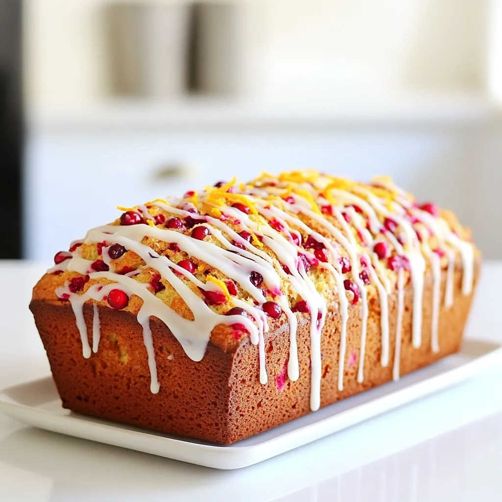 To make this tasty cranberry orange bread, gather these key ingredients: - 2 cups all-purpose flour - 1 cup fresh cranberries, coarsely chopped - 1 cup granulated sugar - 1 large orange, zested and juiced (save some juice for the glaze) - 1/2 cup unsalted butter, melted and slightly cooled - 1/2 cup buttermilk, at room temperature - 2 large eggs, at room temperature - 2 teaspoons baking powder - 1 teaspoon baking soda - 1/2 teaspoon salt - 1 teaspoon pure vanilla extract These ingredients work together to create a moist and flavorful bread. For the sweet vanilla glaze, you will need: - 1 cup powdered sugar - 2 tablespoons fresh orange juice - 1/2 teaspoon pure vanilla extract This glaze adds a lovely touch of sweetness and shine. When picking fresh cranberries, look for these tips: - Choose firm berries that are bright red. - Avoid any berries that are soft or shriveled. - Fresh cranberries should bounce slightly when dropped. - Check the packaging for any signs of mold. Fresh cranberries make a big difference in flavor and texture. First, set your oven to 350°F (175°C). While it heats, grease a 9x5-inch loaf pan. You can use butter or cooking spray to coat it well. This step helps the bread come out easily after baking. In a large bowl, sift together the dry ingredients. Use 2 cups of all-purpose flour, 1 cup of granulated sugar, 2 teaspoons of baking powder, 1 teaspoon of baking soda, and 1/2 teaspoon of salt. A whisk works best to mix these evenly. This ensures the bread rises well. In another bowl, mix the wet ingredients. Use 1/2 cup of melted butter, 1/2 cup of buttermilk, 2 large eggs, the juice from 1 orange, and the zest from that orange. Add 1 teaspoon of pure vanilla extract too. Whisk until it looks smooth and blended. This mix adds flavor and moisture to your bread. Now, gently fold in your cranberries. Use 1 cup of fresh cranberries, coarsely chopped. A spatula helps to keep them intact. Fold until they are evenly spread throughout the batter. This step adds a tart burst of flavor to each slice. Next, pour the batter into your prepared loaf pan. Use the spatula to smooth the top. Bake it in the oven for 55 to 65 minutes. To check if it’s done, insert a toothpick in the center. If it comes out clean or with a few moist crumbs, your bread is ready. While the bread cools, make the vanilla glaze. In a small bowl, mix 1 cup of powdered sugar with reserved orange juice and 1/2 teaspoon of vanilla extract. Whisk until it’s smooth and easy to pour. If it’s too thick, add a bit more juice. This glaze will make your bread shine! To keep your bread light, don't overmix the batter. Mix until just combined. Overmixing can create gluten, making the bread chewy and dense. Use gentle folding when adding cranberries. This keeps them whole and prevents crushing. Start by mixing dry ingredients first. This helps the baking powder and soda spread evenly. When adding wet ingredients, use a whisk. This ensures a smooth batter. Don’t rush; take your time to blend. Also, make sure your eggs and buttermilk are at room temperature. This helps the batter mix well and rise properly. Once baked, let your bread cool in the pan for about 10 minutes. This helps it firm up. After that, move it to a wire rack. This allows air to flow around and cool the bread evenly. When it’s cool, drizzle the glaze on top. Let the glaze set for about 10 minutes before slicing. This makes for a beautiful presentation. {{image_4}} You can enhance your Cranberry Orange Bliss Bread by adding nuts or other fruits. Walnuts or pecans add a nice crunch. Simply fold in about half a cup of chopped nuts when you mix in the cranberries. You might also try dried fruits like raisins or apricots for extra sweetness. These additions create a unique twist while keeping the bread moist and flavorful. If you need a gluten-free option, you can use a gluten-free flour blend. Look for a blend that includes xanthan gum to help with texture. Substitute the all-purpose flour with a 1:1 gluten-free flour mix. The bread will still taste great, but be sure to watch the baking time. Gluten-free breads can bake quicker, so check for doneness earlier. If you prefer a less sweet bread, you can cut down the sugar. Reducing the granulated sugar to three-quarters of a cup works well. You can also use a sugar substitute like stevia or monk fruit. Keep in mind that this might change the texture slightly, but the flavor will still shine through. Always taste your batter before baking to find your perfect balance. To keep your cranberry orange bread fresh, wrap it well. Use plastic wrap or foil. This keeps the bread moist and tasty. Store it at room temperature for up to three days. If you want to keep it longer, consider freezing it. To freeze your bread, start by letting it cool completely. After cooling, slice the bread into pieces. Wrap each slice in plastic wrap. Place the wrapped slices in a freezer bag. Try to remove as much air as possible. This helps prevent freezer burn. You can freeze the bread for up to three months. To reheat, take out a slice of bread. You can use a microwave or an oven. For the microwave, heat it for about 15-20 seconds. Check to see if it's warm enough. If you want a crispy edge, use the oven. Preheat it to 350°F (175°C) and bake for about 10 minutes. Enjoy the warm, sweet aroma! Yes, you can use frozen cranberries in this recipe. Just make sure to chop them coarsely. Do not thaw them before adding to the batter. This helps keep the bread moist and flavorful. You will know the bread is done when a toothpick comes out clean or with a few moist crumbs. Bake it for 55 to 65 minutes at 350°F (175°C). Keep an eye on it towards the end of baking. If you don't have buttermilk, mix regular milk with vinegar or lemon juice. Use 1 cup of milk and add 1 tablespoon of vinegar or lemon juice. Let it sit for five minutes before using. The vanilla glaze can last up to one week when stored in an airtight container. Keep it in the fridge. Before using, stir it well, and add a bit of juice if it thickened. You now have a solid recipe for cranberry orange bread. We covered ingredients, tips, and variations that fit your taste. You learned how to avoid dense bread and store leftovers. Remember, using fresh cranberries makes a big difference. Don’t forget about the delicious vanilla glaze! This bread is perfect for any occasion. Try it, adjust it, and make it your own. Enjoy baking and sharing this treat with friends and family.