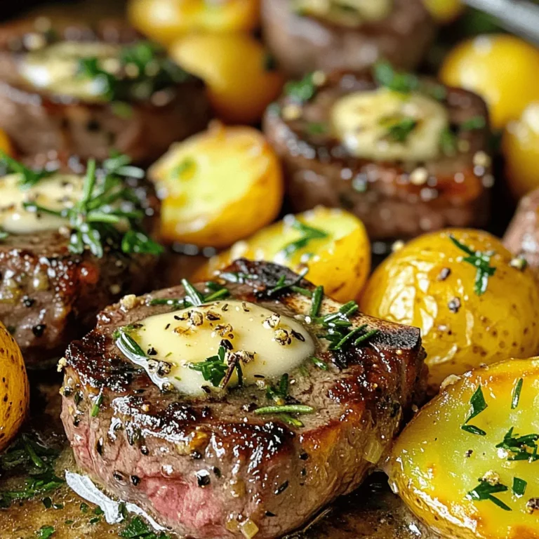 To make these tasty steak bites and potatoes, gather the following ingredients: - 1 pound sirloin steak, cut into bite-sized cubes - 1 pound baby potatoes, halved - 4 tablespoons unsalted butter, melted - 4 cloves garlic, finely minced - 2 teaspoons fresh rosemary, chopped (or 1 teaspoon dried) - 2 teaspoons fresh thyme (or 1 teaspoon dried) - Salt and freshly cracked black pepper, to taste - 1 tablespoon extra virgin olive oil - Optional: Fresh parsley, finely chopped, for garnish You can add these garnishes and seasonings to enhance your dish: - Fresh parsley, finely chopped, adds color and freshness. - A squeeze of lemon juice brightens the flavors. - A dash of chili flakes gives a spicy kick. Use these tools to make cooking easier and more efficient: - A large mixing bowl for combining ingredients. - A baking sheet for roasting. - A spatula for flipping and serving. - A sharp knife and cutting board for chopping. - Measuring spoons to ensure precise seasoning. These ingredients and tools help create a delicious and fun meal. Enjoy the cooking process and the tasty results! First, set your oven to 425°F (220°C). Preheating means your food cooks evenly. A hot oven helps the steak bites and potatoes get that perfect crisp. Wait until the oven reaches the right temperature before cooking. Next, take your baby potatoes. Halve them and place them in a large bowl. Add 1 tablespoon of olive oil, salt, pepper, and 1 teaspoon of chopped rosemary. Toss everything well. This helps the potatoes soak up the flavors. Spread them in a single layer on a baking sheet. In another bowl, mix your sirloin steak cubes with 4 tablespoons of melted butter. Add 4 minced garlic cloves, fresh thyme, remaining rosemary, salt, and pepper. Make sure each piece is covered. This mix adds great taste to the steak. Once the potatoes are softening, pull the baking sheet from the oven. Push the potatoes to one side. Place the seasoned steak bites on the cleared side. Roast everything together for another 10-12 minutes. This step cooks the steak just right and gets the potatoes crispy. After roasting, let the sheet pan rest for a few minutes. This helps the flavors blend. For a nice touch, sprinkle finely chopped parsley on top before serving. It adds color and freshness to your meal. Enjoy your savory dish! To get the best steak bites, start with a good cut of meat. I prefer sirloin for its flavor and tenderness. Cut the steak into even cubes. This helps them cook uniformly. Make sure to coat the steak well in the garlic butter mix. This will lock in flavor and moisture. Use fresh herbs like rosemary and thyme for the best taste. If you want extra flavor, marinate the steak for an hour before cooking. Just a little time makes a big difference. For crispy potatoes, cut them in half to increase surface area. This helps them brown nicely. Toss the potatoes in olive oil and seasonings well. Use enough salt and pepper; it makes a big difference! Spread them out on the pan. Don't crowd them; they need space to get crispy. Roast them at 425°F for 20-25 minutes. Stir them halfway through to ensure even cooking. You want them golden brown and fork-tender. You can make this dish even better with a few simple changes. Add some red pepper flakes for heat. This gives a nice kick to the steak. For a different twist, try using garlic powder instead of fresh garlic. If you're a cheese lover, sprinkle some grated Parmesan over the potatoes before serving. You can also add vegetables like bell peppers or onions for extra flavor. Just toss them in with the potatoes. These small tweaks can turn a great dish into an amazing one! {{image_4}} You can swap out sirloin steak for other meats. Try chicken, pork, or shrimp. They all pair well with garlic and butter. Chicken breast works great. Cut it into bite-sized pieces, just like the steak. Pork tenderloin is another juicy choice. Shrimp cooks fast and adds a nice twist. Just adjust the cooking time to make sure they don’t overcook. Adding vegetables makes this dish even better. You can mix in bell peppers, zucchini, or asparagus. These veggies roast well and add color. Chop them into similar sizes as the potatoes. Toss them with olive oil and spices. This way, they cook evenly. You’ll have a complete meal that is tasty and healthy. You can change the flavors to match your taste. For a spicy kick, add red pepper flakes. If you love herbs, try adding oregano or basil. A splash of soy sauce can add an umami depth. For a tangy twist, drizzle some balsamic vinegar before serving. Taste as you go to find your perfect blend of flavors. To keep your leftovers fresh, let them cool first. Place the steak bites and potatoes in an airtight container. This method helps retain flavor and texture. Store them in the fridge for up to three days. If you want to keep them longer, consider freezing. When you’re ready to enjoy your leftovers, preheat your oven to 350°F (175°C). Spread the steak bites and potatoes on a baking sheet. Heat them for about 10-15 minutes. This method warms them evenly and keeps them crispy. You can also use a microwave, but this may make them a bit soft. If you want to freeze this dish, portion it out in freezer-safe bags. Remove as much air as possible to prevent freezer burn. It can last up to three months in the freezer. To reheat, let it thaw in the fridge overnight before warming it in the oven. This helps preserve the flavors and texture. You can check if steak bites are done by using a meat thermometer. The ideal temperature for medium-rare is 135°F (57°C). For medium, aim for 145°F (63°C). If you don't have a thermometer, cut one piece in half. The inside should be slightly pink for medium-rare and mostly gray for medium. Always let the steak rest for a few minutes after cooking. This allows the juices to distribute evenly. Yes, you can use other cuts of steak. Cuts like ribeye or tenderloin work well. These cuts are tender and flavorful. You can also use flank steak, but slice it thinly against the grain for the best texture. Just keep in mind that cooking times might vary slightly based on the cut. You can serve a fresh salad or roasted vegetables. Green beans or asparagus pair nicely. A creamy dip or garlic bread can also complement the dish. For a hearty meal, add some rice or quinoa on the side. Choose whatever you enjoy most! You can prep the potatoes and steak bites in advance. Chop the potatoes and mix them with olive oil and seasonings. Store them in the fridge for up to 24 hours. For the steak, marinate it with garlic and herbs. Store it in an airtight container in the fridge. When ready to cook, just follow the roasting steps. It saves time and still tastes delicious! This recipe for sheet pan garlic butter steak bites and potatoes is simple yet tasty. You learned how to prep ingredients, cook effectively, and add flavors. Don’t forget tips for perfect cooking and great storage options. With these steps, you can enjoy a delicious meal any night. Remember to get creative with variations and garnishes. Cooking can be fun and easy. Try it out, and enjoy every bite!