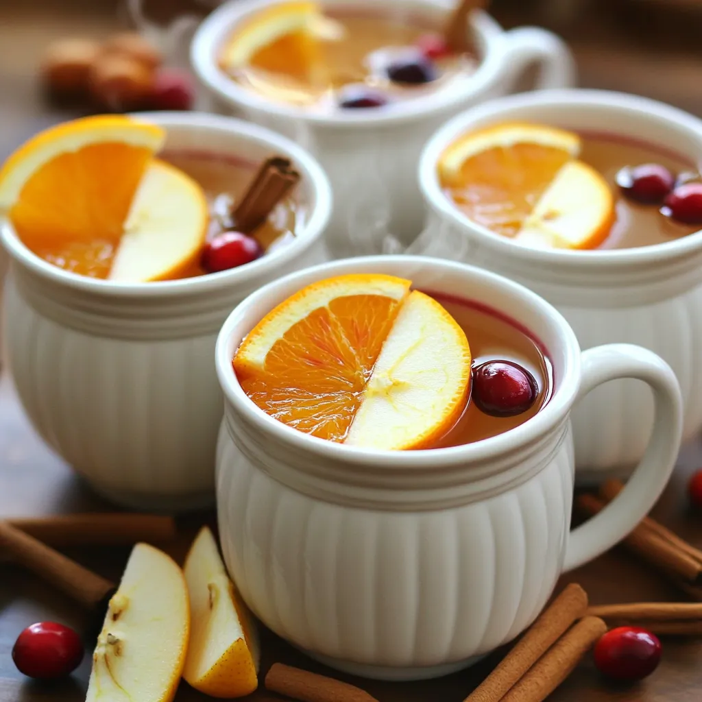 - 4 cups apple cider - 1 cup cranberry juice - 1 cup freshly squeezed orange juice - 1 teaspoon ground cinnamon - 1/2 teaspoon ground nutmeg - 1/4 teaspoon ground cloves - 1/4 cup pure maple syrup (optional, for adding sweetness) - 1 orange, thinly sliced into rounds - 1 apple, cored and cut into thin wedges - 1 cup sparkling water or club soda (to add a refreshing fizz) - Fresh cinnamon sticks for garnish To make the Warm Apple Cider Bourbon Punch, gather all your ingredients before you start. Fresh apple cider is key. It brings warmth and sweetness to the drink. Cranberry juice adds a nice tartness. Fresh orange juice brightens the mix with its citrus notes. Spices play a big role too. Ground cinnamon, nutmeg, and cloves give that cozy vibe we love. If you like it sweeter, maple syrup is a great choice. Use it sparingly, so you don’t overpower the natural flavors. Don’t forget the garnishes! Sliced orange and apple not only look nice but also add extra flavor. Lastly, the sparkling water or club soda gives your punch a fun fizz. This drink is all about layering flavors and creating a warm, inviting experience. Start by taking a large pot. Combine 4 cups of apple cider, 1 cup of cranberry juice, and 1 cup of freshly squeezed orange juice. Heat on medium and stir gently to mix all the juices together. This blend makes a nice base for our punch. Next, introduce 1 teaspoon of ground cinnamon, 1/2 teaspoon of ground nutmeg, and 1/4 teaspoon of ground cloves. These spices add warmth and depth. Keep the heat steady but make sure it doesn’t boil. Boiling can ruin the flavors we want. After warming for a few minutes, taste the punch. If you want it sweeter, incorporate 1/4 cup of pure maple syrup. Stir well to mix. This sweetness balances the tartness of the juices. Now, gently add sliced oranges and apple wedges into the pot. These fruits will infuse their bright flavors into the punch. Let them sit in the warmth as the punch continues to heat. Keep the mixture on the heat for about 15-20 minutes. The goal is to make it hot and well blended. Just remember, don't let it boil again. When ready, take the pot off the heat. Carefully stir in 1 cup of sparkling water or club soda. This gives the punch a fun fizz. Finally, ladle the warm punch into mugs or festive cups. Garnish each cup with a fresh cinnamon stick for stirring. This adds a lovely touch! To make this punch just right, adjust the sweetness to fit your taste. If you like it sweeter, add more maple syrup. Remember to taste as you go! It’s key to keep the mixture warm but not boiling. Boiling can ruin the flavors and make it taste flat. Garnishes can make your drink pop! Use cinnamon sticks for stirring. They add a nice touch and enhance the smell. You can also add fresh fruit slices. Thin orange and apple slices look great and taste wonderful too. A beautiful drink deserves a lovely presentation. Serve your punch with cookies or festive snacks for a cozy feel. Use decorative mugs to make it special. Adding extra fruit slices to the mugs can brighten up the look. It’s all about making it inviting and fun! {{image_4}} To make a non-alcoholic punch, simply leave out the bourbon. You can swap in more apple cider or add ginger ale for a nice fizz. This version still tastes great while being family-friendly. You might also add a splash of cranberry juice for a little tartness. The flavor stays rich and festive without the alcohol. If you want to switch up the flavor, try using rum or spiced rum instead of bourbon. Rum adds a sweet, tropical note that pairs well with the spices. You can also use whiskey for a deeper flavor. Each spirit creates a unique twist on the punch, so feel free to experiment. Your guests might love a new take on this classic drink! You can make this punch even more special by adding seasonal spices. Star anise gives a warm, sweet flavor that fits the fall vibe. Fresh ginger adds a nice zing that wakes up the taste buds. Try adding a few cloves or even a dash of allspice for extra warmth. These small changes can elevate your punch and make it feel even more festive. After your party, store any leftover punch in an airtight container. This keeps it fresh and tasty. You can keep it in the fridge for up to three days. Just make sure to give it a good stir before serving again. The flavors may settle, and you want everything mixed well. When you're ready to enjoy your punch again, gently reheat it. Use a pot on low heat. Avoid boiling it, as that can change the taste. Stir it often to keep it even. If you want it warm fast, use the microwave. Heat it in short bursts, stirring in between. This way, you keep all the yummy flavors intact. If you want to save some for later, freezing is an option. Pour the punch into freezer-safe containers, leaving space at the top for expansion. Make sure to label the containers with the date. You can freeze it for up to three months. When you're ready to drink it, thaw it in the fridge overnight. Reheat gently, and enjoy the cozy flavors again! Yes, you can make this punch ahead of time. Simply prepare it and store it in the fridge. Warm it gently before serving. This way, flavors can blend nicely while it chills. If you need a substitute, use white grape juice or pear juice. Both have a fruity taste that works well. You can also mix them with a bit of lemon juice for a tangy kick. To reduce sweetness, skip the maple syrup. You can also add more citrus juice. Fresh lemon or lime will add brightness without extra sugar. Consider adding fresh herbs like rosemary or thyme. They can add a unique twist to the drink. You can also try a splash of brandy or whiskey for extra warmth and depth. This punch pairs well with sweet treats like cookies or pie. Savory snacks like cheese and crackers also work great. The drink's warmth complements both sweet and savory items perfectly. This blog post detailed how to create a flavorful punch using apple cider and spices. You learned each step, from heating juices to serving with garnishes. Remember to adjust sweetness to your taste and try different fruits or spirits for a unique touch. This punch is perfect for gatherings, and you can make it ahead or save leftovers. Enjoy your drink with friends and family this season!