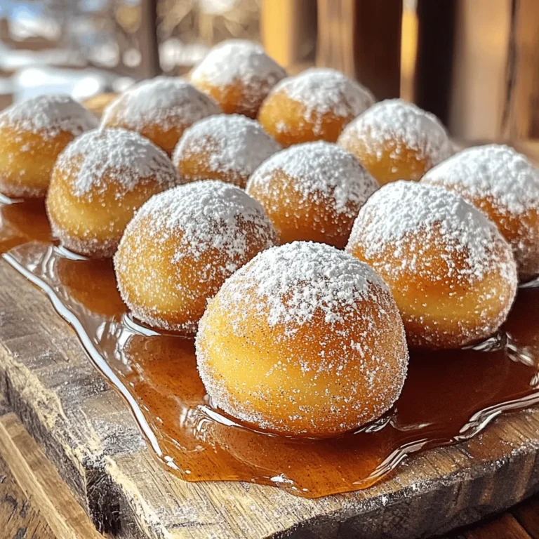 - 2 cups apple cider - 1 ½ cups all-purpose flour - 1 teaspoon baking powder - ½ teaspoon baking soda - ½ teaspoon ground cinnamon - ¼ teaspoon ground nutmeg - ½ teaspoon salt - ½ cup granulated sugar - ½ cup unsalted butter, softened to room temperature - 1 large egg - 1 teaspoon vanilla extract - 1 ½ cups powdered sugar (for coating) - 1 tablespoon cinnamon sugar (for topping) Each ingredient plays a key role in the taste and texture of these truffles. Apple Cider: This gives the truffles a sweet, rich flavor. It also adds moisture. All-Purpose Flour: This is the base of the dough. It helps give the truffles structure. Baking Powder and Baking Soda: These leavening agents help the truffles rise. They create a light texture. Spices (Cinnamon, Nutmeg): These spices add warmth and depth. They evoke the cozy flavors of fall. Sugar (Granulated and Powdered): Granulated sugar sweetens the dough. Powdered sugar coats the truffles for a sweet finish. Butter and Egg: Butter adds richness, while the egg binds the mixture. They ensure a tender bite. Vanilla Extract: This enhances the sweetness and rounds out the flavors. Additional Toppings: Cinnamon sugar adds a delightful crunch and flavor. You can use it for a fun finish. Gather these ingredients before starting. It makes the process smoother and more enjoyable. Each item is easy to find, so you can whip these truffles together in no time! First, pour 2 cups of apple cider into a medium saucepan. Heat it over medium heat. Bring it to a gentle simmer. Keep it simmering for about 15 to 20 minutes. This reduces the cider to about ½ cup. It should thicken into a syrup. Once it's done, remove it from heat and let it cool completely. In a mixing bowl, combine the dry ingredients. You will need 1 ½ cups of all-purpose flour, 1 teaspoon of baking powder, and ½ teaspoon each of baking soda, ground cinnamon, ground nutmeg, and salt. Use a whisk to blend them well. This step ensures even flavor and texture in the truffles. Set this mixture aside until you need it. In another bowl, cream together ½ cup of softened unsalted butter and ½ cup of granulated sugar. Use a mixer on medium speed. Beat until the mixture is light and fluffy. It should turn pale in color. This will add air to your batter, making the truffles soft. Add the large egg, cooled apple cider syrup, and 1 teaspoon of vanilla extract to the butter and sugar mix. Mix on low speed until everything is smooth. Gradually add the bowl of dry ingredients to this wet mix. Stir gently with a spatula or wooden spoon until no dry streaks remain. Take care not to over-mix; this keeps the donut holes tender. Preheat your oven to 350°F (175°C). Grease a mini muffin tin lightly. You can also use silicone molds. Spoon the batter into the muffin tin, filling each cavity about ¾ full. Bake for 10 to 12 minutes. They should turn lightly golden. To check, insert a toothpick; it should come out clean. After baking, let the donut holes sit in the tin for 5 minutes. Carefully move them to a wire rack to cool completely. Once cool, roll each donut hole in powdered sugar. For extra flavor, follow with a roll in cinnamon sugar. Arrange the coated holes on a platter. Refrigerate for 30 minutes to set. Serve them with a drizzle of reserved apple cider syrup or more cinnamon sugar. Enjoy your delightful treats! To get the best texture, reduce the apple cider well. Cook it until it thickens. This step adds a rich flavor to your truffles. When mixing the batter, don’t over-mix. Stir gently until just combined. This keeps your donut holes light and airy. Use room temperature butter and eggs for the best mix. They blend more easily, creating a smooth batter. One big mistake is not cooling the cider before adding it. Hot cider can cook the egg, making it scramble. Another common error is overfilling the muffin tin. Fill each cavity only three-quarters full to let them rise. Also, remember to let the donut holes cool before coating them. If they are warm, the sugar will melt and won't stick well. Serve your truffles on a pretty plate to impress. You can drizzle some reserved apple cider syrup over them. This adds extra flavor and makes them look great. For a fun touch, sprinkle more cinnamon sugar on top. Pair them with fresh apple slices for a nice contrast. Enjoy these treats at parties or cozy fall gatherings! {{image_4}} You can easily change the flavor of your truffles. Adding chocolate chips brings a rich taste. I suggest using semi-sweet or dark chocolate for a nice contrast. Just fold in about a cup of chips before baking. Nuts also add a nice crunch. Chopped walnuts or pecans work well. Add about half a cup to the batter for a nutty twist. Both of these options make the truffles even more special. Want a gluten-free option? Use gluten-free flour instead of all-purpose flour. It works great and keeps the taste. For a vegan version, swap the egg for a flax egg. Mix one tablespoon of ground flaxseed with three tablespoons of water. Let it sit for a few minutes until it thickens. Replace the butter with coconut oil or vegan butter. This way, everyone can enjoy these tasty treats. Seasonal flavors can make your truffles stand out. For a pumpkin spice twist, add a teaspoon of pumpkin pie spice to the dry mix. This adds warmth and fall vibes. Maple syrup can also be a fun addition. Use it in place of some granulated sugar for a unique taste. It gives a nice caramel note to the truffles. These seasonal changes keep the recipe fresh and fun. To keep your apple cider donut hole truffles fresh, follow these steps: - Store truffles in an airtight container. - Place a piece of parchment paper between layers to avoid sticking. - Keep them in the fridge for up to five days. This way, they stay soft and tasty. If you want to save some truffles for later, freezing works great: - Let the truffles cool completely. - Place them on a baking sheet and freeze for about one hour. - Transfer frozen truffles to a freezer-safe bag or container. - They can last up to three months in the freezer. When you're ready to enjoy, simply thaw them in the fridge overnight. To bring back that fresh taste, here’s what to do: - Preheat your oven to 350°F (175°C). - Place the truffles on a baking sheet. - Heat for about 5 to 10 minutes, until warmed through. This method helps restore their soft texture and flavor. Enjoy! To make these truffles, follow these steps: 1. Reduce the apple cider: Simmer 2 cups of apple cider until it thickens to about ½ cup. 2. Mix dry ingredients: Combine 1 ½ cups of flour, 1 teaspoon of baking powder, ½ teaspoon of baking soda, ½ teaspoon of cinnamon, ¼ teaspoon of nutmeg, and ½ teaspoon of salt in a bowl. 3. Cream butter and sugar: Beat ½ cup of softened butter with ½ cup of sugar until fluffy. 4. Add wet ingredients: Mix in 1 large egg, the cooled cider, and 1 teaspoon of vanilla. 5. Combine mixtures: Gently mix the dry ingredients into the wet until just blended. 6. Preheat oven: Set to 350°F (175°C). Grease a mini muffin tin. 7. Fill and bake: Spoon the batter into the tin, filling each cavity about ¾ full. Bake for 10 to 12 minutes. 8. Cool and coat: Let them cool, then roll in powdered sugar and cinnamon sugar. You can find ready-made apple cider donut hole truffles at local bakeries or specialty stores. Many farmers' markets also sell them in the fall. Some online shops might have them too. For the freshest taste, I recommend making them at home using the recipe above. Each truffle has about: - Calories: 100 - Total fat: 4g - Saturated fat: 2.5g - Carbohydrates: 15g - Sugar: 8g - Protein: 1g The values can change based on the exact ingredients used. Always check if you're watching your intake. Yes, substitutions are easy! Try using whole wheat flour for a nutty taste. You can swap granulated sugar with coconut sugar for a lower glycemic index. For a dairy-free option, use coconut oil instead of butter. Use flax eggs if you want a vegan recipe. These truffles last about 3 to 5 days when stored in an airtight container at room temperature. You can refrigerate them for about a week. If you want to keep them longer, freeze them for up to 3 months. Just make sure to thaw them before enjoying! In this post, we covered the essential ingredients for apple cider donut holes. We explored how to prepare, bake, and serve them. Tips ensured great texture and taste, while variations offered creative options. You can even store or freeze these treats for later enjoyment. Remember, the key is to have fun while baking. Experiment and make it your own. Enjoy every delicious bite!