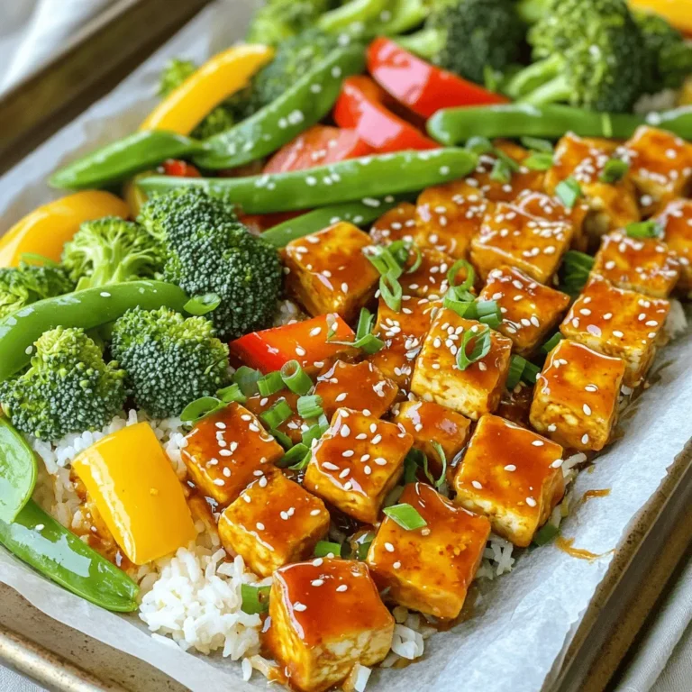 - Firm tofu (14 oz) - Assorted bell peppers (1 cup) - Broccoli florets (1 cup) - Snap peas (1 cup) - Cornstarch (2 tablespoons) - Sweet chili sauce (3 tablespoons) - Soy sauce (2 tablespoons) - Sesame oil (1 tablespoon) - Garlic (2 cloves) - Fresh ginger (1 tablespoon) - Cooked rice or quinoa for serving - Sesame seeds and green onions for garnish The main ingredients in this dish make it vibrant and tasty. The tofu gives protein and a great texture. I love using firm tofu because it holds its shape well during cooking. Assorted bell peppers add color and sweetness. Broccoli florets bring a nice crunch, while snap peas add a fresh snap to every bite. The marinade ingredients are key to building flavor. Cornstarch gives the tofu a crispy coat. Sweet chili sauce adds sweetness and a bit of heat. Soy sauce enhances the dish's umami flavor. Sesame oil brings richness and depth. Don't forget the additional ingredients! Garlic and fresh ginger give a fragrant kick. Serving the dish over cooked rice or quinoa makes it filling. Finally, sprinkle sesame seeds and sliced green onions on top. They add a lovely crunch and bright flavor. - Preheat the oven to 425°F (220°C). - Line the sheet pan with parchment paper. - Toss tofu cubes with 2 tablespoons of cornstarch. - Add 3 tablespoons of sweet chili sauce. - Mix in 2 tablespoons of soy sauce and 1 tablespoon of sesame oil. - Add 2 cloves of minced garlic and 1 tablespoon of grated ginger. - Stir gently until each tofu piece is well-coated. - Place the coated tofu on one half of the sheet pan. - On the other half, add 1 cup of sliced bell peppers, 1 cup of broccoli florets, and 1 cup of snap peas. - Drizzle the veggies with a bit of olive oil. - Season with salt and pepper, then toss to coat. - Bake in the preheated oven for 25-30 minutes. - Stir the pan halfway through for even baking. - Once done, serve the tofu and veggies over cooked rice or quinoa. - Garnish with sesame seeds and sliced green onions for extra flavor. To make your tofu crispy, you must press it first. Pressing removes extra water. When you eliminate moisture, the tofu can crisp up better. After pressing, coat the tofu evenly with cornstarch. This layer helps create a crunchy texture when baked. Make sure every piece is coated. This simple step makes a big difference. For your sheet pan bowls, mix colorful bell peppers, broccoli, and snap peas. These veggies add great flavor and texture. You can also try seasonal vegetables. In spring, add asparagus or zucchini. In fall, consider butternut squash or Brussels sprouts. The key is to pick fresh vegetables that you enjoy. You can serve your sweet chili tofu over rice or quinoa. Rice gives a classic taste, while quinoa adds a nutty flavor. Both are great choices. To add more flavor, drizzle extra sauce on top. You can also sprinkle sesame seeds and sliced green onions as a garnish. They add a nice crunch and fresh taste. Enjoy your delicious bowl! {{image_4}} You can switch tofu for other proteins. Tempeh is a great option. It has a nutty taste and adds a nice texture. If you prefer chicken, use diced chicken breast. Cook it until golden for a tasty twist. Both options work well with the sweet chili sauce. Try using different sauces for a new flavor. Teriyaki sauce adds a sweet and tangy taste. BBQ sauce gives a smoky twist. Mix and match to find your favorite. You can even try a spicy Sriracha sauce if you like heat. Just keep the balance of flavors in mind. Make sure all your ingredients fit your needs. Use gluten-free soy sauce if you want a gluten-free meal. Check the sweet chili sauce for gluten too. For a vegan version, stick with tofu or tempeh. These options keep your dish plant-based while being tasty. Always read labels to ensure everything meets your dietary choices. To store your sweet chili tofu sheet pan bowls, use an airtight container. This keeps the tofu and veggies fresh. Make sure to let the dish cool before sealing. Store it in the fridge for up to three days. You can enjoy it later for a quick meal. To reheat, the best method is the oven. Preheat it to 350°F (175°C). Spread the leftovers on a baking sheet. Heat for about 10-15 minutes. This method keeps the tofu crispy. You can also use the microwave. Heat on high for 1-2 minutes. Stir halfway through to warm evenly, but this may soften the tofu. Yes, you can freeze the sweet chili tofu! Place cooled leftovers in a freezer-safe container. Be sure to leave some space for expansion. It will stay good for up to three months. To thaw, move it to the fridge overnight. Reheat as mentioned above for the best texture. Yes, you can try other sauces. Options like teriyaki and BBQ work well. You can also use hoisin sauce for a sweet and salty kick. Soy sauce mixed with a bit of honey can add sweetness, too. The key is to balance sweet and savory flavors. Feel free to experiment with different sauces to find your favorite. To cut calories, use less oil. You can skip the sesame oil entirely or reduce it. Cut the amount of sweet chili sauce by half and add more spices. Instead of rice, try cauliflower rice for fewer carbs. You can also serve smaller portions while still enjoying the same flavors. If your tofu is not crispy, check how you prepared it. Make sure you press the tofu well to remove excess water. Coat the tofu evenly with cornstarch before baking. Bake it on a preheated pan to help it crisp up. If it still isn’t crispy, try baking it a bit longer or increase the oven temperature slightly. This recipe features firm tofu, colorful veggies, and a tasty marinade. You learned how to prepare, bake, and serve a delicious dish. Baking at 425°F brings out great flavors. Remember to press your tofu for extra crispiness. You can also try different sauces or veggies to mix it up. Don't forget, leftovers store well for later! Enjoy this simple, healthy meal that fits any diet needs. Your journey into plant-based cooking is just beginning. Explore and have fun with your meals!