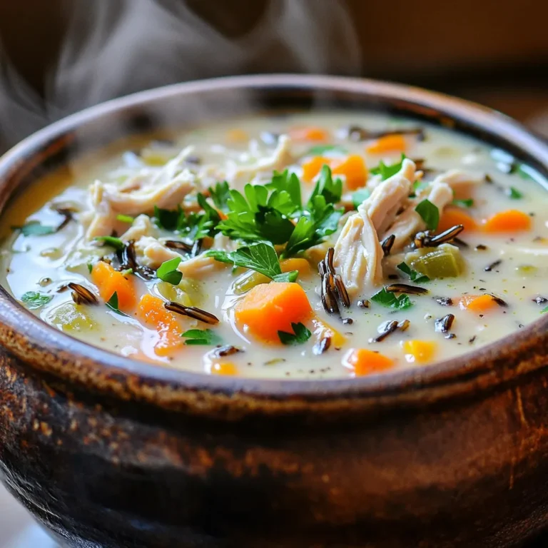 To make Slow Cooker Chicken Wild Rice Soup, you need these simple ingredients: - 1 pound boneless, skinless chicken breasts - 1 cup wild rice, thoroughly rinsed - 1 medium onion, finely diced - 2 medium carrots, peeled and diced - 2 celery stalks, diced - 4 cloves garlic, minced - 6 cups chicken broth (low-sodium recommended) - 1 cup whole milk or heavy cream - 1 teaspoon dried thyme - 1 teaspoon dried rosemary - Salt and freshly cracked black pepper, to taste - 2 tablespoons olive oil - Fresh parsley, chopped (for garnish) These ingredients come together to create a warm and filling soup. The chicken gives it protein, while the wild rice adds a nutty flavor and chewiness. The veggies make it colorful and tasty. Thyme and rosemary bring a lovely aroma that fills your kitchen as it cooks. This soup is not just a meal; it’s a hug in a bowl. I always recommend using low-sodium broth. It lets you control the saltiness better. Don’t skip the cream or milk; it makes the soup creamy and rich. Lastly, fresh parsley adds a bright finish. It’s all about balance and flavor! First, grab a large skillet and heat the olive oil over medium heat. Once the oil is hot, add the diced onion, carrots, and celery. Sauté these veggies for about 5 to 7 minutes. You want them to soften, and the onion should turn translucent. This step builds a great base for your soup. Next, add the minced garlic to the skillet. Cook it for 1 to 2 minutes, stirring often. You want that garlic to smell amazing without burning. Now, it’s time to transfer your sautéed mix to the slow cooker. Add the rinsed wild rice next. Then, place the boneless chicken breasts into the pot. Pour in the chicken broth and sprinkle in the dried thyme and rosemary. Season with salt and black pepper to match your taste. Stir everything together for a good mix. Cover the slow cooker with its lid. You can cook on the low setting for 6 to 8 hours. If you're in a hurry, the high setting works too, cooking for 3 to 4 hours. Once the chicken is cooked through, carefully take it out. Use two forks to shred it into bite-sized pieces. Return the shredded chicken to the pot and stir it well. This keeps the chicken juicy. Slow cookers vary in power. Some cook faster than others. If you own a newer model, it may cook quicker. Always check for doneness early. Your soup is ready when the chicken shreds easily. The wild rice should be soft but not mushy. If you are not sure, taste it. For a deeper flavor, season to your taste. You might want to add more thyme or rosemary. Fresh herbs can also boost the soup’s taste. Consider adding bay leaves or a pinch of cayenne for warmth. Don’t hesitate to get creative. A squeeze of lemon can brighten the flavor. Or try adding a teaspoon of smoked paprika for a smoky twist. Serve your soup hot in rustic bowls. A sprinkle of fresh parsley adds a nice touch. Pair it with crusty bread for a perfect meal. You can also serve it with a side salad. A simple green salad works well. This combo makes for a cozy, comforting dinner. {{image_4}} You can change the chicken for tasty options. Try using chickpeas or tofu for a vegetarian dish. Both options soak up flavors well and keep the soup hearty. You can also swap wild rice with other grains. Quinoa or brown rice works great too. Each grain gives a different texture and taste. Quinoa adds a nutty flavor, while brown rice lends a chewy bite. You can adjust how creamy your soup is based on your taste. If you want a richer soup, add more cream. For a lighter version, use less cream and more broth. Adjust the broth to make the soup thicker or thinner. If you like a thicker soup, reduce the broth amount. This way, you can create the perfect texture for your meal. Make this soup even better by adding seasonal veggies. In spring, toss in asparagus or peas for a fresh touch. In fall, consider adding butternut squash for a sweet flavor. You can also mix in different herbs. Fresh dill or basil can elevate the taste. Each herb adds a unique twist that keeps the dish exciting. To keep your soup fresh, store it in an airtight container. Let the soup cool down before sealing. Place it in the fridge for up to 3 days. Always check for changes in smell or color before eating. For longer storage, freeze your soup in individual portions. Use freezer-safe containers or bags. Leave some space at the top since the soup will expand. It can last up to 3 months in the freezer. To thaw, place it in the fridge overnight. You can also use the microwave for quick thawing. After storing, the soup may lose some flavor. To refresh it, add a splash of chicken broth or milk when reheating. Stir well to combine. Serve with fresh parsley on top for a burst of color. A slice of crusty bread pairs perfectly with every bowl. Yes, you can use precooked chicken. For this, adjust the cooking time. Start by sautéing the vegetables as usual. Then, add the chicken at the end of the cooking time. You only need to warm it, not cook it fully. If using precooked chicken, cook the soup on low for about 4-5 hours. This keeps the chicken moist without overcooking it. If you can’t find wild rice, there are great alternatives. You can use brown rice or quinoa. Both add texture and flavor to the soup. Brown rice will take longer to cook, about 45 minutes to an hour. Quinoa cooks faster and adds a nutty taste. Adjust the cooking time based on what you choose. To make this soup gluten-free, focus on the broth and any added ingredients. Use gluten-free chicken broth. Check labels for any hidden gluten in cream or seasonings. Most herbs and spices are gluten-free, but confirm if you are unsure. This way, you can enjoy the soup without worry. This blog post offers a clear guide to making a tasty chicken soup. You learned about key ingredients, step-by-step cooking instructions, and tips for enhancing flavor. We also discussed variations and storage tips, ensuring your soup remains fresh. With this knowledge, you can create a delicious meal tailored to your taste. Don't hesitate to experiment with ingredients and find the perfect balance for your soup. Enjoy your cooking adventure!