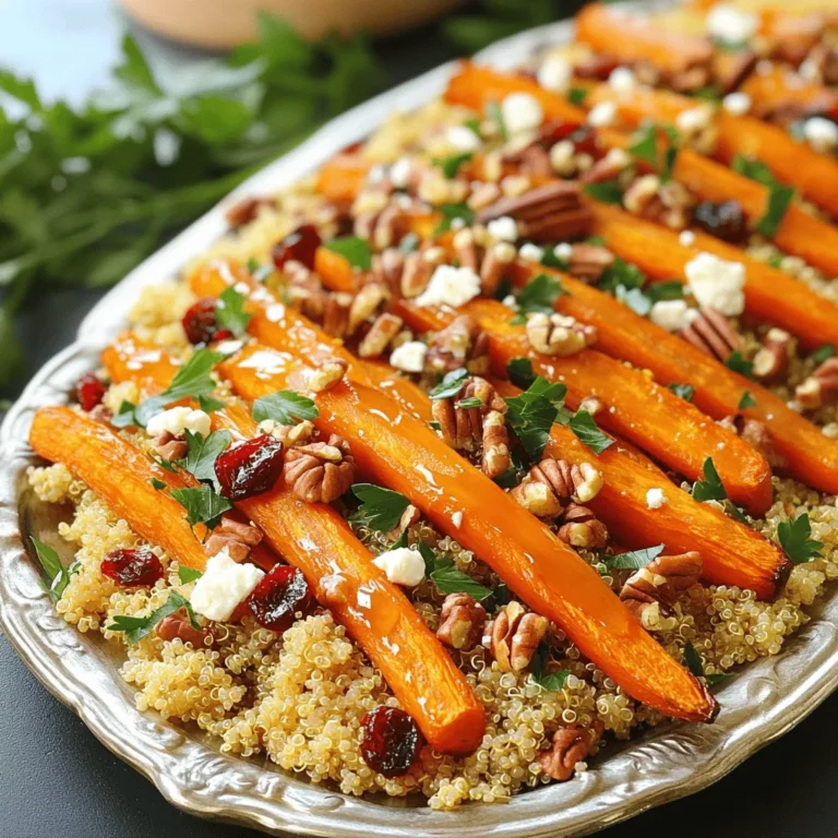 For the Maple Roasted Carrot and Quinoa Salad, you will need a few fresh items. Here’s the list: - 4 large carrots, peeled and sliced into sticks - 1 tablespoon extra virgin olive oil - 2 tablespoons pure maple syrup - Salt and freshly ground black pepper, to taste - 1 cup quinoa, rinsed - 2 cups vegetable broth or water - 1/2 cup dried cranberries - 1/4 cup pecans, chopped - 1/4 cup feta cheese (or a vegan alternative) - 2 tablespoons fresh parsley, finely chopped - 2 tablespoons apple cider vinegar Using these ingredients, you create a colorful and tasty salad. Each one adds its own flavor and texture. The carrots bring sweetness from the maple syrup. The quinoa adds a nutty taste and a hearty feel. Mix in the cranberries, pecans, and feta for a delightful crunch. Finally, the fresh herbs and vinegar give the salad a zesty finish. This salad is not just a treat for your taste buds; it also looks beautiful on a plate. Enjoy the vibrant colors and fresh flavors. Start by preheating your oven to 400°F (200°C). To make cleanup easy, line a baking sheet with parchment paper. Next, grab your carrots. Peel them and slice them into sticks. In a mixing bowl, toss the carrot sticks with olive oil, maple syrup, salt, and pepper. Make sure they are well-coated. Then, spread the carrots in a single layer on your baking sheet. Roast the carrots for about 25 to 30 minutes. Halfway through, stir them gently. This helps them roast evenly and get that nice caramelized flavor. When they are done, they should be tender and slightly golden. While the carrots roast, rinse the quinoa well under cold water. This step helps remove any bitterness. In a medium saucepan, add the rinsed quinoa and vegetable broth or water. Bring the mixture to a rolling boil over medium heat. Once it reaches a boil, reduce the heat to low. Cover the pot and let it simmer for about 15 minutes. The quinoa should absorb all the liquid and become fluffy. After 15 minutes, turn off the heat and let it sit, covered, for another 5 minutes. Then, fluff it with a fork. In a large mixing bowl, combine the fluffy quinoa and roasted carrot sticks. Add in the dried cranberries, chopped pecans, feta cheese, chopped parsley, and apple cider vinegar. Gently toss the mixture until everything is well mixed. Before serving, taste the salad. Adjust the seasoning by adding more salt, pepper, or maple syrup if you'd like it sweeter. To get the best texture and sweetness from your carrots, coat them well with olive oil and maple syrup. This mixture helps the carrots caramelize nicely. Roast at 400°F for about 25-30 minutes. Halfway through, stir the carrots gently. This step ensures even cooking, so they turn golden and tender. Using parchment paper makes cleanup easier. It prevents the carrots from sticking to the pan. To know when quinoa is done, look for tiny spirals. This means it’s ready! Rinse it well first. This step helps remove any bitter taste. Boil the quinoa in vegetable broth or water. Once it boils, lower the heat and cover it. Let it simmer for about 15 minutes. After cooking, let it sit covered for five more minutes. This resting time helps it become fluffy. Adjust the sweetness of your salad with maple syrup. If you want it sweeter, add a little more. You can also play with different herbs. Fresh parsley adds a nice touch, but feel free to try others like thyme or basil. Adding a splash of apple cider vinegar brightens the flavors. It gives a nice balance to the sweetness of the carrots and syrup. {{image_4}} To make this salad vegan, you can swap feta cheese for a creamy vegan option. Nutritional yeast adds a cheesy flavor without dairy. You can also use tofu, crumbled, for protein and texture. For gluten-free options, replace quinoa with rice, millet, or even lentils. These grains offer unique textures and flavors, while keeping the salad delicious and filling. If you want to add more protein, grilled chicken works well. Simply cook chicken breasts and slice them before mixing them in. Alternatively, chickpeas are a great choice. They add fiber and protein without meat. For a crunchy twist, toss in some nuts or seeds. Walnuts, pumpkin seeds, or sunflower seeds give a nice crunch and healthy fats. Using seasonal vegetables can change the salad’s flavor. In spring, try adding asparagus or peas for a fresh touch. In fall, roasted sweet potatoes pair nicely with the carrots. For holiday events, add pomegranate seeds for a pop of color and a burst of sweetness. These adjustments keep the salad interesting and help you enjoy it year-round. To keep your Maple Roasted Carrot and Quinoa Salad fresh, use airtight containers. Glass or BPA-free plastic containers work best. Make sure to let the salad cool down before sealing it. This helps avoid moisture buildup. - Store in the fridge for up to 4 days. - You can freeze it for up to 3 months. However, the texture of the quinoa may change after freezing. When you want to enjoy leftovers, gently reheat the salad. You can use a microwave or a stovetop. - For the microwave, place the salad in a bowl. Heat it in 30-second intervals. Stir between each interval to warm evenly. - On the stovetop, add a splash of vegetable broth or water in a pan. Heat on low, stirring often. To enhance flavors, add a dash of apple cider vinegar or a drizzle of maple syrup while reheating. This brings back the salad’s fresh taste. Yes, you can prepare this salad ahead of time. To do so, follow these steps: - Roast the carrots and cook the quinoa. - Let them cool down completely before storing. - Place the carrots and quinoa in airtight containers. - Store them in the fridge for up to three days. This way, you can mix everything just before serving. It keeps the flavors fresh and bright. If you need to swap out maple syrup, here are some good alternatives: - Honey works well for a similar sweetness. - Agave nectar is a vegan option. - Brown sugar mixed with water can mimic the syrup. Each sweetener brings its own flavor. Adjust the amount to taste for best results. Absolutely! This salad is perfect for meal prep. Here’s how to make larger batches: - Double or triple the recipe to make more servings. - Store the components separately in containers. - Combine them just before eating to keep things fresh. This method makes it easy to enjoy healthy meals all week long. This post showed you how to create a delicious roasted carrot quinoa salad. We covered ingredients, cooking tips, and ways to enhance flavors. Remember, adjusting sweetness and using seasonal veggies can personalize your dish. Don’t hesitate to try different mix-ins and cooking methods. This salad is perfect for any meal and easy to store and reheat. Enjoy all the tasty variations, and don’t forget to share your results! Happy cooking!