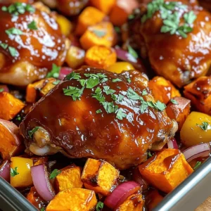 - 4 bone-in, skin-on chicken thighs - 2 large sweet potatoes, peeled and cut into bite-sized cubes - 1 red bell pepper, diced into small chunks - 1 yellow bell pepper, diced into small chunks - 1 red onion, thinly sliced - 1 cup BBQ sauce (your choice of homemade or store-bought) The main ingredients bring the dish to life. Bone-in, skin-on chicken thighs stay juicy and flavorful. Sweet potatoes add a subtle sweetness that pairs well with BBQ. Colorful bell peppers and red onion make the dish vibrant. Choose your favorite BBQ sauce to enhance the flavor. - 2 tablespoons extra virgin olive oil - 2 teaspoons smoked paprika - 1 teaspoon garlic powder - 1 teaspoon onion powder - Salt and black pepper to taste Seasoning is key to a tasty dish. Extra virgin olive oil helps the spices stick. Smoked paprika adds a rich, smoky flavor. Garlic and onion powders bring depth. Salt and black pepper enhance all the flavors. - Fresh parsley, finely chopped, for garnish Fresh parsley adds a bright touch. It also gives your dish a pop of color. This final garnish makes your meal look beautiful and fresh. 1. Preheat your oven to 400°F (200°C). This step makes sure your oven is ready for baking. 2. In a large bowl, mix the sweet potatoes, red and yellow bell peppers, and red onion. 3. Drizzle the olive oil over the veggies. Sprinkle in the smoked paprika, garlic powder, onion powder, salt, and pepper. 4. Toss everything well. Make sure each piece is coated nicely with oil and spices. 1. Pat the chicken thighs dry using paper towels. This helps the skin crisp up nicely. 2. Season the chicken with salt and pepper. Drizzle a little olive oil on top for extra flavor. 3. Brush BBQ sauce all over each chicken thigh. Ensure they are covered well for great taste. 1. Line a large baking sheet with parchment paper. This makes cleanup much easier. 2. Spread the seasoned sweet potatoes and peppers evenly across the sheet. 3. Place the BBQ-glazed chicken thighs on top of the veggies. Arrange them to use space wisely. 4. Bake in the preheated oven for about 35-40 minutes. The chicken should reach 165°F (75°C), and the sweet potatoes should feel tender. 5. Stir the vegetables halfway through baking. This helps them cook evenly. 6. In the last 5 minutes, brush more BBQ sauce over the chicken. This adds a sticky glaze and boosts the flavor. 7. Once done, carefully take the pan out of the oven. Let it cool a bit, then garnish with fresh parsley. Serve hot and enjoy the mix of flavors! To get crispy chicken skin, pat the chicken thighs dry with paper towels. This step removes extra moisture. It allows the skin to crisp up nicely in the oven. Season the chicken well with salt and pepper. This adds flavor and enhances the dish. For the vegetables, cut the sweet potatoes and bell peppers into even pieces. This ensures they cook at the same rate. Toss them with olive oil and spices in a bowl. Make sure every piece is coated well for even seasoning. To make your dish look great, serve the BBQ chicken on a colorful platter. Place the chicken on a bed of roasted sweet potatoes and peppers. Drizzle some extra BBQ sauce around the edges. This adds a nice touch and makes it pop. Pair this dish with a fresh salad or steamed green beans. These sides balance the meal and add a healthy touch. You can also serve some crusty bread to soak up any extra sauce. For easy prep, use a large mixing bowl for the vegetables. A good baking sheet is also key. I recommend using a rimmed sheet to catch any drips. Using parchment paper is a must. It makes cleanup a breeze. Just line your baking sheet with it before adding the chicken and veggies. This way, you can enjoy your meal without worrying about scrubbing pans later. {{image_4}} You can switch out the chicken thighs for other proteins. Chicken breasts work well and cook faster. If you want a meat-free option, try firm tofu. Just remember to press it first to remove extra moisture. For veggies, feel free to mix it up. Broccoli, carrots, or zucchini can add different flavors. You can even use butternut squash for a sweeter touch. The key is to keep the cooking times similar so everything cooks evenly. When it comes to BBQ sauce, you have two choices: homemade or store-bought. Homemade sauce lets you control the taste and ingredients. You can make it spicy, sweet, or tangy, based on your mood. Store-bought sauces are quick and convenient, but check the label for added sugars. Experiment with unique flavors. A chipotle sauce brings heat, while a honey BBQ sauce adds sweetness. Mixing sauces can also lead to fun new tastes. You can grill or bake the chicken. Grilling adds a smoky flavor and crispy skin. Just be sure to keep an eye on it. Baking is easier and lets the flavors meld nicely. If you're in a rush, try air frying. It cooks the chicken quickly while keeping it crispy. Just adjust the cooking time to avoid drying out the meat. Each method gives a different twist to this tasty dish. To keep your BBQ chicken and sweet potatoes fresh, store them in an airtight container. Let the dish cool to room temperature before sealing it. This helps prevent moisture buildup. The best practice is to refrigerate leftovers within two hours of cooking. For freezing, use freezer-safe containers or bags. Remove excess air to avoid freezer burn. You can reheat chicken and vegetables in the oven or microwave. If using the oven, preheat it to 350°F (175°C). Place the chicken and sweet potatoes on a baking sheet. Cover them with foil to keep them moist. Heat for about 20-25 minutes or until warmed through. In the microwave, use a microwave-safe dish and cover it. Heat in 1-minute intervals until hot. To keep the chicken juicy and the sweet potatoes tender, avoid overheating. Leftovers can last in the fridge for about 3-4 days. If you freeze them, they can stay good for about 3 months. Just make sure to label your containers with the date. This way, you can enjoy the flavors of your BBQ chicken and sweet potatoes again! How do you know when the chicken is cooked? You know the chicken is done when it reaches 165°F (75°C) inside. You can use a meat thermometer to check. The chicken should also look golden and juicy. If the juices run clear, it’s ready to eat. Can I use boneless chicken thighs for this recipe? Yes, you can use boneless chicken thighs. They will cook faster and stay juicy. Make sure to adjust the cooking time to avoid overcooking them. What type of BBQ sauce is best for this recipe? The best BBQ sauce is one you love. You can pick sweet, tangy, or spicy sauces. Homemade BBQ sauce adds a personal touch, but any store-bought sauce works well too. Can I substitute sweet potatoes with other vegetables? You can definitely swap sweet potatoes for other veggies. Try using carrots, zucchini, or butternut squash. Just cut them into similar sizes for even cooking. What temperature should the oven be set to? Set your oven to 400°F (200°C). This temperature helps the chicken brown and the sweet potatoes soften nicely. How do I prevent the sweet potatoes from burning while baking? To prevent burning, toss the sweet potatoes with oil and seasonings. Stir them halfway through cooking. If they start to brown too fast, cover them loosely with foil. This blog post covered all you need for a great sheet pan meal. We started with choosing ingredients, like juicy chicken thighs and vibrant veggies. I shared simple preparation steps and baking tips to ensure perfection. Plus, I highlighted storage tips and answered common questions. Cooking should be fun and easy. With these steps, you can create a tasty dish for any occasion. Enjoy your cooking adventure!