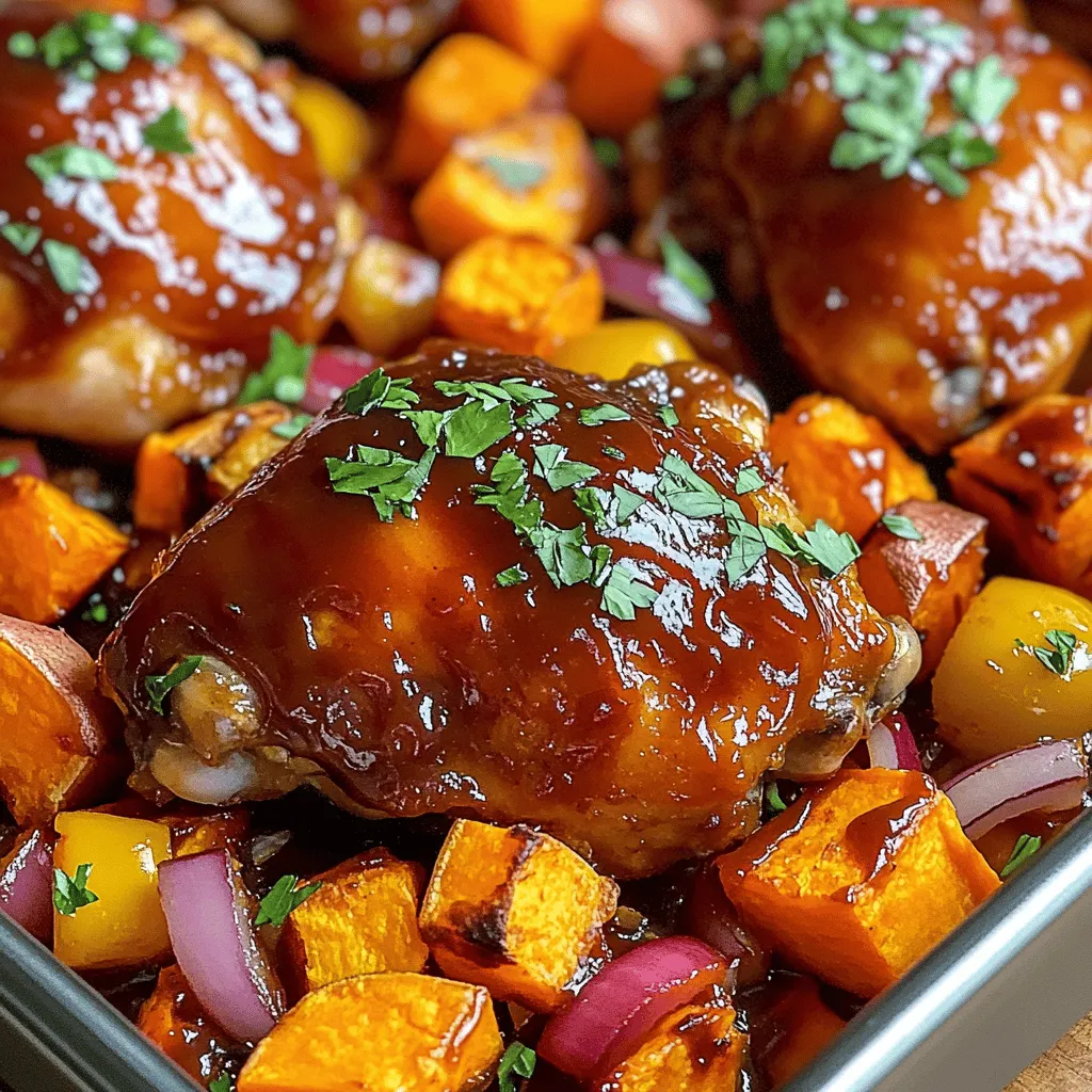 - 4 bone-in, skin-on chicken thighs - 2 large sweet potatoes, peeled and cut into bite-sized cubes - 1 red bell pepper, diced into small chunks - 1 yellow bell pepper, diced into small chunks - 1 red onion, thinly sliced - 1 cup BBQ sauce (your choice of homemade or store-bought) The main ingredients bring the dish to life. Bone-in, skin-on chicken thighs stay juicy and flavorful. Sweet potatoes add a subtle sweetness that pairs well with BBQ. Colorful bell peppers and red onion make the dish vibrant. Choose your favorite BBQ sauce to enhance the flavor. - 2 tablespoons extra virgin olive oil - 2 teaspoons smoked paprika - 1 teaspoon garlic powder - 1 teaspoon onion powder - Salt and black pepper to taste Seasoning is key to a tasty dish. Extra virgin olive oil helps the spices stick. Smoked paprika adds a rich, smoky flavor. Garlic and onion powders bring depth. Salt and black pepper enhance all the flavors. - Fresh parsley, finely chopped, for garnish Fresh parsley adds a bright touch. It also gives your dish a pop of color. This final garnish makes your meal look beautiful and fresh. 1. Preheat your oven to 400°F (200°C). This step makes sure your oven is ready for baking. 2. In a large bowl, mix the sweet potatoes, red and yellow bell peppers, and red onion. 3. Drizzle the olive oil over the veggies. Sprinkle in the smoked paprika, garlic powder, onion powder, salt, and pepper. 4. Toss everything well. Make sure each piece is coated nicely with oil and spices. 1. Pat the chicken thighs dry using paper towels. This helps the skin crisp up nicely. 2. Season the chicken with salt and pepper. Drizzle a little olive oil on top for extra flavor. 3. Brush BBQ sauce all over each chicken thigh. Ensure they are covered well for great taste. 1. Line a large baking sheet with parchment paper. This makes cleanup much easier. 2. Spread the seasoned sweet potatoes and peppers evenly across the sheet. 3. Place the BBQ-glazed chicken thighs on top of the veggies. Arrange them to use space wisely. 4. Bake in the preheated oven for about 35-40 minutes. The chicken should reach 165°F (75°C), and the sweet potatoes should feel tender. 5. Stir the vegetables halfway through baking. This helps them cook evenly. 6. In the last 5 minutes, brush more BBQ sauce over the chicken. This adds a sticky glaze and boosts the flavor. 7. Once done, carefully take the pan out of the oven. Let it cool a bit, then garnish with fresh parsley. Serve hot and enjoy the mix of flavors! To get crispy chicken skin, pat the chicken thighs dry with paper towels. This step removes extra moisture. It allows the skin to crisp up nicely in the oven. Season the chicken well with salt and pepper. This adds flavor and enhances the dish. For the vegetables, cut the sweet potatoes and bell peppers into even pieces. This ensures they cook at the same rate. Toss them with olive oil and spices in a bowl. Make sure every piece is coated well for even seasoning. To make your dish look great, serve the BBQ chicken on a colorful platter. Place the chicken on a bed of roasted sweet potatoes and peppers. Drizzle some extra BBQ sauce around the edges. This adds a nice touch and makes it pop. Pair this dish with a fresh salad or steamed green beans. These sides balance the meal and add a healthy touch. You can also serve some crusty bread to soak up any extra sauce. For easy prep, use a large mixing bowl for the vegetables. A good baking sheet is also key. I recommend using a rimmed sheet to catch any drips. Using parchment paper is a must. It makes cleanup a breeze. Just line your baking sheet with it before adding the chicken and veggies. This way, you can enjoy your meal without worrying about scrubbing pans later. {{image_4}} You can switch out the chicken thighs for other proteins. Chicken breasts work well and cook faster. If you want a meat-free option, try firm tofu. Just remember to press it first to remove extra moisture. For veggies, feel free to mix it up. Broccoli, carrots, or zucchini can add different flavors. You can even use butternut squash for a sweeter touch. The key is to keep the cooking times similar so everything cooks evenly. When it comes to BBQ sauce, you have two choices: homemade or store-bought. Homemade sauce lets you control the taste and ingredients. You can make it spicy, sweet, or tangy, based on your mood. Store-bought sauces are quick and convenient, but check the label for added sugars. Experiment with unique flavors. A chipotle sauce brings heat, while a honey BBQ sauce adds sweetness. Mixing sauces can also lead to fun new tastes. You can grill or bake the chicken. Grilling adds a smoky flavor and crispy skin. Just be sure to keep an eye on it. Baking is easier and lets the flavors meld nicely. If you're in a rush, try air frying. It cooks the chicken quickly while keeping it crispy. Just adjust the cooking time to avoid drying out the meat. Each method gives a different twist to this tasty dish. To keep your BBQ chicken and sweet potatoes fresh, store them in an airtight container. Let the dish cool to room temperature before sealing it. This helps prevent moisture buildup. The best practice is to refrigerate leftovers within two hours of cooking. For freezing, use freezer-safe containers or bags. Remove excess air to avoid freezer burn. You can reheat chicken and vegetables in the oven or microwave. If using the oven, preheat it to 350°F (175°C). Place the chicken and sweet potatoes on a baking sheet. Cover them with foil to keep them moist. Heat for about 20-25 minutes or until warmed through. In the microwave, use a microwave-safe dish and cover it. Heat in 1-minute intervals until hot. To keep the chicken juicy and the sweet potatoes tender, avoid overheating. Leftovers can last in the fridge for about 3-4 days. If you freeze them, they can stay good for about 3 months. Just make sure to label your containers with the date. This way, you can enjoy the flavors of your BBQ chicken and sweet potatoes again! How do you know when the chicken is cooked? You know the chicken is done when it reaches 165°F (75°C) inside. You can use a meat thermometer to check. The chicken should also look golden and juicy. If the juices run clear, it’s ready to eat. Can I use boneless chicken thighs for this recipe? Yes, you can use boneless chicken thighs. They will cook faster and stay juicy. Make sure to adjust the cooking time to avoid overcooking them. What type of BBQ sauce is best for this recipe? The best BBQ sauce is one you love. You can pick sweet, tangy, or spicy sauces. Homemade BBQ sauce adds a personal touch, but any store-bought sauce works well too. Can I substitute sweet potatoes with other vegetables? You can definitely swap sweet potatoes for other veggies. Try using carrots, zucchini, or butternut squash. Just cut them into similar sizes for even cooking. What temperature should the oven be set to? Set your oven to 400°F (200°C). This temperature helps the chicken brown and the sweet potatoes soften nicely. How do I prevent the sweet potatoes from burning while baking? To prevent burning, toss the sweet potatoes with oil and seasonings. Stir them halfway through cooking. If they start to brown too fast, cover them loosely with foil. This blog post covered all you need for a great sheet pan meal. We started with choosing ingredients, like juicy chicken thighs and vibrant veggies. I shared simple preparation steps and baking tips to ensure perfection. Plus, I highlighted storage tips and answered common questions. Cooking should be fun and easy. With these steps, you can create a tasty dish for any occasion. Enjoy your cooking adventure!