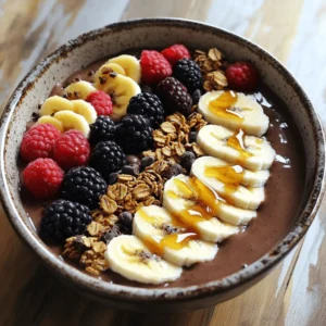 - 1 frozen banana, sliced - 1 cup unsweetened almond milk - 2 tablespoons natural peanut butter - 1 scoop chocolate protein powder - 2 teaspoons cacao powder - 1/2 teaspoon vanilla extract - 1 tablespoon chia seeds - Toppings: sliced bananas, fresh mixed berries, crunchy granola, cacao nibs, and a drizzle of honey - Frozen banana: Rich in potassium, it helps with muscle function. - Almond milk: Low in calories and high in vitamin E, it supports skin health. - Natural peanut butter: Offers healthy fats and protein for energy and fullness. - Chocolate protein powder: A great source of protein, it aids muscle recovery. - Cacao powder: Packed with antioxidants, it improves heart health and mood. - Vanilla extract: Adds flavor with no calories and may lower stress. - Chia seeds: High in fiber and omega-3 fatty acids, they boost heart health and digestion. - Toppings: Bananas, berries, and granola provide vitamins, minerals, and crunch. - Banana: Use avocado for creaminess or a different frozen fruit like mango. - Almond milk: Any milk works, like soy or oat milk. - Peanut butter: Swap for almond butter or sunflower seed butter for a nut-free option. - Chocolate protein powder: Use vanilla protein powder for a different flavor. - Cacao powder: Unsweetened cocoa powder can also work. - Chia seeds: Flaxseeds can be a good alternative. - Toppings: Try nuts, seeds, or any seasonal fruit you love. To start, gather your ingredients. You will need one frozen banana, a cup of unsweetened almond milk, two tablespoons of natural peanut butter, a scoop of chocolate protein powder, two teaspoons of cacao powder, half a teaspoon of vanilla extract, and one tablespoon of chia seeds. Place these items in a powerful blender. Blend them on high speed until everything mixes well. This step creates a rich, chocolatey base. After blending, check the texture. It should be smooth and creamy. If it feels too thick, add a splash more almond milk. Blend again until you reach your desired consistency. Scrape the sides of the blender if needed. This will help ensure that every ingredient mixes properly. Now, pour the smoothie into a bowl. Make sure it has a smooth surface. Next, it’s time to arrange your toppings. You can use sliced bananas, fresh mixed berries, crunchy granola, and cacao nibs for a tasty look. Don’t forget a drizzle of honey on top for added sweetness. This makes your smoothie bowl not only delicious but also visually appealing. Enjoy your creation right away! To boost flavor, try adding a pinch of sea salt. This brings out the sweetness. You can also mix in a dash of cinnamon for warmth. If you love chocolate, consider adding more cacao powder. For a fruity twist, toss in a handful of frozen berries before blending. Each addition will make your bowl taste even better. A creamy texture is key for a great smoothie bowl. Start with a frozen banana; it makes a big difference. Blend on high speed until smooth. If it’s too thick, add more almond milk, a little at a time. Scrape the blender sides to mix everything well. This will help you reach that perfect creamy consistency. Presentation matters! Pour the smoothie into a bowl, then smooth it out. Layer your toppings neatly for a fun look. You can use colorful fruits like berries and bananas. Sprinkle granola for a crunchy touch, and add cacao nibs for a nice finish. A drizzle of honey on top makes it shine and taste even sweeter. Enjoy the visual feast before you dig in! {{image_4}} You can switch up the protein powder for variety. Try vanilla or unflavored options. These changes let you explore new flavors. You can also use plant-based protein powders. They offer a great option for vegans and those with dairy issues. Each type of powder adds its unique taste and texture. Just remember to adjust the sweetness if needed. While peanut butter is a star, other nut butters work well too. Almond butter adds a nutty flavor. Cashew butter gives a creamy touch. Sunflower seed butter is a great nut-free choice. Each nut butter brings its own flair to the bowl. Feel free to mix and match to find your favorite! Toppings can change with the seasons. In summer, use fresh berries like strawberries or blueberries. In fall, sliced apples or pears add a nice crunch. Winter calls for pomegranate seeds or citrus slices. Mixing seasonal fruits not only enhances flavor but also boosts nutrients. You can even add nuts or seeds for extra texture. Get creative with your toppings each season! If you have leftover smoothie, pour it into a sealed container. Place it in the fridge. It will stay fresh for up to 24 hours. Before you eat it, stir well. The ingredients may separate a bit. You can freeze your smoothie ingredients ahead of time. Slice bananas and place them in a freezer bag. Measure out the peanut butter and protein powder, then store them together. This way, you can save time later. Just blend what you need when you are ready. To keep your smoothie fresh, use an airtight container. Avoid exposure to air. You can also add a squeeze of lemon juice. This helps slow down browning. For the best taste, enjoy your smoothie bowl soon after making it. Yes, you can easily make this smoothie bowl vegan. Use plant-based protein powder, like pea or hemp. Replace the honey with maple syrup or agave nectar. Choose a dairy-free yogurt or skip it for an even simpler version. To boost protein, add more protein powder or use Greek yogurt. You can also mix in silken tofu or a tablespoon of hemp seeds. These options give you extra protein without changing the flavor much. If you want more sweetness, try adding dates or a splash of maple syrup. You can also blend in extra ripe bananas or use sweetened almond milk. These options can make your smoothie bowl even tastier. To make your smoothie bowl thicker, add more frozen fruit, like bananas or berries. If it’s too thick, add a little almond milk to loosen it up. Blend until you reach the thickness you want. You now have a clear guide to making the perfect smoothie bowl. We covered ingredients and their health benefits. You learned simple steps for blending and arranging. Plus, I shared tips for flavor and texture to make it shine. Remember, you can mix and match ingredients or use seasonal fruits for variety. With smart storing techniques, your smoothie stays fresh longer. Embrace this recipe and make it your own. Enjoy each bite!