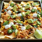 - 2 cups cooked shredded chicken - 1 cup BBQ sauce (your favorite variety) - 1 bag (12 oz) tortilla chips - 2 cups shredded cheese (a mix of cheddar and mozzarella for creaminess) - 1 cup black beans, rinsed and drained - 1 jalapeño, thinly sliced (seeds removed for less heat if desired) - 1 cup corn (fresh, canned, or frozen, thawed if frozen) - 1/2 red onion, finely diced - 1 avocado, diced - Fresh cilantro, roughly chopped, for garnish - Sour cream, for serving - Lime wedges, for a zesty finish You can swap some ingredients if needed. Use rotisserie chicken for speed. Any BBQ sauce works well. For the cheese, try pepper jack for heat or keep it simple with just cheddar. If you don't have black beans, kidney beans work too. Frozen corn is just fine if fresh isn't available. You can leave out the jalapeño if you want no heat. For a creamier topping, sour cream can be replaced with Greek yogurt. Choose fresh, high-quality items for the best taste. Look for tender chicken, ideally shredded at home or from a trusted source. Select a BBQ sauce you love; it makes a big difference. Go for chips that are sturdy enough to hold toppings. When picking cheese, fresh blocks melt better than pre-shredded. Lastly, look for ripe avocados and vibrant cilantro; they add flavor and color. Start by gathering all your ingredients. You'll need cooked shredded chicken, BBQ sauce, tortilla chips, and cheese. Don't forget black beans, corn, jalapeños, red onion, avocado, cilantro, sour cream, and lime. Preheat your oven to 400°F (200°C). This step is key for even baking. In a bowl, mix the chicken with the BBQ sauce until all pieces are coated. This adds flavor and moisture to your nachos. Grab a large sheet pan. Spread out the tortilla chips in one layer. It’s important they don’t overlap too much. Then, spoon the BBQ chicken over the chips evenly. Next, scatter the black beans, corn, jalapeños, and red onion across the nachos. This mix gives great taste and color. Finally, sprinkle a generous layer of shredded cheese on top. This will melt perfectly when baked. Place the sheet pan in the preheated oven. Bake for about 10-15 minutes. Keep an eye on them. You want the cheese to melt and bubble, turning golden. When it’s ready, take the pan out and let it cool for a few minutes. This helps prevent burns. Then, add the diced avocado and fresh cilantro for a burst of flavor. Serve with sour cream and lime wedges for a great finish. Enjoy your delicious BBQ chicken nachos! To get your nachos crispy, start with a single layer of tortilla chips. This helps all chips get even heat. Bake them for just a few minutes before adding toppings. This quick step makes a big difference. You can also use a mix of chips, like blue corn and regular. The variety adds fun and crunch. Serve your nachos straight from the sheet pan. It looks great and keeps your nachos warm. Offer sides like sour cream and lime wedges. They add creaminess and zest. You can also pair nachos with a fresh salad. A simple cucumber and tomato salad balances the rich flavors of the nachos. For extra flavor, add spices to your chicken mix. A bit of smoked paprika or cumin can elevate the taste. You can also swap the cheese. Try pepper jack for heat or gouda for smokiness. Don’t forget fresh toppings! Chopped green onions or diced tomatoes add freshness. {{image_4}} You can easily make a vegetarian version of BBQ nachos. Instead of chicken, use black beans or lentils for protein. Mix your beans with BBQ sauce for flavor. Add fresh veggies like bell peppers, corn, and zucchini for crunch. Top with cheese and bake as usual. These nachos are just as tasty and perfect for everyone. If you like heat, try spicy BBQ chicken nachos. Use a spicy BBQ sauce for an extra kick. Add diced jalapeños or sliced serrano peppers on top. You can also sprinkle some crushed red pepper flakes before baking. This version packs a punch and is great for those who enjoy bold flavors. Experiment with different cheeses for your nachos. While cheddar and mozzarella work great, try pepper jack for heat or gouda for a smoky flavor. Mixing cheeses can create a rich taste. Use any cheese you love. Just ensure it's good for melting, and you'll have a cheesy delight every time. To keep your leftover nachos fresh, place them in an airtight container. Layer parchment paper between the nachos to prevent sogginess. Store them in the fridge for up to three days. Avoid stacking them too high, as this can lead to mushy chips. For the best taste, reheat your nachos in the oven. Preheat your oven to 350°F (175°C). Spread the nachos on a baking sheet. Heat them for about 10 minutes or until the cheese melts again. This method keeps the chips crispy. You can also use a microwave, but the chips may get soft. If you have extra ingredients, you can freeze them. Place shredded chicken, black beans, corn, and cheese in separate freezer bags. Make sure to squeeze out all the air before sealing. These can stay fresh for up to three months. Just thaw in the fridge overnight before using. Yes, you can prep most of these nachos ahead. Cook the chicken and mix it with BBQ sauce a day early. Store it in the fridge. You can also chop veggies and keep them in a container. When you’re ready to eat, layer the nachos and bake them. This makes for a quick meal. Your favorite BBQ sauce works best. I love using a sauce with a sweet and smoky flavor. It adds a great taste to the chicken. If you prefer spice, pick a sauce with a kick. You can also try homemade BBQ sauce for a personal touch. To make a healthier version, consider these tips: - Use baked tortilla chips instead of fried ones. - Choose low-fat cheese or a smaller amount. - Add more veggies like bell peppers and spinach. - Use grilled chicken instead of fried. - Serve with Greek yogurt instead of sour cream. These changes keep all the flavor while cutting down on calories. You now have all the tools to create BBQ Chicken Nacho Sheet Pan magic. Start with quality ingredients, layer them wisely, and bake to cheesy perfection. Don't forget the tips to make them extra crispy and fun variations to try. Store your leftovers properly too, so nothing goes to waste. Follow these simple steps for tasty nachos everyone will love. Enjoy your cooking adventure and impress your friends and family!