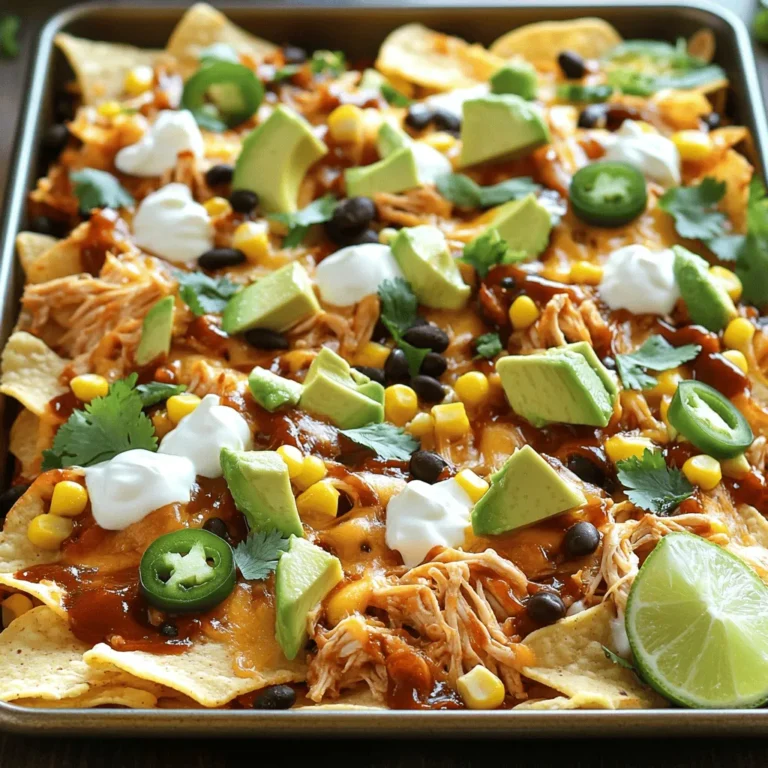 - 2 cups cooked shredded chicken - 1 cup BBQ sauce (your favorite variety) - 1 bag (12 oz) tortilla chips - 2 cups shredded cheese (a mix of cheddar and mozzarella for creaminess) - 1 cup black beans, rinsed and drained - 1 jalapeño, thinly sliced (seeds removed for less heat if desired) - 1 cup corn (fresh, canned, or frozen, thawed if frozen) - 1/2 red onion, finely diced - 1 avocado, diced - Fresh cilantro, roughly chopped, for garnish - Sour cream, for serving - Lime wedges, for a zesty finish You can swap some ingredients if needed. Use rotisserie chicken for speed. Any BBQ sauce works well. For the cheese, try pepper jack for heat or keep it simple with just cheddar. If you don't have black beans, kidney beans work too. Frozen corn is just fine if fresh isn't available. You can leave out the jalapeño if you want no heat. For a creamier topping, sour cream can be replaced with Greek yogurt. Choose fresh, high-quality items for the best taste. Look for tender chicken, ideally shredded at home or from a trusted source. Select a BBQ sauce you love; it makes a big difference. Go for chips that are sturdy enough to hold toppings. When picking cheese, fresh blocks melt better than pre-shredded. Lastly, look for ripe avocados and vibrant cilantro; they add flavor and color. Start by gathering all your ingredients. You'll need cooked shredded chicken, BBQ sauce, tortilla chips, and cheese. Don't forget black beans, corn, jalapeños, red onion, avocado, cilantro, sour cream, and lime. Preheat your oven to 400°F (200°C). This step is key for even baking. In a bowl, mix the chicken with the BBQ sauce until all pieces are coated. This adds flavor and moisture to your nachos. Grab a large sheet pan. Spread out the tortilla chips in one layer. It’s important they don’t overlap too much. Then, spoon the BBQ chicken over the chips evenly. Next, scatter the black beans, corn, jalapeños, and red onion across the nachos. This mix gives great taste and color. Finally, sprinkle a generous layer of shredded cheese on top. This will melt perfectly when baked. Place the sheet pan in the preheated oven. Bake for about 10-15 minutes. Keep an eye on them. You want the cheese to melt and bubble, turning golden. When it’s ready, take the pan out and let it cool for a few minutes. This helps prevent burns. Then, add the diced avocado and fresh cilantro for a burst of flavor. Serve with sour cream and lime wedges for a great finish. Enjoy your delicious BBQ chicken nachos! To get your nachos crispy, start with a single layer of tortilla chips. This helps all chips get even heat. Bake them for just a few minutes before adding toppings. This quick step makes a big difference. You can also use a mix of chips, like blue corn and regular. The variety adds fun and crunch. Serve your nachos straight from the sheet pan. It looks great and keeps your nachos warm. Offer sides like sour cream and lime wedges. They add creaminess and zest. You can also pair nachos with a fresh salad. A simple cucumber and tomato salad balances the rich flavors of the nachos. For extra flavor, add spices to your chicken mix. A bit of smoked paprika or cumin can elevate the taste. You can also swap the cheese. Try pepper jack for heat or gouda for smokiness. Don’t forget fresh toppings! Chopped green onions or diced tomatoes add freshness. {{image_4}} You can easily make a vegetarian version of BBQ nachos. Instead of chicken, use black beans or lentils for protein. Mix your beans with BBQ sauce for flavor. Add fresh veggies like bell peppers, corn, and zucchini for crunch. Top with cheese and bake as usual. These nachos are just as tasty and perfect for everyone. If you like heat, try spicy BBQ chicken nachos. Use a spicy BBQ sauce for an extra kick. Add diced jalapeños or sliced serrano peppers on top. You can also sprinkle some crushed red pepper flakes before baking. This version packs a punch and is great for those who enjoy bold flavors. Experiment with different cheeses for your nachos. While cheddar and mozzarella work great, try pepper jack for heat or gouda for a smoky flavor. Mixing cheeses can create a rich taste. Use any cheese you love. Just ensure it's good for melting, and you'll have a cheesy delight every time. To keep your leftover nachos fresh, place them in an airtight container. Layer parchment paper between the nachos to prevent sogginess. Store them in the fridge for up to three days. Avoid stacking them too high, as this can lead to mushy chips. For the best taste, reheat your nachos in the oven. Preheat your oven to 350°F (175°C). Spread the nachos on a baking sheet. Heat them for about 10 minutes or until the cheese melts again. This method keeps the chips crispy. You can also use a microwave, but the chips may get soft. If you have extra ingredients, you can freeze them. Place shredded chicken, black beans, corn, and cheese in separate freezer bags. Make sure to squeeze out all the air before sealing. These can stay fresh for up to three months. Just thaw in the fridge overnight before using. Yes, you can prep most of these nachos ahead. Cook the chicken and mix it with BBQ sauce a day early. Store it in the fridge. You can also chop veggies and keep them in a container. When you’re ready to eat, layer the nachos and bake them. This makes for a quick meal. Your favorite BBQ sauce works best. I love using a sauce with a sweet and smoky flavor. It adds a great taste to the chicken. If you prefer spice, pick a sauce with a kick. You can also try homemade BBQ sauce for a personal touch. To make a healthier version, consider these tips: - Use baked tortilla chips instead of fried ones. - Choose low-fat cheese or a smaller amount. - Add more veggies like bell peppers and spinach. - Use grilled chicken instead of fried. - Serve with Greek yogurt instead of sour cream. These changes keep all the flavor while cutting down on calories. You now have all the tools to create BBQ Chicken Nacho Sheet Pan magic. Start with quality ingredients, layer them wisely, and bake to cheesy perfection. Don't forget the tips to make them extra crispy and fun variations to try. Store your leftovers properly too, so nothing goes to waste. Follow these simple steps for tasty nachos everyone will love. Enjoy your cooking adventure and impress your friends and family!