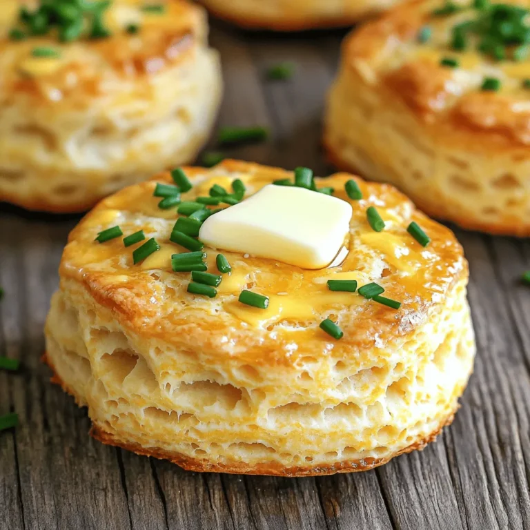 To make these delicious cheddar chive biscuits, you need the following ingredients: - 2 cups all-purpose flour - 1 tablespoon baking powder - 1/2 teaspoon salt - 1/4 teaspoon black pepper - 1/2 cup unsalted butter, cold and cubed - 1 cup sharp cheddar cheese, shredded - 1/4 cup fresh chives, finely chopped - 3/4 cup buttermilk Each ingredient plays a key role in creating the perfect biscuit. The flour gives the structure, while the butter adds flakiness. Sharp cheddar brings in that rich, cheesy flavor, and fresh chives add a nice oniony touch. If you need to adjust your ingredients, don’t worry. You can swap all-purpose flour with whole wheat flour for a nuttier flavor. If you don’t have buttermilk, regular milk mixed with a little vinegar works well. You can use any cheese you like, too. Just keep the amount the same. If you want a milder taste, try mozzarella or Monterey Jack. Using fresh chives is key to getting the best flavor. Dried chives won’t give you the same bright taste. Fresh chives add a pop of color and flavor that makes the biscuits special. As for the cheese, choose a good quality sharp cheddar. It should be fresh and flavorful. This choice makes a big difference in your biscuits and elevates the whole dish. Start by preheating your oven to 425°F (220°C). This step is key for great baking. Next, line a baking sheet with parchment paper. This helps the biscuits not stick. In a big bowl, sift together 2 cups of all-purpose flour, 1 tablespoon of baking powder, 1/2 teaspoon of salt, and 1/4 teaspoon of black pepper. This mixes everything well and gets rid of lumps. Cold butter is vital. Use 1/2 cup of unsalted butter, cut into small cubes. Add the butter to the flour mix. Use your fingers or a pastry cutter to blend. You want it to look like coarse crumbs. This makes the biscuits flaky. Now, fold in 1 cup of sharp cheddar cheese and 1/4 cup of fresh chives. Make sure they mix well but don’t overwork the dough. Create a well in the center of the dry mix. Pour in 3/4 cup of buttermilk. Use a fork to mix gently until it just comes together. Be careful not to knead too much. This will make your biscuits tough. On a lightly floured surface, turn out the dough. Pat it into a rectangle that’s about 1 inch thick. Fold the dough over a few times. This helps create layers. Then, roll it out again to 1 inch thick. Use a biscuit cutter to make round biscuits. Place them on the prepared baking sheet. Gather leftover scraps, reroll, and cut out more biscuits. Place the biscuits in your hot oven. Bake for 12-15 minutes. They should rise and turn golden brown on top. Keep an eye on them to avoid burning. When they are done, take them out and let them cool for a few minutes. Serve them warm with butter and extra chives on top. This makes them even more delicious. Enjoy your savory treats! To get that lovely flaky texture in your cheddar chive biscuits, keep the butter cold. Start with unsalted butter that is chilled and cut into cubes. When you mix it into the flour, you want to break it up until it looks like coarse crumbs. This step is key. The cold butter creates steam when baking, which helps the biscuits rise and become flaky. Also, when you fold the dough, do it gently. Overworking the dough can lead to tough biscuits. One common mistake is using warm butter. Warm butter will not create that flaky texture. Another mistake is over-kneading the dough. You want the dough to come together just enough. If you keep mixing, the biscuits will lose their fluffiness. Lastly, don’t forget to preheat your oven. Baking in a hot oven helps the biscuits rise quickly. Cheddar chive biscuits taste great warm from the oven. I love to serve them with a pat of butter on top. You can also pair them with soups or salads for a nice meal. For a fun twist, try adding a bit of jam or honey. The sweet and savory mix is delightful. Don’t forget to sprinkle extra chopped chives on top for a pop of color and flavor! {{image_4}} You can change the flavor by using other cheeses. Try mozzarella for a mild taste. If you love blue cheese, add it for a sharp bite. Parmesan brings a nutty flavor that pairs well with chives. Just remember to shred the cheese for easy mixing. Each cheese will give a unique twist to your biscuits. Chives aren’t the only herb to use. Fresh parsley adds a bright note. Rosemary gives a warm, earthy flavor that works well in biscuits. Dill can bring a fresh taste that surprises your palate. You can mix and match herbs to find your favorite blend. Just chop them finely so they mix well. While cheddar chive biscuits are savory, sweet ones are also fun. You can make sweet biscuits with fruits like blueberries or strawberries. Just swap some flour for sugar to balance the flavors. Honey or maple syrup can add sweetness too. This way, you can enjoy biscuits for breakfast or dessert. The options are endless, and each will delight your taste buds! To keep your leftover cheddar chive biscuits fresh, store them in an airtight container. This helps keep the biscuits from drying out. You can keep them at room temperature for up to two days. If you want to keep them longer, consider refrigeration. Just remember to wrap them well to prevent them from absorbing other smells. If you want to save your biscuits for later, freezing them is a great option. First, let the biscuits cool completely. Then, place them on a baking sheet in a single layer. Freeze them for about an hour. After they are frozen, transfer them to a freezer-safe bag or container. They can last up to three months in the freezer. When you’re ready to eat them, just thaw and reheat. To reheat your biscuits, you can use the oven or microwave. For the oven, preheat it to 350°F (175°C). Place the biscuits on a baking sheet and warm them for about 10 minutes. This method keeps them crispy. If you’re in a hurry, use the microwave. Heat them for 15-20 seconds. This is quick, but they may lose some crispiness. Enjoy them warm for the best taste! Yes, you can make these biscuits ahead of time. You can prepare the dough and chill it. Wrap the dough in plastic wrap and keep it in the fridge for up to two days. This will keep the flavors fresh. When you are ready to bake, just roll out the dough, cut the biscuits, and bake. This method saves you time on busy days. Cheddar chive biscuits are great with many dishes. You can serve them with soups, stews, or salads. They pair well with a warm bowl of chili, adding a nice crunch. You can also enjoy them with breakfast items like eggs or bacon. For a tasty treat, spread some butter or cream cheese on top. They are yummy on their own, too! You will know the biscuits are done when they turn golden brown on top. The edges should be firm but soft to the touch. If you gently tap the top, they should feel light and airy. Baking takes about 12-15 minutes at 425°F (220°C). You can also check the bottom. It should be lightly browned. Enjoy that fresh, warm smell as they bake! Cheddar chive biscuits are easy to make with fresh ingredients and simple steps. We covered what you need, from quality cheese to fresh chives. You learned how to prep, mix, and bake for the perfect biscuit. Remember the tips to avoid mistakes and achieve that flaky texture. You can easily switch up the recipe with different cheeses and herbs. Lastly, proper storage keeps your leftovers tasty. I hope you feel ready to bake delicious biscuits that impress everyone. Enjoy making and sharing these tasty treats!