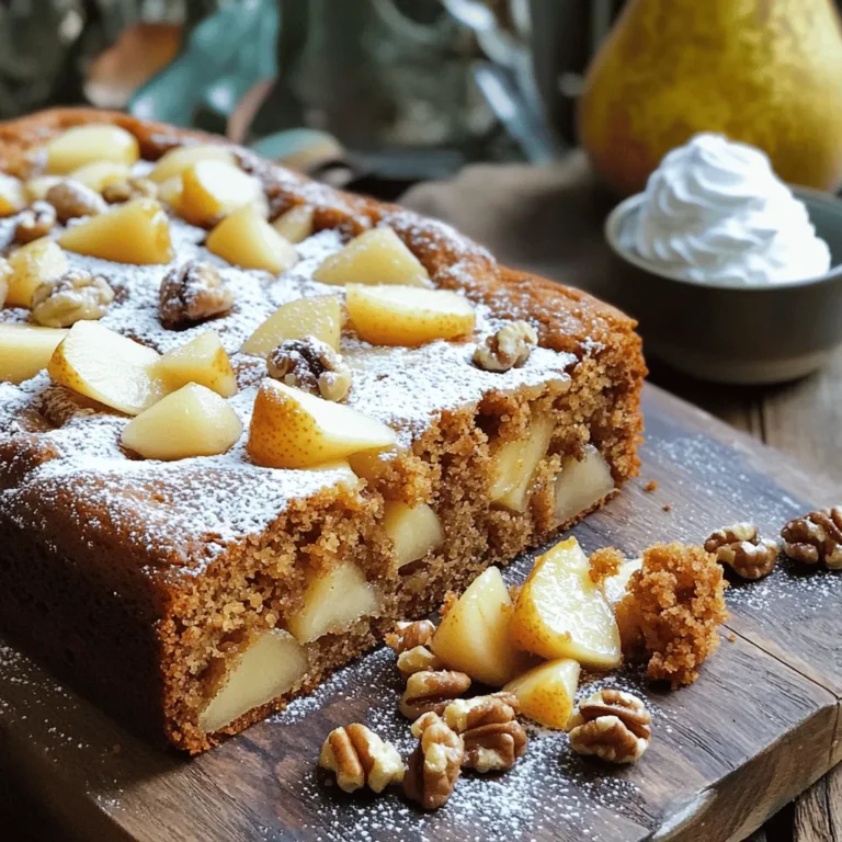 To make the spiced pear walnut coffee cake, you will need the following items: - 2 ripe pears, peeled and diced into small pieces - 1 cup walnuts, coarsely chopped - 1 ½ cups all-purpose flour, divided - 1 teaspoon baking powder - ½ teaspoon baking soda - 1 teaspoon ground cinnamon - ½ teaspoon ground nutmeg - ½ teaspoon fine salt - ¾ cup granulated sugar - ½ cup packed brown sugar - ½ cup unsalted butter, softened to room temperature - 2 large eggs, at room temperature - 1 teaspoon pure vanilla extract - ½ cup buttermilk, at room temperature You can make some swaps if you need to. For example: - Use any firm fruit, like apples, instead of pears. - Swap walnuts with pecans or almonds for a different nut flavor. - If you lack buttermilk, mix milk with lemon juice or vinegar. - You can use coconut oil in place of butter for a dairy-free option. Gather these tools to make your baking easy: - 9-inch round cake pan - Electric mixer - Mixing bowls (small and large) - Spatula - Whisk - Measuring cups and spoons - Wire rack for cooling - Toothpick to check doneness With these ingredients and tools, you are ready to create a delicious spiced pear walnut coffee cake that will impress your family and friends! First, set your oven to 350°F (175°C). Grab a 9-inch round cake pan. Grease this pan with butter. Then, dust it with flour. This will help the cake not stick later. In a small bowl, take the diced pears. Toss them with 1 tablespoon of flour. This helps keep the pears from sinking. Next, in a larger bowl, mix 1 ½ cups flour, baking powder, baking soda, cinnamon, nutmeg, and salt. Whisk them all together. This is your dry mix. Now, in a big bowl, cream ½ cup of softened butter, granulated sugar, and brown sugar. Use an electric mixer on medium speed. Mix until it’s light and fluffy, which takes about 3 to 5 minutes. This step is key for a soft cake. Add the eggs one at a time to the butter mix. Make sure each egg blends well before adding the next. Then, stir in 1 teaspoon of vanilla extract. Gradually add the dry mix to the butter mix. Alternate with ½ cup of buttermilk. Start and end with the dry mix. Mix gently until just combined. Be careful not to over-mix! Take a spatula and carefully fold in the floured pears and 1 cup of chopped walnuts. Do this gently to keep the batter fluffy. You want them to be evenly spread in the mix. Pour the batter into your prepared pan. Use a spatula to spread it evenly. Place the pan in the oven. Bake for 30 to 35 minutes. Check if it's done by inserting a toothpick into the center. If it comes out clean, it’s ready! Let the cake cool in the pan for about 10 minutes. Then, move it to a wire rack to cool completely before slicing. Enjoy your treat! To keep your spiced pear walnut coffee cake moist, use ripe pears. Ripe pears add natural sweetness and moisture. Toss the diced pears in flour before adding them to the batter. This helps them stay suspended and prevents them from sinking. Also, use buttermilk. It adds richness and keeps the cake tender. To check if your cake is done, use a toothpick. Insert it into the center of the cake. If it comes out clean or with a few crumbs, the cake is ready. If it has wet batter on it, bake for a few more minutes. Keep an eye on it after 30 minutes. Mix the batter just until combined. Over-mixing can make the cake tough. Gently fold in the pears and walnuts. This keeps the batter light and fluffy. Finally, let the cake cool before slicing. It helps the flavors meld together, giving you a better texture. {{image_4}} You can easily change the flavor of your cake. Try adding ginger for a warm kick. A dash of cloves can add a nice depth too. If you love citrus, mix in some lemon zest. This adds brightness and freshness to the cake. You can also add a splash of almond extract for a nutty taste. Each of these options gives your cake a unique twist. This cake is not just for pears and walnuts. You can swap out pears for apples, peaches, or even berries. Each fruit brings a different texture and taste. If you want to change the nuts, try pecans or almonds. They both work well with the cake. Mixing and matching will let you create your own favorite version. You can make this coffee cake gluten-free with a simple swap. Use a gluten-free flour blend for the all-purpose flour. Make sure it has a binding agent like xanthan gum. For dairy-free, replace the butter with coconut oil or dairy-free butter. Instead of buttermilk, use almond milk mixed with vinegar. These changes keep the cake tasty and moist. Store leftover spiced pear walnut coffee cake in an airtight container. Keep it at room temperature for up to two days. If you want to keep it longer, place it in the fridge. This helps keep the cake fresh for about a week. Just remember to let it cool completely before you store it. To freeze the coffee cake, first slice it into pieces. Wrap each slice tightly in plastic wrap, then place them in a freezer bag. Be sure to remove as much air as possible. This way, the cake stays fresh for up to three months. When you're ready to enjoy it, just thaw it in the fridge overnight. Reheat the cake in a microwave for about 15 to 20 seconds. This warms the cake while keeping it moist. You can also use an oven. Preheat it to 350°F (175°C) and warm the cake for about 10 minutes. This method gives a nice texture and taste. If you like, top it with a dollop of whipped cream or a scoop of ice cream for extra delight! Yes, you can make this coffee cake ahead of time. Once baked, let it cool completely. Cover it tightly with plastic wrap or aluminum foil. Store it at room temperature for up to three days. If you need to keep it longer, refrigerate it for up to a week. You can also freeze it. Wrap the cake well and store it in an airtight container for up to three months. This coffee cake pairs well with various treats. Here are some tasty ideas: - Fresh whipped cream - Vanilla ice cream - A drizzle of caramel sauce - A scoop of yogurt - Fresh fruit, like berries or apple slices These options add flavor and texture, making each bite special. To enhance the flavor of your coffee cake, try these tips: - Add a pinch of ground ginger for warmth. - Mix in some orange zest for a citrus note. - Use fresh spices instead of pre-ground for more depth. - Add vanilla bean seeds for an extra boost of flavor. These simple changes will give your cake a unique touch. Yes, you can substitute walnuts with other nuts. Here are some great options: - Pecans for a sweeter taste - Almonds for a crunchy texture - Hazelnuts for a rich, nutty flavor - Pistachios for a colorful twist Make sure to chop them coarsely, just like the walnuts, for even distribution in the cake. This blog post covered everything you need to make a great spiced pear walnut coffee cake. We discussed the ingredients, equipment, and detailed steps for baking. You learned tips for moisture and flavor and explored delicious variations. Proper storage and answers to common questions rounded out the post. As you bake, remember that each step is key to great taste. Enjoy your coffee cake and share it with friends!