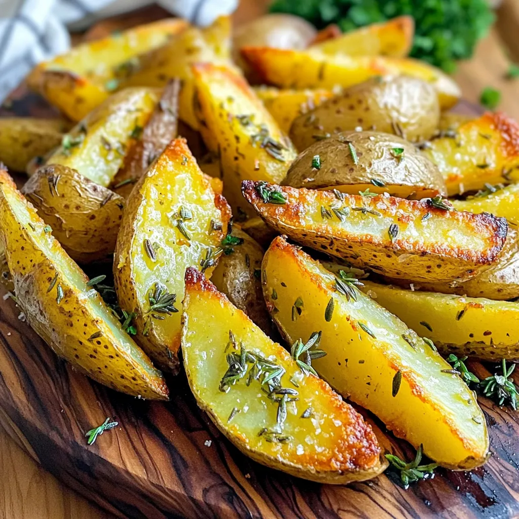 To make Air Fryer Garlic Herb Potato Wedges, you will need: - 4 medium russet potatoes, scrubbed and cut into wedges - 3 tablespoons extra virgin olive oil - 3 cloves of garlic, finely minced - 1 teaspoon dried rosemary - 1 teaspoon dried thyme - 1 teaspoon smoked paprika - 1 teaspoon onion powder - Salt and black pepper, to taste - Fresh parsley, chopped, for garnish These ingredients create a tasty base. The potatoes provide the perfect canvas for the herbs. You can add a few optional items for a twist: - Fresh garlic instead of dried - Fresh herbs like oregano or basil - A sprinkle of Parmesan cheese for a cheesy touch - Chili flakes for a spicy kick These additions can boost the flavor. Feel free to experiment with what you love. If you lack an ingredient, here are some swaps: - Use sweet potatoes instead of russet potatoes for a sweeter taste. - Try avocado oil instead of olive oil for a different oil flavor. - If you don’t have smoked paprika, regular paprika works well. - Replace dried herbs with fresh herbs, but use about three times as much. These substitutions can help you adjust the recipe based on what you have. Enjoy making these wedges your own! Start by washing your russet potatoes well. Scrub them firmly under running water. This removes dirt and ensures a clean taste. Cut each potato into even wedges. Aim for about eight wedges per potato. This helps them cook evenly. Try to keep the size consistent. In a large bowl, add the potato wedges. Pour in three tablespoons of olive oil. This will help the seasonings stick. Add three cloves of finely minced garlic. Then, mix in one teaspoon each of dried rosemary, dried thyme, smoked paprika, and onion powder. Sprinkle in salt and black pepper to taste. Toss everything together until the wedges are fully coated. Preheat your air fryer to 400°F (200°C). Once hot, arrange the seasoned wedges in a single layer in the basket. Don’t overcrowd; work in batches if needed. Cook for 15 to 20 minutes. Halfway through, shake the basket to ensure even cooking. Watch for that perfect golden brown color. When done, let them cool for a few minutes. This helps them get extra crispy. Transfer to a serving platter and finish with a sprinkle of fresh parsley. Enjoy your tasty snack! To get the best crunch, start with dry potatoes. Rinse them and pat them dry with a towel. The less moisture, the crispier they become. You should also cut the wedges evenly. This helps them cook at the same rate. Toss the wedges well with olive oil and seasonings. Make sure every wedge gets coated. This step is key for flavor and texture. Cook the potato wedges at 400°F (200°C) for 15 to 20 minutes. Check them at the 10-minute mark. Give the basket a shake. This helps them cook evenly. If you like them extra crispy, add a few more minutes. Just watch closely so they don’t burn. Each air fryer can vary, so adjust as needed. These wedges shine with a tasty dip! Try garlic aioli for a rich flavor. It adds a creamy touch that complements the garlic. Ketchup is a classic choice, too. If you want a kick, use spicy mayo. You can also make a simple yogurt dip with herbs. Each dip brings out new flavors in the crispy potato wedges. Enjoy exploring different pairings! {{image_4}} Want to add a kick? You can make spicy garlic herb potato wedges. Start by mixing in some cayenne pepper or red pepper flakes with the seasoning. This will give your wedges a nice heat. Adjust the amount as you like. If you love spice, go for more! These spicy wedges pair perfectly with a cool dip, like ranch. For a cheesy twist, sprinkle grated cheese on the wedges before cooking. Cheddar or Parmesan work great here. Add the cheese halfway through cooking for a melty top. This variation makes your garlic herb potato wedges rich and tasty. Everyone will love them! You can even serve with a side of sour cream for dipping. Switch things up with sweet potatoes! Use the same cooking method but adjust the spices. The natural sweetness of the sweet potatoes pairs well with rosemary and thyme. You might want to reduce the cooking time a bit since sweet potatoes cook faster. These wedges are not only colorful but also packed with nutrients. They make a fun and healthy side dish. To keep your leftover potato wedges fresh, let them cool first. Place them in an airtight container. This way, they stay crispy longer. You can store them in the fridge for up to three days. Avoid stacking them too high to keep their shape. For the best taste, reheat your potato wedges in the air fryer. Set it to 350°F (175°C) for about five to seven minutes. This method helps restore their crispness. If you don't have an air fryer, you can use an oven. Bake them at 375°F (190°C) for about ten minutes. You can freeze potato wedges for later use. First, cool them completely and then spread them out on a baking sheet. Freeze them for about an hour. After that, place them in a freezer-safe bag. They will stay good for up to three months. When you want to eat them, reheat directly from frozen in the air fryer, adding a few extra minutes to the cooking time. Yes, you can experiment with different potato types. Yukon gold potatoes work well too. Their creamy texture adds a nice flavor. Sweet potatoes are a fun choice for a twist. They bring a hint of sweetness and a vibrant color. Just remember to adjust the cooking time. Sweet potatoes may need a few extra minutes to get crispy. This recipe is nearly vegan already! Just ensure the dipping sauce is plant-based. You can pair the wedges with a vegan aioli or any other vegan dip. This way, you keep the flavor while catering to a vegan diet. First, check the power supply to your air fryer. Sometimes, it may not be plugged in correctly. If it powers on but doesn’t heat, try cleaning the heating element. Ensure there’s no food debris blocking it. If problems persist, consult the user manual for troubleshooting tips. It can guide you through common issues. You learned how to make delicious potato wedges using an air fryer. We covered essential ingredients, tasty variations, and helpful cooking tips. Don’t forget you can customize flavors and make healthy swaps. Enjoy crispy bites with your favorite dips. Store leftovers properly and reheat with care for maximum taste. I hope you feel inspired to try these recipes. Air frying is fun and tasty!