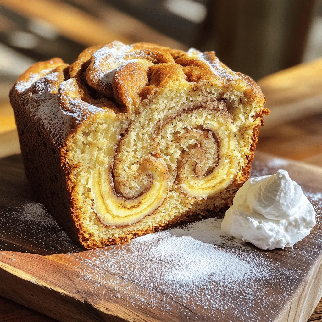 To make this tasty banana bread, you need: - 3 ripe bananas, thoroughly mashed - 1/3 cup melted coconut oil (can substitute with unsalted butter) - 1/2 cup packed brown sugar - 1 large egg, lightly beaten - 1 teaspoon pure vanilla extract - 1 teaspoon baking soda - A pinch of salt - 1 1/2 cups all-purpose flour - 1 teaspoon ground cinnamon - 1/4 cup granulated sugar (for cinnamon swirl mixture) These ingredients create a perfect blend of flavors. The ripe bananas add natural sweetness and moisture. The coconut oil gives it a rich texture. Brown sugar brings a hint of caramel flavor. A sprinkle of cinnamon makes everything taste warm and cozy. You can switch some ingredients based on what you have. For example: - Use unsalted butter instead of coconut oil. - You can use honey instead of brown sugar for a different sweetness. - Add nuts, like walnuts or pecans, for a nice crunch. - Try chocolate chips for a sweeter twist. These swaps keep the recipe flexible. You can customize it based on your taste. When picking bananas, look for ripe ones. Ripe bananas should be mostly yellow with a few brown spots. These spots mean the bananas are sweet and soft. If your bananas are green, let them sit on the counter for a few days. They will ripen quickly. You can speed up ripening by placing them in a paper bag. This traps the ethylene gas and helps them ripen faster. Start by preheating your oven to 350°F (175°C). This step is key for baking the bread evenly. Grab a 9x5-inch loaf pan and grease it well with cooking spray or butter. This will help you remove the bread easily after baking. Now, gather your ingredients. You will need three ripe bananas, melted coconut oil, brown sugar, a large egg, vanilla extract, baking soda, salt, all-purpose flour, ground cinnamon, and granulated sugar for the swirl. In a large mixing bowl, add the melted coconut oil and mashed bananas. Stir them together until smooth. This is where your banana bread gets its rich flavor. Next, mix in the brown sugar, beaten egg, and vanilla extract. Blend these until you have a creamy batter. In another bowl, whisk together the baking soda, salt, and flour. Slowly add this dry mix to the banana mix. Stir gently until just combined. It’s okay if there are a few lumps. For the cinnamon swirl, take a small bowl. Combine the granulated sugar and ground cinnamon in it. Stir until they are mixed well. Now, pour half of the banana batter into your prepared loaf pan. Spread it evenly. Then, sprinkle half of the cinnamon-sugar mixture over this layer. Next, pour the rest of the banana batter on top. Finally, add the remaining cinnamon-sugar mixture. To create a beautiful swirl, use a knife or skewer to gently swirl through the batter. Be careful not to mix it all together. This gives your bread a lovely marbled look. To create the best swirl, layer your batter carefully. Start by pouring half the batter into the pan. Then, sprinkle half the cinnamon-sugar mixture over it. Pour the rest of the batter on top. Finally, add the remaining cinnamon-sugar mixture. Use a knife or skewer to make gentle swirls. Don’t overdo it; you want a nice marbled look, not a blended mess. Moisture is key to great banana bread. Use very ripe bananas; they should be soft and brown. The mashed bananas add both moisture and natural sweetness. Adding melted coconut oil or unsalted butter helps too. When mixing, avoid overmixing the batter. A few lumps are okay. This keeps the bread light and fluffy, which is what you want. If your bread sinks in the middle, you may have overmixed. Make sure to mix just until combined. If it’s dry, check your bananas. They should be very ripe. If your bread is too dark on top but not cooked inside, cover it with foil. This protects the top while the inside finishes baking. Always check for doneness with a toothpick; it should come out clean or with a few crumbs. {{image_4}} You can add nuts or chocolate to your banana bread. Walnuts or pecans add a nice crunch. Chop them up and fold them into the batter. For chocolate lovers, try adding chocolate chips. Use about a half cup for the right sweetness. This twist makes every slice even more special. If you need a gluten-free option, swap all-purpose flour for gluten-free flour. Use a blend that works well in baking. Make sure it has xanthan gum to help with texture. Follow the same steps in the recipe for a tasty gluten-free treat. You won’t miss the gluten at all! Seasonal flavors can make your banana bread unique. In fall, add pumpkin spice for a warm taste. In winter, try adding a bit of nutmeg for a cozy vibe. You can also mix in dried cranberries or fresh blueberries for a fruity twist. These flavors keep your banana bread exciting all year long! To keep your cinnamon swirl banana bread fresh, store it properly. First, wrap the bread tightly in plastic wrap. This keeps moisture in and prevents it from drying out. Next, place the wrapped bread in an airtight container. This adds an extra layer of protection against air and odors. Store your banana bread at room temperature for up to three days. If you want to keep it longer, freezing is a great option. Freezing is easy and will save your banana bread for later. Start by slicing the bread into individual pieces. This makes it simple to thaw just what you need. Wrap each slice in plastic wrap, then place them in a freezer-safe bag. Be sure to remove as much air as possible to avoid freezer burn. You can freeze the slices for up to three months without losing flavor. When you’re ready to enjoy your banana bread, reheating it can bring back its original taste. If you have a slice, microwave it for about 10 to 15 seconds. This warms it up without making it dry. You can also use an oven to reheat the whole loaf. Preheat the oven to 350°F (175°C) and wrap the bread in foil. Heat for about 10 to 15 minutes. This method keeps the bread soft and delicious. Enjoy your warm, cinnamon-swirled treat! Yes, you can make this banana bread vegan. Simply replace the egg with a flaxseed egg. To make a flaxseed egg, mix 1 tablespoon of ground flaxseed with 2.5 tablespoons of water. Let it sit for 5 minutes until it thickens. You can also swap the coconut oil with plant-based butter. This way, you keep the yummy taste while making it vegan-friendly. To check if your banana bread is done, insert a toothpick into the center. If it comes out clean or with a few moist crumbs, it is ready. Bake for 50-60 minutes. If the top gets too brown, cover it with foil. This helps it bake evenly without burning. If you need ripe bananas fast, use one of these methods. First, place them in a brown paper bag. This traps ethylene gas and speeds up ripening. You can also bake them in the oven at 300°F for about 15-20 minutes. The skin will darken, but the inside will be soft and sweet. Cinnamon swirl banana bread is fun to make and tastes great. We discussed key ingredients, like basic baking items and ripe bananas. You can even try optional add-ins for a twist. I shared step-by-step instructions to help you mix and swirl with ease. Plus, tips for moisture and flavor ensure perfect results. Don’t forget the storage tips to keep your bread fresh and tasty. Now, you're ready to bake this delicious treat and enjoy it with family or friends. Happy baking!
