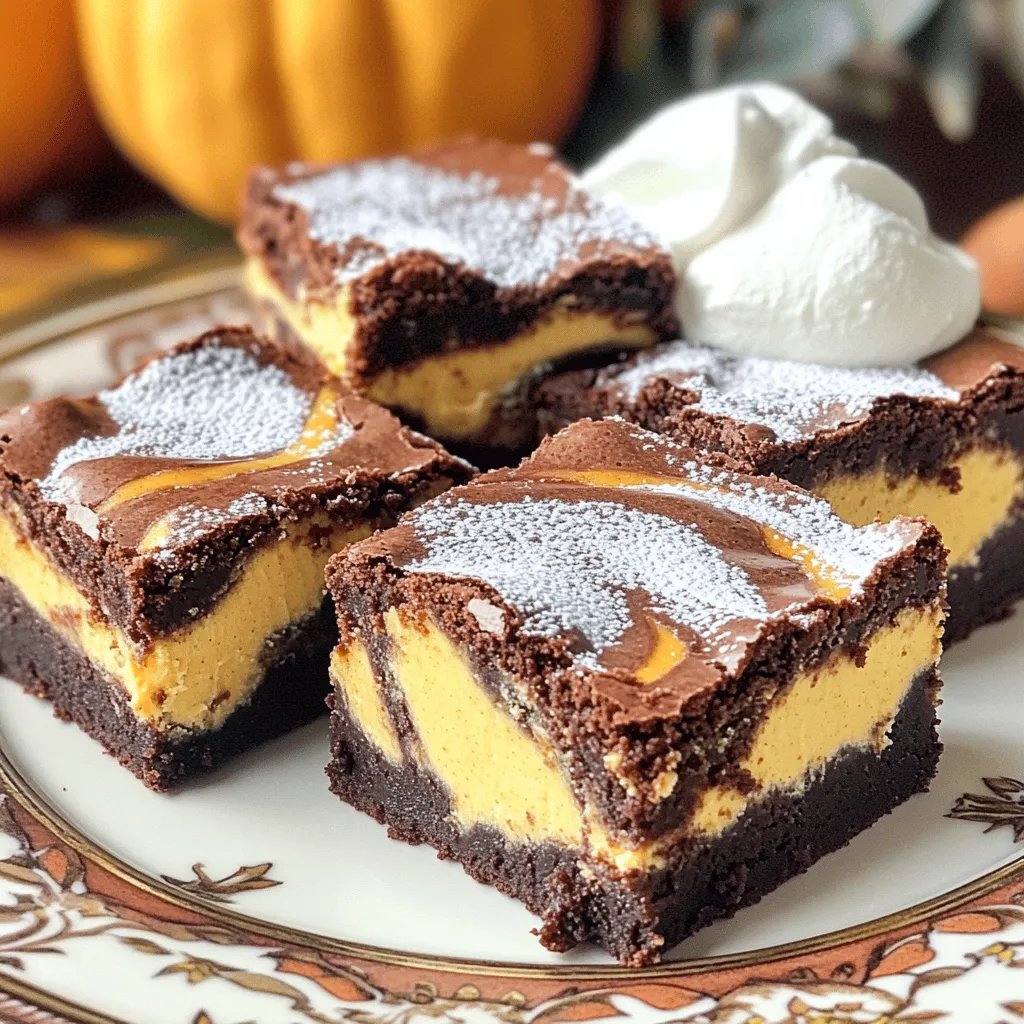 - 1 cup unsalted butter, melted - 1 1/2 cups granulated sugar - 4 large eggs, at room temperature - 1 cup all-purpose flour - 1/2 cup unsweetened cocoa powder - 1/2 teaspoon baking powder - 1/4 teaspoon salt - 1/2 cup semi-sweet chocolate chips (optional) - 1 cup cream cheese, softened to room temperature - 1/2 cup canned pumpkin puree - 1/2 teaspoon pumpkin pie spice - 1/4 cup powdered sugar - 9x13 inch baking pan - Electric mixer - Mixing bowls To create these amazing pumpkin cheesecake swirl brownies, you need the right ingredients. First, gather everything for the brownies. The melted butter gives a rich flavor. Granulated sugar adds sweetness. Eggs help bind the mixture. Flour and cocoa powder create the base. Baking powder makes them fluffy, while a pinch of salt balances the taste. You can add chocolate chips for extra yum. Next, for the pumpkin cheesecake swirl, you need cream cheese for creaminess. Canned pumpkin puree adds that lovely fall flavor. Pumpkin pie spice gives it warmth. Finally, powdered sugar sweetens the mix. Make sure you have a 9x13 inch baking pan, an electric mixer, and mixing bowls ready. These tools will help you mix and bake smoothly. Now, you're all set to make these delicious brownies! - Preheat oven to 350°F (175°C). - Grease or line the baking pan with parchment paper. 1. In a large bowl, mix melted butter and granulated sugar. 2. Add eggs and vanilla extract, mixing well. 3. In another bowl, combine flour, cocoa powder, baking powder, and salt. 4. Slowly add dry ingredients to the wet mix. Stir until combined. 5. If you want, fold in semi-sweet chocolate chips. 1. In a separate bowl, beat cream cheese until smooth. 2. Add canned pumpkin, pumpkin pie spice, and powdered sugar. 3. Mix until creamy and free of lumps. 1. Pour half of the brownie batter into the pan. Spread it evenly. 2. Dollop pumpkin cheesecake mixture over the brownie base. 3. Use a knife to swirl the two mixtures together gently. 4. Pour the remaining brownie batter on top. Swirl again if desired. 1. Place the pan in the oven and bake for 30-35 minutes. 2. Check doneness with a toothpick. It should come out with moist crumbs. 1. Allow the brownies to cool in the pan for at least 20 minutes. 2. Use parchment paper to lift the brownies out. Slice into squares. To make the best brownies, pay attention to the baking time. I bake them for 30 to 35 minutes. The center should look slightly underbaked. A toothpick should come out with a few moist crumbs. This gives you that gooey texture everyone loves. Use room temperature ingredients. This helps the butter and sugar mix well. Eggs should also be at room temperature. This will make your brownies smooth and rich. Achieving the perfect cheesecake swirl takes practice. Pour half of the brownie batter into the pan first. Then dollop the pumpkin cheesecake mixture on top. Use a knife or toothpick to swirl gently. Don’t overmix, or you’ll lose the beautiful design. To create pretty designs, swirl in different directions. Try making large loops or zigzags. The key is to have fun while swirling! For a stunning presentation, serve the brownies on a nice plate. Dust some powdered sugar on top for a lovely finish. Add a dollop of whipped cream or a scoop of ice cream next to the brownies. This adds a creamy touch that makes each bite delightful. You can also sprinkle some cinnamon for extra flavor. {{image_4}} You can easily make these brownies gluten-free. Just swap the all-purpose flour for a gluten-free blend. Look for a blend that has xanthan gum. This will help keep the texture nice and chewy. Make sure to check that your cocoa powder is also gluten-free. Want to mix things up? You can add nuts to your brownie batter. Chopped walnuts or pecans add crunch and flavor. You can also try different types of chocolate. White chocolate or dark chocolate chips work great. Spices can elevate your brownies too. Adding a pinch of cinnamon or nutmeg gives warmth to the flavors. You can even add a dash of ginger for a little kick. These extras create a fun twist on the classic recipe. These brownies pair well with coffee or chai tea. The rich flavors complement each other perfectly. For a fun touch, try adding a scoop of vanilla ice cream on top. A drizzle of caramel or chocolate sauce is also a great idea. You can also serve the brownies with whipped cream. Dusting them with powdered sugar adds a nice finish. Feel free to get creative with your toppings! To keep your pumpkin cheesecake swirl brownies fresh, store them in an airtight container. This helps to prevent them from drying out. You can also wrap them tightly in plastic wrap. Make sure to place a piece of parchment paper between layers if stacking. This way, they won’t stick together. If you want to freeze your brownies, first let them cool completely. Then, wrap each brownie in plastic wrap. After that, place the wrapped brownies in a freezer-safe bag. Remove as much air as possible. When you want to enjoy them later, just take them out and let them thaw at room temperature for a few hours. You can also warm them in the microwave for a few seconds for a fresh taste. At room temperature, these brownies last about 3 to 4 days. If you keep them in the fridge, they can last up to a week. Just remember to store them in an airtight container to maintain their deliciousness. Yes, you can use fresh pumpkin. Fresh pumpkin has a vibrant flavor. It can taste better than canned. However, it needs more work. You'll need to roast and puree it. This can take time and effort. Canned pumpkin is ready to use. It is also very convenient. In the end, both options can work in your brownies. You can tell the brownies are done with a toothpick. Insert the toothpick into the center. If it comes out with a few moist crumbs, they're ready. If it comes out with wet batter, they need more time. Bake them for 30-35 minutes. Keep an eye on them as they bake. Yes, you can make the brownies ahead of time. You can bake them a day before. Allow the brownies to cool completely. Then, store them in an airtight container. Keep them at room temperature for two days. For longer storage, place them in the fridge. They will stay fresh for about a week. If your brownies are dry, try a few fixes. You can add a bit of melted butter. This can help add moisture. If you have extra cream cheese, mix some in. You can also serve them with whipped cream. This adds creaminess and flavor to each bite. Keep an eye on the baking time next time. This can help prevent dryness. You’ve learned how to make delicious brownies with a pumpkin cheesecake swirl. We covered key ingredients, step-by-step instructions, and helpful tips for success. Remember, using room temperature ingredients makes a big difference. You can also experiment with flavors and variations to suit your taste. Lastly, proper storage keeps your brownies fresh for days. Enjoy baking this tasty treat and impress your friends and family with your skills!