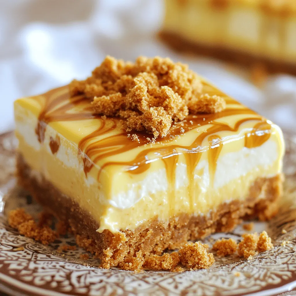 - 200g Biscoff cookies, finely crushed - 100g unsalted butter, melted - 400g cream cheese, brought to room temperature - 100g powdered sugar - 150g Biscoff spread - 200ml heavy whipping cream - A pinch of sea salt The main ingredients make this dessert rich and tasty. Biscoff cookies give a great flavor and crunch. The cream cheese adds creaminess. Melted butter helps the crust stick together. Powdered sugar sweetens the filling. Biscoff spread gives that special touch. Heavy whipping cream makes the dessert fluffy. A little sea salt balances the sweetness. - Crushed Biscoff cookies - Full Biscoff cookies These optional garnishes can make your bars look pretty. Crushed cookies add a nice texture on top. Whole cookies can sit on the bars for a fun touch. They make the dessert look more inviting and tasty. - Mixing bowls - Electric mixer - 8x8 inch baking dish You will need a few simple tools to make these bars. Mixing bowls help you combine all the ingredients. An electric mixer is key to whipping cream and mixing the filling easily. An 8x8 inch baking dish is perfect for setting the bars. It’s the right size to create nice, even slices. 1. Start by crushing 200g of Biscoff cookies into fine crumbs. You can use a food processor or place them in a bag and crush them with a rolling pin. 2. In a mixing bowl, combine the crushed cookies with 100g of melted unsalted butter. Mix until it looks like wet sand. 3. Press this mixture firmly into the bottom of an 8x8 inch baking dish. Use the back of a measuring cup or your hands for an even layer. 4. Chill the crust in the refrigerator for 15 minutes. This helps it set and hold together nicely. 1. While the crust chills, pour 200ml of heavy whipping cream into another mixing bowl. Whip it on medium-high speed until stiff peaks form. Set this whipped cream aside. 2. In a separate bowl, beat 400g of room temperature cream cheese with 100g of powdered sugar. Mix on medium speed until smooth and creamy, with no lumps. 3. Gently fold 150g of Biscoff spread into the cream cheese mixture using a rubber spatula. Make sure it blends well for a consistent flavor. 4. Carefully fold in the whipped cream in batches. This keeps the filling light and airy. 1. Spread the cheesecake filling evenly over the chilled crust. Use a spatula to smooth the top for a nice finish. 2. Drizzle some extra Biscoff spread on top. Use a knife or skewer to create a light swirl for a pretty design. 3. Place the dish back in the refrigerator. Chill for at least 4 hours until the bars are fully set and firm. 4. Once set, remove the cheesecake from the fridge and cut it into 12 even bars. Garnish with finely crushed Biscoff cookies for added texture. To get stiff peaks in your whipped cream, start with a cold mixing bowl. Chilling the bowl and beaters helps the cream whip faster. Whip on medium-high speed until the cream forms peaks that hold their shape. This is key for a light cheesecake texture. Use cream cheese at room temperature. This makes it easier to mix and avoids lumps. Beat the cream cheese and powdered sugar until smooth. When adding Biscoff spread, use a rubber spatula. Gently fold it in to keep air in the mixture. This keeps your cheesecake light and fluffy. For serving, place the cheesecake bars on a nice platter. Drizzle extra Biscoff spread on top for flair. Garnish with whole Biscoff cookies at an angle. This adds charm and makes your dessert look tempting. Use finely crushed Biscoff cookies to sprinkle on each bar for extra crunch. {{image_4}} You can easily change the flavor of your No Bake Biscoff Cheesecake Bars. Here are a few ideas to get you started: - Adding chocolate or caramel: Drizzle melted chocolate or caramel sauce on top. This adds a rich layer of flavor. You can also fold it into the cheesecake mixture for a twist. - Incorporating nuts or fruit toppings: Add chopped nuts like pecans or walnuts for crunch. Fresh fruit like strawberries or bananas can also brighten up the bars. Just remember to keep the fruit low in moisture to avoid sogginess. If you need a gluten-free version, it’s simple. Substitute the regular Biscoff cookies with gluten-free cookies. There are many good options available. Just make sure to check the packaging for the gluten-free label. You can serve your cheesecake bars in fun ways: - Freezing for cheesecake bites: Cut the bars into smaller pieces and freeze them. This gives you bite-sized treats that are perfect for parties or snacking. - Making mini cheesecake cups: Use cupcake liners in a muffin tin. Fill each liner with the cheesecake mixture. This way, you get cute mini cheesecake cups that are easy to serve and eat. By trying these variations, you can create a No Bake Biscoff Cheesecake that feels new every time! To keep your No Bake Biscoff Cheesecake Bars fresh, store them in the fridge. Place the bars in an airtight container. You can also cover them tightly with plastic wrap. If you want to save them for later, freezing is a great option. Cut the bars into pieces first. Wrap each piece in plastic wrap and place them in a freezer-safe bag. These cheesecake bars can last in the fridge for up to five days. If stored in the freezer, they can stay good for about three months. Just remember to check for any signs of freezer burn before enjoying them. If you freeze the bars, let them thaw in the fridge overnight. This keeps them moist and tasty. You can also leave them out at room temperature for about an hour before serving. Avoid using the microwave, as it can change the texture. Enjoy your bars chilled for the best flavor! Yes, you can! Try using graham crackers, digestive biscuits, or Oreos. Each cookie gives a unique taste. If you want a chocolate twist, Oreos are great. For a classic flavor, graham crackers work well. Remember, choose something crunchy for the best base. The cheesecake bars need at least 4 hours to chill. This time helps them firm up. For the best results, let them sit overnight. This way, they become even more delicious. If you cut them too soon, they may fall apart. You can use low-fat cream cheese, but the taste may change. The bars might taste less rich and creamy. Full-fat cream cheese gives a smoother texture. If you choose low-fat, expect a lighter flavor. It’s a good option if you want a healthier treat! To cut cheesecake bars cleanly, use a sharp knife. Dip the knife in hot water, then wipe it dry. This helps create neat slices. Cut slowly to avoid squishing the bars. For the best results, cut them after chilling overnight. This blog post covered making Biscoff cheesecake bars from scratch. We discussed ingredients, tools, and step-by-step instructions. I shared tips for perfect texture and creative ways to present your dessert. You can even try different flavors or make it gluten-free. Lastly, I provided storage info to keep your bars fresh. Enjoy creating these tasty treats and make them your own!