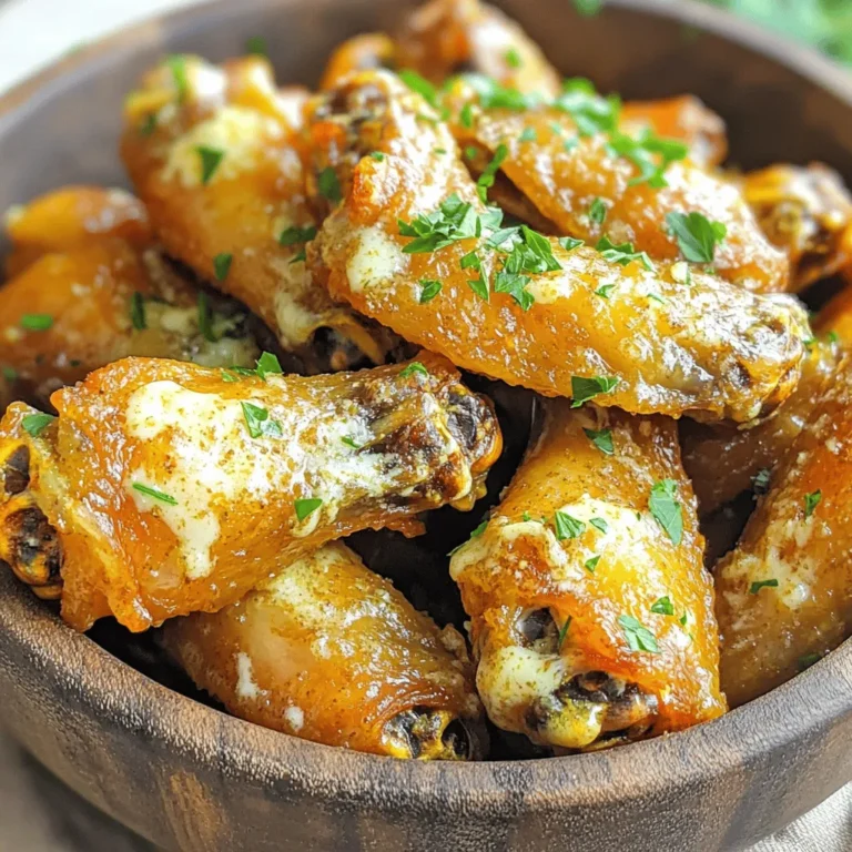 - 2 lbs chicken wings (flats and drumettes) - 2 tablespoons olive oil - 1 teaspoon garlic powder - 1 teaspoon onion powder - 1 teaspoon smoked paprika - Salt and pepper to taste - ½ cup grated Parmesan cheese - 2 tablespoons fresh parsley, finely chopped - 2 tablespoons garlic, minced - 1 tablespoon butter, melted To make the best Air Fryer Garlic Parmesan Wings, you need fresh chicken wings. Choose a mix of flats and drumettes for variety. Olive oil helps the seasonings stick and adds flavor. Garlic powder, onion powder, and smoked paprika bring depth to the wings. Parmesan cheese adds a rich, nutty taste. Fresh parsley brings color and freshness. You can adjust these ingredients based on what you like. Feel free to add more garlic if you want more kick! - Alternative seasonings for a different flavor profile: Try using chili powder or cumin for heat. - Dipping sauce suggestions: Ranch and blue cheese pair well with the wings. If you want a twist, swap the spices. Different seasonings can change the whole dish. For a dip, ranch is creamy, while blue cheese is tangy. Both enhance the flavor of the wings. - Air fryer specifications: Make sure your air fryer can hold the wings in a single layer. - Mixing bowls and utensils: A large bowl for mixing and a spatula for tossing. You need a good air fryer for crispy wings. It should heat evenly and fit all the wings without overcrowding. A large mixing bowl helps you mix the wings and spices well. A spatula or your hands works best for tossing. To start, grab a large mixing bowl. Add 2 lbs of chicken wings, separated into flats and drumettes. Drizzle 2 tablespoons of olive oil over the wings. Sprinkle in 1 teaspoon each of garlic powder, onion powder, and smoked paprika. Add salt and pepper to taste. Use your hands to mix everything. Make sure every wing gets a good coat of the marinade. Next, preheat your air fryer to 400°F (200°C). This step is key, as preheating helps the wings cook evenly. While it heats, arrange the wings in the air fryer basket. Place them in a single layer. Do not overcrowd the basket. If you have too many wings, cook them in batches. This keeps them crispy and delicious. Cook the wings for 25-30 minutes. Halfway through, flip the wings for even cooking. They should turn a lovely golden brown when done. Keep an eye on them to avoid overcooking. The crispiness is what makes these wings great! While the wings cook, you can prepare the sauce. In a small bowl, mix 1 tablespoon of melted butter with 2 tablespoons of minced garlic and ½ cup of grated Parmesan cheese. Stir until well combined. This sauce brings all the flavors together. When the wings are finished cooking, transfer them to a large mixing bowl. Pour the garlic Parmesan sauce over the hot wings. Toss them gently but thoroughly. You want each wing to be fully coated. For the final touch, sprinkle the remaining Parmesan cheese and 2 tablespoons of finely chopped parsley over the wings. This adds color and flavor. Serve them hot and enjoy! To get the best crispiness from your air fryer garlic parmesan wings, avoid overcrowding the basket. When wings touch, steam forms and makes them soggy. Cook in batches for the best results. You want each wing to have space to breathe and crisp up nicely. Preheat your air fryer to 400°F (200°C) for about 5 minutes. This step warms up the air fryer before cooking. A hot start helps the wings cook evenly and achieve that golden brown texture. Flip the wings halfway through cooking to ensure they crisp on all sides. To make your wings even tastier, consider adding more spices. A pinch of cayenne pepper adds heat. You might also try adding dried herbs like thyme or oregano for a fresh twist. For garnishes, I suggest serving lemon slices alongside the wings. The citrus brightens the dish. Extra chopped parsley also adds color and freshness. A sprinkle of extra Parmesan cheese just before serving makes them look beautiful and adds more flavor. If you have a lot of wings, cooking in batches works best. Cook about half the wings at a time. This method helps each wing get crispy and prevents sogginess. After the first batch, keep the wings warm in an oven set at low heat. This way, you can serve all the wings together, hot and fresh. Cooking in multiple rounds may take a bit longer, but the taste is worth the wait. {{image_4}} You can easily change up the flavor of your wings. If you love heat, try Buffalo wings. Just toss the cooked wings in your favorite Buffalo sauce. For a sweet twist, use BBQ sauce instead. Both options bring a fun kick. You can also add herbs or spices to your garlic Parmesan wings. Try mixing in dried oregano or thyme. A pinch of red pepper flakes can add a little spice. These simple swaps can take your wings to a new level. Looking for a lighter option? You can make lower-calorie coatings. Use less oil or try a cooking spray. You can swap out the Parmesan cheese for a lighter cheese, too. This keeps the flavor but cuts some calories. If you're not in the mood for chicken, why not try air fryer veggie wings? Use cauliflower or mushrooms instead. Coat them in the same seasoning mix. They will cook up crispy and full of flavor. You can get creative with the ingredients. If you're out of Parmesan, try mozzarella or cheddar. Each cheese brings its own unique taste. You can also use different proteins. Try turkey wings instead of chicken. They have a similar texture and flavor. You can even use tofu for a plant-based option. Just make sure to adjust the cooking time. This way, you can enjoy tasty wings no matter your diet! To store leftover wings, let them cool first. Place the wings in an airtight container. You can use a glass or plastic container with a tight lid. This keeps them fresh. Store them in the fridge for up to three days. If you want to enjoy them later, make sure they are packed well. To reheat your wings and keep them crispy, use the air fryer again. Preheat your air fryer to 375°F (190°C). Place the wings in the basket in a single layer. Heat them for about 5 to 7 minutes. They should become crispy again. You can also use an oven at 350°F (175°C) for about 10-15 minutes. Just make sure to flip them halfway through for even heating. If you want to freeze the wings, do it right after they cool. Place them in a freezer-safe bag or container. Remove as much air as possible to prevent freezer burn. They can last up to three months in the freezer. When ready to eat, thaw them in the fridge overnight. Reheat them in the air fryer as mentioned above for the best results. Enjoy your wings just like fresh! Cook chicken wings in an air fryer for 25 to 30 minutes. If you use 2 pounds of wings, this time works well. Flip the wings halfway through for even cooking. Each air fryer is a bit different, so check if they are crispy and golden when done. Yes, you can marinate wings overnight. Marinating helps flavors soak into the chicken. Use olive oil, garlic powder, and spices for the best taste. Just keep the wings in the fridge in a sealed container. This way, they stay fresh and safe to eat. You can serve wings with many sides. Some great options are: - Celery sticks - Carrot sticks - Ranch dressing - Blue cheese dressing - Fresh lemon slices These sides add crunch and balance the rich flavors of the wings. Yes, air fryer wings are usually healthier. They need less oil, so they have fewer calories. Air frying also cuts down on unhealthy fats compared to deep frying. You still get crispy skin and juicy meat, but with less grease. Enjoy your wings without the guilt! Air fryer wings are simple and tasty. We covered the key steps and ingredients, from marinating to serving. Remember, the right oil and seasonings make a big difference. You can mix flavors and try healthier options, too. In the end, these wings are not just easy to make but also fun to customize. Enjoy your cooking and the delicious results!