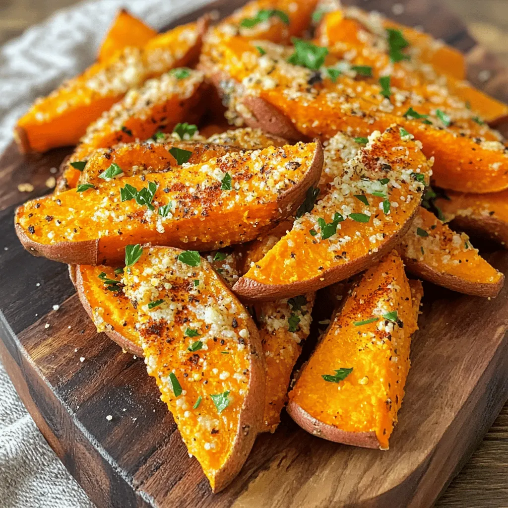 - 2 large sweet potatoes - Olive oil - Minced garlic Sweet potatoes are the star here. Their natural sweetness balances the savory garlic. Olive oil helps the spices stick and adds crispiness. Minced garlic gives a strong, rich taste that you will love. - Smoked paprika - Garlic powder - Onion powder - Salt and black pepper These spices work well together. Smoked paprika adds a nice, warm flavor. Garlic powder boosts the garlic taste, while onion powder adds depth. Salt and black pepper enhance all the flavors. Each spice plays a key role in making your wedges tasty. - Grated Parmesan cheese - Fresh parsley Parmesan cheese gives a salty, nutty taste. It melts slightly, creating a yummy crust on the wedges. Fresh parsley adds a pop of color and freshness. Together, these toppings make your dish look and taste great. - Preheat your air fryer to 400°F (200°C) for about 5 minutes. This step is key. A hot air fryer ensures your sweet potato wedges cook evenly and turn crispy. - First, cut the sweet potatoes into wedges. Aim for even sizes to cook them at the same rate. - In a large mixing bowl, blend the wedges with 3 tablespoons of olive oil, 4 cloves of minced garlic, 1 teaspoon of smoked paprika, 1 teaspoon of garlic powder, ½ teaspoon of onion powder, ½ teaspoon of salt, and ¼ teaspoon of black pepper. Toss well to coat each wedge evenly. - Now, sprinkle 1 cup of grated Parmesan cheese over the seasoned wedges. Toss again until the cheese sticks to the sweet potatoes. - Arrange the wedges in a single layer in the air fryer basket. Don't overcrowd them. This step helps them crisp up nicely. If needed, cook in batches. - Cook for 15 to 20 minutes. Shake the basket halfway through to ensure even cooking. Keep an eye on them. You're looking for a golden color and a crispy outside. - When done, carefully take the crispy wedges out and place them on a serving platter. To get the best crispy wedges, cook them in a single layer. This makes sure hot air moves freely around each wedge. If the wedges are piled up, they will steam instead of crisping up. You can cook them in batches if your air fryer is small. Also, keep an eye on the time. Different air fryer models cook at different speeds. Start with 15 minutes, then check for golden brown and crisp edges. Shake the basket halfway through to help them cook evenly. Want to mix up the flavor? You can add extra spices. Try cayenne pepper for heat or rosemary for a fresh taste. A pinch of cumin can also add depth. For dipping sauces, I recommend zesty spicy mayo or creamy garlic aioli. Both pair perfectly with the garlic and Parmesan flavors. You can even make a quick ranch dip for a creamy contrast. To make your dish pop, garnish with fresh parsley. A sprinkle of bright green adds color and freshness. Serve the wedges on a nice platter or in a bowl. For added flair, top with more Parmesan cheese just before serving. This makes them look gourmet. Serve with your favorite dipping sauce on the side for a fun touch. {{image_4}} You can change the flavor with different spices. Try adding chili powder for heat or Italian seasoning for a fresh taste. A little cumin can also add warmth. If you want to play with cheese, use cheddar or feta instead of Parmesan. Each cheese brings a unique flavor that can make your wedges exciting. Sweet potatoes are great, but other veggies work too. Try carrots or zucchini cut into wedges. You can also use butternut squash for a sweeter twist. If you change the veggie, adjust the cook time. For softer vegetables, reduce cooking time to 10-15 minutes. Always check for a nice golden color to know when they’re ready. If you need gluten-free options, you’re in luck! These wedges are naturally gluten-free. To make them vegan, skip the Parmesan or use a plant-based cheese. Nutritional yeast can add a cheesy flavor without dairy. These changes keep the dish tasty while fitting your diet needs. After enjoying your garlic Parmesan sweet potato wedges, let them cool. Place them in an airtight container. This helps keep them fresh. You can store them in the fridge for about three days. To avoid sogginess, try not to stack them too high in the container. To reheat your wedges and keep them crispy, use the air fryer if you can. Set it to 350°F (175°C) for about 5-7 minutes. This will warm them up while restoring that crispiness. You could also use an oven, but it may take longer. Aim for 10-15 minutes at the same temperature. Check them often to avoid overcooking. If you want to freeze cooked wedges, let them cool completely first. Spread them in a single layer on a baking sheet and freeze for about an hour. Once frozen, transfer them to a freezer bag. This prevents them from sticking together. When you want to eat them, thaw overnight in the fridge. Reheat as mentioned above for the best texture. Yes, you can! Baking sweet potato wedges in the oven is simple. However, air frying gives a crispier texture. In the oven, you will bake them at 425°F (220°C) for about 25-30 minutes. You should flip them halfway through to ensure even cooking. The air fryer cooks faster and uses less oil, making it a better choice for crispy results. Look for a golden color and a crispy outer layer. You can also test them by poking a wedge with a fork. If it goes in easily, they are done. The inside should be soft and fluffy. Keep an eye on them, as cooking times may vary. There are many great options! Here are a few to try: - Zesty spicy mayo: Mix mayo, hot sauce, and a squeeze of lemon. - Creamy garlic aioli: Blend mayo, minced garlic, lemon juice, and olive oil. - Honey mustard: Combine honey, Dijon mustard, and a splash of vinegar. - Ranch dressing: Classic and always a hit! Feel free to experiment with your favorite sauces! This guide detailed how to make perfect garlic Parmesan sweet potato wedges in an air fryer. You learned about the ingredients, from sweet potatoes to spices, and how to prepare and cook them for a crispy finish. I shared tips for enhancing flavor and presented ideas for variations, dietary changes, and smart storage. Remember, with a few simple steps, you can create a tasty dish that impresses. Enjoy making these wedges for your meals or snacks!