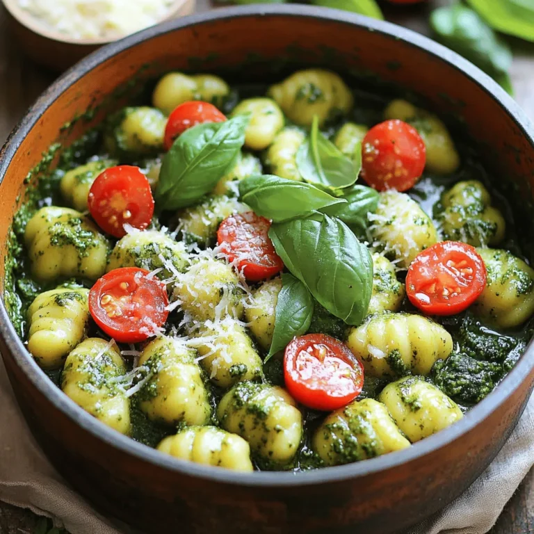 To make this tasty One Pot Pesto Gnocchi with Spinach, you’ll need: - 1 lb potato gnocchi - 2 cups baby spinach - 1 cup basil pesto (store-bought or homemade) - 1 cup cherry tomatoes, halved - 2 cloves garlic, minced - 1 tablespoon olive oil - 1/2 cup vegetable broth - 1/4 cup grated Parmesan cheese (optional) - Salt and pepper to taste - Fresh basil leaves for garnish You can swap ingredients based on what you have. Here are some ideas: - Gnocchi: Use gluten-free gnocchi if you need. - Spinach: Kale or Swiss chard works well instead of spinach. - Pesto: Make your own pesto or use a different flavor, like sun-dried tomato. - Tomatoes: Any fresh or canned diced tomatoes can fit in nicely. - Parmesan: Nutritional yeast is a great dairy-free option. This dish is not only delicious but also offers good nutrients. Here’s a quick look: - Serving Size: 1/4 of the recipe - Calories: About 350 - Protein: 12g - Carbohydrates: 45g - Fat: 15g - Fiber: 3g This meal is a great source of energy and vitamins. The spinach adds iron, while the gnocchi gives you carbs for fuel. Enjoy this easy dinner dish knowing it is good for you, too! 1. Sauté the Garlic: Start by heating olive oil in a large pot over medium heat. Once hot, add minced garlic. Cook for about 1 minute. Stir often to avoid burning. The garlic should smell nice and fragrant. 2. Simmer the Broth: Pour in the vegetable broth. Bring the mixture to a gentle simmer. This step adds flavor to the dish. 3. Cook the Gnocchi: Add the potato gnocchi to the simmering broth. Cook them for about 2-3 minutes. They will float to the top when done. This means they are ready to eat! 4. Incorporate Vegetables: Stir in the halved cherry tomatoes and baby spinach. Cook for 1-2 more minutes. The spinach will wilt, and the tomatoes will soften. 5. Combine with Pesto: Take the pot off the heat. Add the basil pesto. Stir well to coat the gnocchi and veggies evenly. 6. Add Cheese: If you want, sprinkle grated Parmesan cheese on top. Mix gently to combine. This adds a nice, creamy flavor. 7. Season to Taste: Taste the dish. Add salt and pepper as needed to boost the flavors. 8. Garnish and Serve: Finish by adding fresh basil leaves on top. This gives a pop of color and freshness. - Prep Time: 10 minutes - Cook Time: 10 minutes - Total Time: 20 minutes - Heat Level: Medium heat for sautéing garlic; gentle simmer for broth. For visual learners, I recommend checking out video demonstrations on platforms like YouTube. Search for "One Pot Pesto Gnocchi with Spinach" to find helpful cooking guides. YouTube can show you the texture and color to look for at each step. To cook gnocchi well, follow these steps: - Use a large pot of water. This helps the gnocchi cook evenly. - Add salt to the water. It improves the taste of the gnocchi. - Don’t overcrowd the pot. Cook in batches if you need to. - Watch for the gnocchi to float. This means they are ready. You can easily boost flavor in your dish by: - Adding a squeeze of lemon juice for brightness. - Tossing in more veggies, like bell peppers or zucchini. - Mixing in some cooked chicken or shrimp for protein. - Using different herbs like thyme or oregano for extra depth. Here are some key mistakes to steer clear of: - Overcooking the gnocchi. This makes them mushy and less tasty. - Not stirring enough when adding pesto. This can leave spots without flavor. - Skipping fresh basil for garnish. It adds a nice touch and flavor boost. - Forgetting to taste before serving. Always check the seasoning first! {{image_4}} You can easily change this dish to fit your needs. For a gluten-free option, use gluten-free gnocchi. If you're dairy-free, skip the Parmesan or use a dairy-free cheese. You can also use a nut-free pesto if you have nut allergies. Want more flavor? Try adding in some cooked chicken or shrimp. You can also toss in artichoke hearts or olives for a briny kick. For a bigger veggie boost, add bell peppers or zucchini. Each add-in brings a new twist to the dish. Using fresh, seasonal ingredients can make this dish even better. In spring, add asparagus or peas for a fresh crunch. In summer, swap in fresh corn or zucchini. In fall, roasted butternut squash adds a nice sweetness. Winter calls for kale or chard to keep it hearty. Each season offers unique flavors to enjoy! To keep your One Pot Pesto Gnocchi fresh, place leftovers in an airtight container. Make sure it cools down first. Store it in the fridge for up to three days. This way, you can enjoy it later without losing flavor. When you are ready to eat the leftovers, reheat them gently. You can use a skillet on low heat. Add a splash of vegetable broth to help retain moisture. Stir often until it warms up. This method keeps the gnocchi soft and tasty. If you want to store this dish for a longer time, you can freeze it. Use a freezer-safe container or a zip-top bag. Before sealing, remove as much air as possible. Label it with the date and freeze for up to three months. When you’re ready to eat, thaw it overnight in the fridge before reheating. To make homemade basil pesto, gather fresh basil leaves, garlic, pine nuts, and olive oil. Blend these ingredients in a food processor until smooth. Add salt and Parmesan cheese to taste. You can adjust the thickness by adding more olive oil. This fresh pesto brings bright flavor to your One Pot Pesto Gnocchi. Yes, you can use different types of pasta. Fusilli, penne, or even spaghetti work well. Just make sure to adjust the cooking time based on the pasta you choose. Keep in mind that gnocchi adds a unique texture, but other pastas can still create a tasty dish. Traditional gnocchi is made with potatoes and flour, which usually contains gluten. However, you can find gluten-free gnocchi made from rice, corn, or other gluten-free flours. Always check the packaging to ensure it meets your dietary needs. One Pot Pesto Gnocchi lasts about 3 to 4 days in the fridge. Store it in an airtight container to keep it fresh. When you reheat it, add a splash of water or broth to prevent it from drying out. This dish pairs well with a simple green salad or garlic bread. You can also serve it with roasted vegetables for a complete meal. Consider a glass of white wine for a nice touch. Enjoy! This article covered the key ingredients, cooking steps, and useful tips for making delicious One Pot Pesto Gnocchi. You now have a better understanding of substitutions, storage, and variations. Remember to avoid common mistakes to ensure great results. Cooking can be fun and rewarding with the right tools and knowledge. Whether you enjoy it with friends or family, this dish is sure to please everyone. Try experimenting with the tips shared and make it your own! Enjoy your cooking journey!