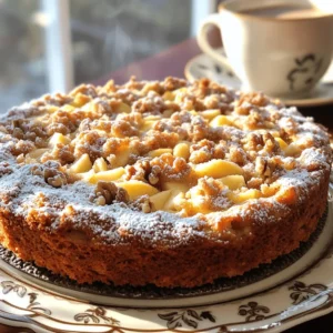 - 2 cups all-purpose flour - 1 cup granulated sugar - 1/2 cup unsalted butter, softened - 1 cup sour cream - 2 large eggs, at room temperature - 1 tsp vanilla extract - 1 tbsp baking powder - 1/2 tsp baking soda - 1/4 tsp salt - 2 medium Granny Smith apples, peeled and diced - 1 tbsp lemon juice - 1 tsp ground cinnamon - 1/2 cup all-purpose flour - 1/2 cup packed brown sugar - 1/3 cup cold unsalted butter, cubed - 1 tsp ground cinnamon - 1/4 cup chopped walnuts or pecans (optional) The ingredients here are the stars of your Apple Streusel Coffee Cake. Each plays a key role in flavor and texture. The all-purpose flour gives the cake its structure. Granulated sugar adds sweetness. Unsalted butter makes it rich and moist. The sour cream provides a nice tang and keeps the cake soft. Eggs help bind everything together. Vanilla extract adds warmth and depth. Don’t forget the baking powder and baking soda. They help the cake rise. Salt enhances flavors and balances sweetness. Granny Smith apples bring a tart crunch, while lemon juice brightens the apple flavor. Ground cinnamon ties it all together with a warm spice note. For the streusel topping, you need flour, brown sugar, and cinnamon. They create a sweet and crunchy layer on top. Cold butter is essential for that crumbly texture. If you like, add chopped walnuts or pecans for extra crunch. Gather these ingredients, and you’re ready to create a bakery-style delight! To start, you need to prepare the apples. Take two Granny Smith apples. Peel and dice them into small pieces. In a medium bowl, toss the diced apples with one tablespoon of lemon juice and one teaspoon of ground cinnamon. This step brightens the flavor and keeps the apples from browning. Let the apples marinate for about ten minutes. This time allows the flavors to blend beautifully. Next, let’s make the streusel topping. In a separate medium bowl, mix together half a cup of all-purpose flour, half a cup of packed brown sugar, and one teaspoon of ground cinnamon. If you want some crunch, add a quarter cup of chopped walnuts or pecans. Now, toss in one-third cup of cold, cubed unsalted butter. Using a fork or your fingertips, blend until the mixture looks crumbly, like coarse crumbs. Set this topping aside for later. Now, we will bake the cake. Preheat your oven to 350°F (175°C). Grease and flour a nine-inch round cake pan. You can also use parchment paper to make it easier to remove the cake. In a large bowl, cream together half a cup of softened unsalted butter and one cup of granulated sugar. Use an electric mixer on medium speed for about three to five minutes. The mixture should become light and fluffy. Next, add in the eggs one at a time. Make sure to mix well after each egg. Now, add one cup of sour cream and one teaspoon of vanilla extract. Mix until the batter is smooth. In another bowl, whisk together two cups of all-purpose flour, one tablespoon of baking powder, half a teaspoon of baking soda, and a quarter teaspoon of salt. Gradually add this dry mix to the wet ingredients. Stir gently until just combined; be careful not to overmix. Now, fold in the marinated apples. This adds a sweet, fruity flavor to your cake. Pour half of the batter into the bottom of your prepared cake pan. Evenly sprinkle half of the streusel topping over this layer. Then, pour the rest of the batter on top, followed by the remaining streusel topping. Place the cake in the preheated oven. Bake for about 35 to 40 minutes. To check for doneness, insert a toothpick in the center. If it comes out clean, your cake is ready. Let the coffee cake cool in the pan for about ten minutes. After that, carefully transfer it to a wire rack to cool completely. Enjoy the delightful aroma that fills your kitchen! To keep your coffee cake moist, start with room temperature ingredients. This helps them mix well and evenly. Cold eggs and butter can lead to a dense cake. Avoid overmixing the batter. When you mix too much, the cake can become tough. Stir gently until just combined for the best texture. For the perfect crumb in your streusel, aim for a mix that feels crumbly. You want to see small clumps that will bake into a lovely topping. If you like some crunch, consider adding chopped walnuts or pecans. These nuts will give an extra layer of flavor. Just remember to mix them in with the dry ingredients. To make your coffee cake look even more inviting, dust the top with powdered sugar. This adds a sweet touch and a nice contrast to the brown streusel. When serving, pair slices with a warm cup of coffee or tea. This will create a cozy and delightful experience for everyone. {{image_4}} You can switch up the flavor of your coffee cake by using different apples. Honeycrisp apples are great for a sweet twist. They add a nice crunch and flavor. You can also try spices like nutmeg or allspice. Just a pinch can add warmth and depth to your cake. If you need gluten-free options, use a gluten-free flour blend. Many blends work well in baking. For a dairy-free cake, substitute sour cream with coconut yogurt. This will keep your cake moist and tasty without dairy. Serving with whipped cream makes this cake even better. A dollop on top adds creaminess and sweetness. You can also use the cake as a base for ice cream sundaes. Just slice the cake, add ice cream, and drizzle with chocolate sauce. Enjoy the layers of flavor and texture! To keep your coffee cake fresh, store it in an airtight container. This helps to keep it moist and tasty. You can also wrap it in plastic wrap or aluminum foil. Make sure it is in a cool place away from direct sunlight. If you want to keep it longer, the fridge works well too. If you want to save some slices, freezing is a great option. First, let the coffee cake cool completely. Then, slice it into pieces. Wrap each slice in plastic wrap. After that, place the wrapped slices in a freezer bag or container. This keeps them safe from freezer burn. When you want to enjoy a slice, remove it from the freezer. Let it thaw in the fridge overnight for the best taste. To warm up your coffee cake, the oven works best. Preheat it to 350°F (175°C). Place a slice on a baking sheet and cover it with foil. Heat for about 10 minutes. If you want it quicker, a microwave will do. Heat each slice for about 15-20 seconds. Just be careful not to overheat, or it may become dry. Enjoy your cake warm for a delightful treat! Yes, you can make this cake ahead. Bake it a day before serving. Let it cool completely. Wrap it tightly in plastic wrap. This keeps it fresh overnight. You can also store it in an airtight container. For best taste, enjoy it within two days. If you need a substitute for sour cream, try yogurt. Plain Greek yogurt works well. You can also use buttermilk. Both options add moisture and tang. Another option is cream cheese mixed with a bit of water. The coffee cake lasts about three days at room temperature. Store it in an airtight container. If you refrigerate it, it can last up to a week. For longer storage, consider freezing it. Wrap individual slices tightly to keep them fresh. Absolutely! You can use pears or berries instead of apples. Both add a unique flavor. Just make sure to adjust the sugar if the fruit is sweeter. Peaches or plums can also work well in this cake. This blog post walks you through making a delicious Apple Streusel Coffee Cake. We covered all the key ingredients, detailed steps for preparation, and offered tips to ensure your cake turns out moist and flavorful. Also, we explored variations and storage tips to make your baking experience enjoyable. With these strategies, you can create a perfect coffee cake every time. Enjoy sharing this delightful treat with friends and family!