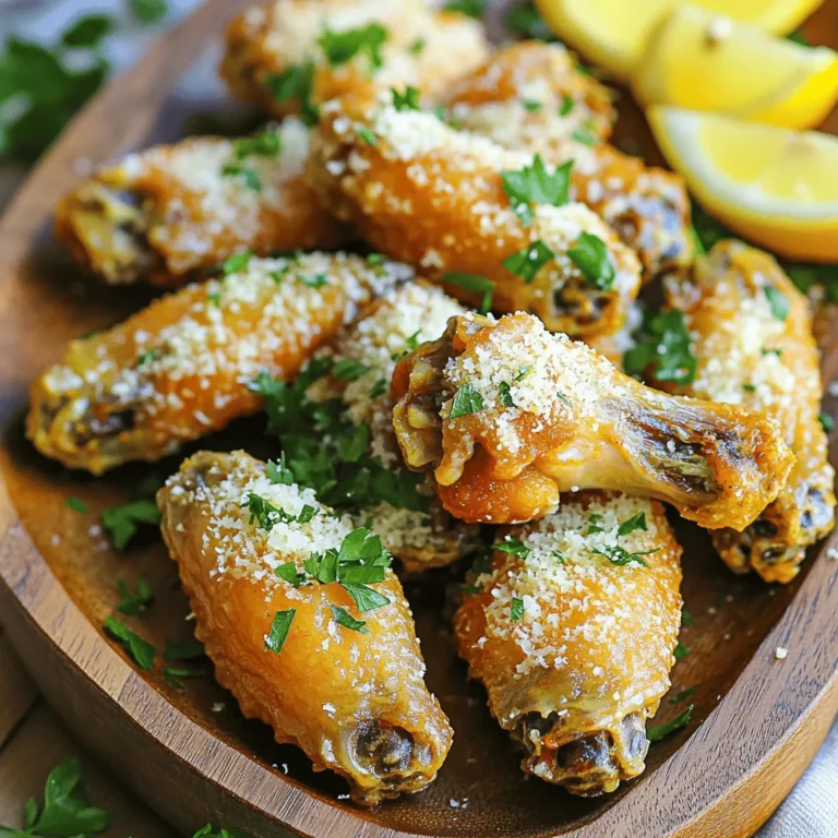To make Air Fryer Garlic Parmesan Wings, you need: - 2 pounds chicken wings (fresh or frozen) - 2 tablespoons extra virgin olive oil - 1 teaspoon garlic powder - 1 teaspoon onion powder - 1 teaspoon smoked paprika - ½ teaspoon freshly ground black pepper - ½ teaspoon fine sea salt These ingredients create a flavorful and crispy base for the wings. The olive oil helps them cook perfectly in the air fryer. For that delicious finish, gather: - ¾ cup freshly grated Parmesan cheese - 2 tablespoons freshly chopped parsley (for garnish) - Optional: Fresh lemon wedges for serving The Parmesan cheese adds richness and a savory kick. Fresh parsley gives a pop of color and freshness. Lemon wedges can brighten the dish, adding a zesty touch. 1. Thaw and Dry Chicken Wings: If you have frozen chicken wings, you need to thaw them first. Place them in the fridge overnight or use cold water for a quicker thaw. After thawing, take paper towels and dry each wing well. Drying helps them get crispy when cooked. 2. Make the Marinade: In a big bowl, mix 2 tablespoons of olive oil, 1 teaspoon of garlic powder, 1 teaspoon of onion powder, 1 teaspoon of smoked paprika, ½ teaspoon of black pepper, and ½ teaspoon of salt. Whisk these together until they blend well. This mix will give your wings great flavor. 1. Preheat the Air Fryer: Turn on your air fryer and set it to 400°F (200°C). Let it preheat for about 5 minutes. This step is key for crispy wings from the start. 2. Arrange and Cook the Wings: Place the marinated wings in the air fryer basket. Make sure they are in a single layer. Do not overcrowd them. If you have many wings, cook them in batches. Cook the wings for 25 to 30 minutes. Flip them halfway through the cooking time for even crispiness. Keep an eye on them to get your perfect golden brown. 1. Toss with Parmesan Cheese: When the wings are crispy, take them out of the air fryer. Immediately toss them in ¾ cup of grated Parmesan cheese. Make sure each wing gets a good coat of cheese. The heat will make the cheese melt and enhance the flavor. 2. Serving Suggestions: Serve the wings hot, garnished with 2 tablespoons of freshly chopped parsley for a pop of color. You can add lemon wedges on the side. The lemon adds a nice zest that balances the rich flavors of the wings. To make your wings super crispy, start by drying them well. Use paper towels to soak up any moisture. Moist wings will not crisp up in the air fryer. This step is key for that perfect crunch. Flipping the wings during cooking is also important. Do this halfway through the cooking time. It helps them cook evenly and get crispy all around. I always set a timer to remind me when to flip. Marination time can really boost flavor. I suggest letting the wings marinate for at least 30 minutes. If you have time, marinate them overnight in the fridge. This gives the spices time to soak in. Using fresh herbs can make a big difference too. I love adding freshly chopped parsley for garnish. It adds a nice touch of color and flavor. You can even mix in some fresh herbs into the marinade for extra taste. {{image_4}} You can change up the flavor of these wings to fit your taste. - Spicy garlic Parmesan wings: To make these spicy, add cayenne pepper or hot sauce to the marinade. Adjust the amount based on how much heat you like. The spice adds a nice kick that pairs well with garlic and Parmesan. - Lemon herb wings: For a zesty twist, add lemon zest and fresh herbs like thyme or basil to the mix. The bright lemon flavor cuts through the richness of the cheese. It makes for a refreshing taste that's perfect for any gathering. Pairing the tasty wings with the right sides can make your meal more complete. - Pairing with dips and sauces: Serve these wings with ranch, blue cheese dressing, or a spicy aioli. Dips add creaminess and flavor that balance the wings. You can even try a homemade garlic dip for an extra kick. - Recommended sides for a complete meal: Consider serving the wings with crispy fries, a fresh salad, or coleslaw. These sides complement the wings well and add variety to your plate. A light side helps to keep the meal balanced. To keep your wings fresh, store them properly. - Refrigerator storage tips: Place the cooled wings in an airtight container. They can last for up to three days in the fridge. If you want, you can layer them with parchment paper to prevent sticking. - Freezing guidelines: For longer storage, freeze the wings. Wrap them tightly in plastic wrap and then place them in a freezer bag. This way, they can last up to three months. Remember to label the bag with the date, so you know when to use them. When you want to enjoy your leftover wings, reheating them right is key. - Best methods for reheating wings: The air fryer is my favorite way. Preheat it to 375°F (190°C). Place the wings in a single layer and cook for 8-10 minutes. This method keeps them crispy. You can also use an oven. Preheat it to 350°F (175°C) and bake for 15-20 minutes. Make sure to flip them halfway through. Avoid the microwave if you can, as it can make them soggy. Can I use frozen chicken wings directly in the air fryer? Yes, you can use frozen chicken wings. But, you must thaw them first. Thawing helps them cook better and get crispy. After thawing, dry the wings well with paper towels. This step is key for crispiness. How do I know when the wings are done cooking? The wings are done when they reach a golden brown color. Use a meat thermometer to check. The internal temperature should be at least 165°F (74°C). You can also check if the wings feel crispy and firm to the touch. Overview of calories and macros per serving One serving of these wings has about 400 calories. It includes 28 grams of protein, 28 grams of fat, and 1 gram of carbs. The protein comes from the chicken, while the cheese adds healthy fats. Healthier ingredient substitutions You can make some swaps to lighten the dish. Use skinless chicken wings for less fat. Swap the olive oil for a spray oil to lower calories. You can also use nutritional yeast instead of Parmesan for a vegan option. This article covered how to make tasty air-fried chicken wings. We explored key ingredients, like fresh chicken wings and olive oil. I shared detailed steps for cooking and enhancing flavor with cheese and herbs. I also provided tips for crispy wings and suggested delicious variations. Lastly, I included storage tips and answered common questions. Now, you can whip up your own crispy, flavorful wings and enjoy a great meal!