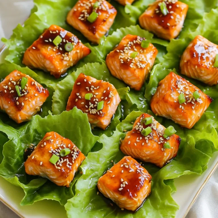 - 1 lb salmon fillet, skinless and deboned - 1/4 cup low-sodium soy sauce - 2 tablespoons honey - 1 tablespoon rice vinegar - 1 tablespoon sesame oil - 1 tablespoon freshly grated ginger - 2 cloves garlic, minced - 1 tablespoon cornstarch - 2 green onions, thinly sliced, for garnish - Sesame seeds, for garnish - Additional teriyaki sauce for serving - Lettuce leaves or colorful vegetables for presentation To make these Air Fryer Teriyaki Salmon Bites, you need fresh salmon. I always choose skinless and deboned fillets. This makes prep faster and cleaner. The marinade adds flavor and sweetness, so I use low-sodium soy sauce, honey, rice vinegar, sesame oil, ginger, and garlic. These ingredients blend well and create a delightful taste. For garnishes, I like to use green onions and sesame seeds. They add a fresh crunch. If you want to make it extra special, serve with extra teriyaki sauce. You can also add lettuce leaves or colorful veggies to make the dish pop. It makes your plate look great and adds more nutrition. Start by cutting the salmon fillet into bite-sized cubes, about 1 inch thick. This size helps the salmon cook evenly and makes for a perfect snack. Place the cubes in a medium mixing bowl. The bowl should be large enough to allow room for mixing later. In a separate bowl, combine the low-sodium soy sauce, honey, rice vinegar, sesame oil, freshly grated ginger, and minced garlic. Whisk these ingredients together until they blend into a smooth marinade. This sauce adds a rich flavor, enhancing the natural taste of the salmon. Pour the marinade over the salmon cubes in the mixing bowl. Gently toss the cubes to ensure they are well coated. For the best flavor, let the salmon marinate for at least 15 minutes. If you have more time, marinate it for up to 1 hour. This allows the salmon to absorb all the tasty flavors. After marinating, sprinkle cornstarch over the salmon bites. This step is key for achieving a crispy exterior. Mix gently to ensure each piece is lightly covered with cornstarch. This will help the salmon get that perfect crunch when cooked. Preheat your air fryer to 400°F (200°C) for about 5 minutes. This step prepares the air fryer for cooking. Carefully place the marinated salmon bites in a single layer in the air fryer basket. You might need to work in batches depending on your air fryer’s size. Cook the salmon for 8-10 minutes, flipping halfway through to ensure even crispiness. Look for a slight crispiness on the edges when they are done. Once cooked, remove the salmon bites from the air fryer and let them cool for about a minute. For serving, drizzle with extra teriyaki sauce if you like. Garnish with sesame seeds and sliced green onions for a fresh touch. Arrange the salmon bites on a colorful platter, perhaps on fresh lettuce leaves, to make it visually appealing. Add a small bowl of teriyaki sauce on the side for dipping or drizzling. Marinade time is key for flavor. For a light taste, 15 minutes works well. If you want a stronger flavor, let it soak for up to an hour. You can change the marinade too. Try adding lime juice for a tangy twist or a pinch of chili flakes for heat. Cornstarch is your best friend here. It gives the salmon a nice crunch. After marinating, sprinkle it evenly on the salmon and mix gently. This step helps the bites turn out crispy. When air frying, make sure not to overcrowd the basket. Cook in batches if needed. Flip the bites halfway through for even cooking. Pair these teriyaki salmon bites with simple sides. Steamed rice or a fresh salad works great. You can also serve them with some cool cucumber slices. For dipping sauces, try a mix of extra teriyaki sauce and a touch of sriracha. This combo adds a sweet and spicy kick! {{image_4}} You can switch up the seafood for teriyaki bites. Try using shrimp or scallops. Both pair well with sweet teriyaki flavors. If you want to use chicken, that works too. Just adjust the cooking time. For soy sauce, you can use tamari. Tamari is gluten-free and has a similar taste. If you need a honey alternative, agave syrup is a good option. It adds sweetness without the need for honey. To make this recipe gluten-free, use tamari instead of soy sauce. This keeps the flavor while avoiding gluten. You can also use coconut aminos for a sweeter taste. For vegan or vegetarian versions, try tofu or tempeh. Cut them into bite-sized pieces and marinate as usual. Both options soak up the teriyaki flavors well. This allows everyone to enjoy a tasty meal. Air frying is quick and gives a nice crispiness. Baking is another option, but it may take longer. If you bake, set your oven to 400°F and cook for 15-20 minutes. Grilling adds a smoky flavor. If grilling, make sure to skewer the salmon bites. This keeps them from falling through the grill. Adjust cooking time to about 5-7 minutes on each side for perfect results. To keep your cooked salmon bites fresh, store them in an airtight container. This prevents moisture loss and keeps the flavors intact. Place the container in the fridge right after they cool. Make sure they are cool before sealing. Cooked salmon bites are safe in the fridge for up to 3 days. If you don’t eat them within this time, they may lose taste and texture. When it's time to enjoy leftovers, reheating properly is key. I recommend using an air fryer or oven to maintain their crispy texture. For the air fryer, set it to 350°F (175°C). Heat the salmon bites for about 5 minutes. This keeps them warm without drying them out. If using an oven, preheat it to the same temperature and heat for 8 to 10 minutes. Always check that they feel warm in the center before serving. Yes, you can use frozen salmon. First, you need to thaw it. Place the frozen salmon in the fridge overnight. If you're short on time, you can seal it in a bag and submerge it in cold water for about one hour. Once thawed, remove the skin and bones. Cut it into bite-sized cubes. Then, you can follow the recipe as usual. Look for a few signs to check if the salmon is done. The salmon should be opaque in color. It should easily flake with a fork. If you have a meat thermometer, check that it reaches 145°F (63°C). Cooked salmon may also look slightly crispy on the edges. Keep an eye on it to avoid overcooking. Yes, marinating overnight can boost flavor. Just be cautious not to marinate for too long. Salmon can become mushy if it sits in the marinade too long. Aim for about 30 minutes to 1 hour for the best taste. If you want to go overnight, use a marinade with less acidity. The best air fryer temperature for salmon is 400°F (200°C). This high temperature helps create a nice, crispy outside while keeping the inside juicy. Always preheat your air fryer for about 5 minutes before cooking. This ensures even cooking and better results. This blog post covered how to make tasty teriyaki salmon bites. We explored key ingredients, detailed steps, and smart tips. You learned to prepare, marinate, and air fry salmon for delicious results. Remember, adjusting marinade times and ingredients can change the flavor. Storing leftovers correctly keeps them fresh. Use these ideas and techniques to impress friends and family with your cooking. Enjoy your journey into creating perfect teriyaki salmon bites!