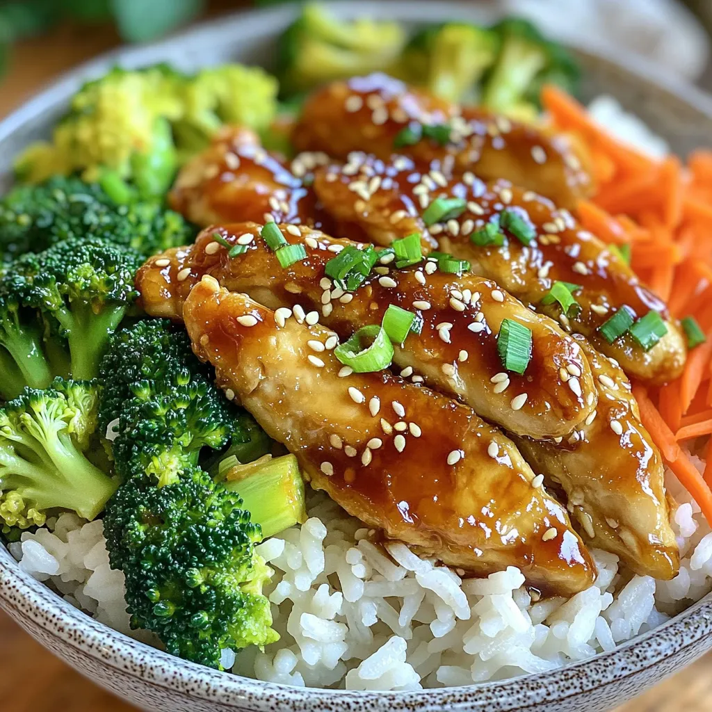 - 2 boneless skinless chicken breasts, sliced into thin strips - 1 cup jasmine rice - ½ cup low-sodium soy sauce - 1 cup broccoli florets - ½ cup carrots, julienned - 2 green onions, chopped - 2 tablespoons honey or maple syrup - 1 tablespoon rice vinegar - 1 tablespoon grated fresh ginger - 2 cloves garlic, minced Start by rinsing the jasmine rice. Rinse it under cold water. Keep rinsing until the water runs clear. This helps remove extra starch. Then, combine the rinsed rice with 2 cups of water or chicken broth in a medium saucepan. The broth adds more flavor. Bring it to a rolling boil. Once boiling, reduce the heat to low and cover it with a lid. Let it simmer for about 15 minutes. When the rice is fluffy, take it off the heat. Let it sit for 5 more minutes. Fluff the rice with a fork to separate the grains. While the rice cooks, heat sesame oil and vegetable oil in a large skillet over medium-high heat. Once hot, add the sliced chicken. Sauté for about 5-7 minutes. Stir occasionally until the chicken is golden brown. Make sure the chicken is cooked through. Use a meat thermometer to check if it reaches 165°F (75°C). In a separate bowl, whisk together the low-sodium soy sauce, honey or maple syrup, rice vinegar, grated ginger, and minced garlic. This mix will be the teriyaki sauce that adds great flavor. Once well mixed, pour the sauce over the cooked chicken in the skillet. Let it come to a gentle boil. Then, stir in the cornstarch mixed with cold water. Keep stirring for about 2-3 minutes. The sauce should thicken and coat the chicken nicely. Now, it's time to add the vegetables. Toss in the broccoli florets and julienned carrots. Cover the skillet and let the veggies steam for 3-4 minutes. This will keep them tender but still crunchy. They should also look bright and colorful. To serve, scoop a generous portion of jasmine rice into each bowl. Top the rice with the teriyaki chicken and the steamed vegetables. For a lovely presentation, add chopped green onions and sprinkle some sesame seeds on top. You can even add a lime wedge on the side for a fresh touch. Enjoy your savory teriyaki meal! To get the best taste, you can adjust the sauce. Start with the soy sauce. If you like it salty, keep it as is. For a milder flavor, use less. Honey or maple syrup adds sweetness. Try different amounts until it suits your taste. Fresh ingredients matter, too. Fresh ginger and garlic bring more aroma and warmth. Always choose vibrant veggies for garnish and color. The skillet should be hot but not smoking. Heat sesame and vegetable oils over medium-high heat. This helps the chicken cook evenly. Stir the chicken often to avoid burning. You want it golden brown and tasty. If you don’t stir, some pieces may cook faster than others. To make your bowls pop, add a wedge of lime. Squeeze it over the chicken for a fresh burst. Serve with extra veggies on the side. You can add pickled radishes or snap peas. For a fun garnish, sprinkle sesame seeds on top. Chopped green onions add color and flavor, making your meal more appealing. {{image_4}} You can switch up the protein in your teriyaki chicken rice bowls. Try using tofu for a vegetarian option. Tofu soaks up flavors well. You can also use shrimp or beef if you prefer. When using shrimp, cook them for just a few minutes until they turn pink. For beef, slice it thinly and cook it until it is browned. Adjust the marinade to match the protein. For tofu, I recommend marinating it longer to get that rich flavor. Don't feel stuck with just broccoli and carrots. You can add bell peppers or snap peas for a fresh twist. These veggies add crunch and color. Seasonal vegetables also work great. In summer, consider zucchini or asparagus. In fall, you can use butternut squash. Just remember to cut them into even pieces. This will help them cook evenly and look nice. If you want to change your base, try quinoa or cauliflower rice. Quinoa is high in protein and has a nutty flavor. Cauliflower rice is a low-carb option that adds more veggies to your meal. You can also use brown rice for extra fiber. Other grain ideas include farro or barley. These grains give a different texture and taste. Each option can make your meal feel new and exciting! To keep your teriyaki chicken rice bowls fresh, use airtight containers. Glass or plastic containers work well. Make sure to cool the food to room temperature before sealing. This helps prevent moisture buildup. Store the bowls in the fridge for up to three days. Label the containers with the date to track freshness. When reheating, I recommend using the stovetop for the best results. Heat a skillet over medium heat and add a splash of water. This keeps the chicken moist as it warms. Stir gently until heated through, about 5 to 7 minutes. If you choose the microwave, place the food in a microwave-safe dish. Cover it with a damp paper towel. Heat in short bursts, stirring in between, until warm. You can freeze your teriyaki chicken rice bowls for later meals. First, cool the dish completely. Then, portion it into freezer-safe bags or containers. Remove as much air as you can before sealing. Label with the date. These bowls can last up to three months in the freezer. When ready to eat, thaw overnight in the fridge. Reheat thoroughly before serving. It takes about 30 minutes to make Teriyaki Chicken Rice Bowls. You spend 10 minutes prepping and 20 minutes cooking. First, rinse the jasmine rice and cook it. While the rice cooks, sauté the chicken, make the sauce, and steam the veggies. Everything comes together fast! Yes, you can make Teriyaki Chicken Rice Bowls ahead of time. Cook everything as usual and cool it down. Store in airtight containers in the fridge. Enjoy them within three to four days. For meal prep, pack the rice, chicken, and veggies in separate containers. This keeps them fresh for longer. No, the original recipe is not gluten-free. However, you can easily make it gluten-free. Use gluten-free soy sauce or tamari instead of regular soy sauce. Check labels on other ingredients, like honey and vinegar, to ensure they are gluten-free. To add heat to your Teriyaki Chicken Rice Bowls, try a few simple tricks. You can add a dash of sriracha or chili flakes to the sauce. For more flavor, mix in sliced jalapeños or fresh chili peppers when cooking the chicken. Taste as you go to find the right heat level. Several sides pair nicely with Teriyaki Chicken Rice Bowls. Consider a simple cucumber salad for crunch. Steamed edamame adds protein and color. You can also serve pickled ginger for a tangy kick. These sides will enhance the meal and make it even more delightful! This article shows you how to make Teriyaki Chicken Rice Bowls. You learned about key ingredients like chicken, rice, and fresh veggies. I explained step-by-step how to cook each part and assemble your meal. You also got tips for flavor and serving ideas. Finally, I shared variations and storage options. Now, you can create a tasty and healthy dish at home. Enjoy making it your own with different ingredients!