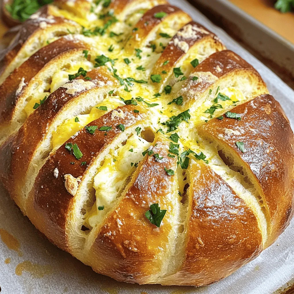 - 1 round sourdough loaf - 1 cup shredded mozzarella cheese - 1/2 cup grated Parmesan cheese - 1/2 cup unsalted butter, melted - 1 tablespoon minced garlic - 1 tablespoon fresh parsley, finely chopped - 1 teaspoon dried oregano - Salt and freshly ground black pepper to taste The first step in making Cheesy Garlic Parmesan Pull-Apart Bread is gathering your ingredients. Each one plays a key role in creating this delicious dish. You need a round sourdough loaf. This bread has a thick crust and soft inside, making it perfect for pulling apart. Next, get your cheese. I like to use one cup of shredded mozzarella cheese for that gooey melt. Also, half a cup of grated Parmesan cheese adds a sharp, salty flavor. You will need half a cup of unsalted butter. Melt it for the garlic mix. Garlic is important, too. One tablespoon of minced garlic gives that rich flavor. Don’t forget fresh parsley; one tablespoon adds a pop of color and freshness. For a bit more flavor, add one teaspoon of dried oregano. Lastly, use salt and freshly ground black pepper to taste. This mixture of simple ingredients makes a big impact on taste. Start by preheating your oven to 350°F (175°C). Make sure to place the oven rack in the center. This helps the bread bake evenly. Next, line a large baking sheet with parchment paper. This makes cleanup easy later on. In a bowl, combine the melted butter, minced garlic, chopped parsley, dried oregano, salt, and pepper. Whisk until everything is well mixed. This garlic butter will give great flavor. Take a serrated knife and make deep cuts in the sourdough loaf. Cut diagonally and vertically to form a criss-cross pattern. Be careful not to cut through the bottom. The loaf should stay whole. Use a pastry brush to apply the garlic butter mixture into each cut. Make sure to get it deep into the crevices. This step is key for flavor. Now, stuff the cuts with shredded mozzarella and grated Parmesan cheese. Pack it in well for maximum cheesiness. The more cheese, the better! Wrap the loaf in aluminum foil and place it in the preheated oven. This helps keep the bread moist. Bake for 15 minutes. After that, carefully remove the foil. Return the bread to the oven to bake uncovered for another 10-15 minutes. Look for bubbly cheese and a golden top. Once done, take it out and let it cool a bit. Then, pull apart the cheesy sections and enjoy! To infuse the garlic butter, start with melted unsalted butter. Mix in minced garlic, chopped parsley, and dried oregano. This blend brings out the best flavor. Use a pastry brush to apply it generously into every cut of the bread. Allowing the butter to soak into the crevices helps the garlic flavor shine through. To check for doneness, look for a golden-brown top. The cheese should bubble and melt beautifully. If the top is brown but the cheese isn't melted, cover it with foil for a few more minutes. This keeps the cheese from burning while it melts fully. For a great presentation, place the pull-apart bread on a wooden cutting board. It looks rustic and inviting. Add a small bowl of marinara sauce on the side for dipping. This adds a nice touch and extra flavor. You can also sprinkle some fresh parsley on top for a pop of color. {{image_4}} You can switch up the cheese in your pull-apart bread. Adding cheddar gives a sharp taste. Gouda adds a smooth, creamy feel. Try a mix of these cheeses for a fun twist. You can also use a blend of mozzarella and provolone. Herbs can boost the flavor of your cheesy bread. Add fresh thyme or rosemary for a fragrant touch. Italian seasoning brings a classic taste too. Sprinkle these herbs into your garlic butter mix. This will make each bite even more delightful. If you like heat, add red pepper flakes or jalapeños. This twist can wake up your taste buds. Mix them into the cheese or sprinkle on top. For a milder spice, use poblano peppers. Adjust the heat to match your taste. To keep leftover cheesy garlic Parmesan pull-apart bread fresh for 2-3 days, wrap it tightly in plastic wrap or aluminum foil. Store it at room temperature for the best taste. If your kitchen is warm, place the bread in an airtight container. This method helps maintain its soft texture and cheesy goodness. You can freeze cheesy pull-apart bread for longer storage. Allow the bread to cool completely before wrapping it. Use plastic wrap followed by aluminum foil to prevent freezer burn. Label the package with the date. When ready to enjoy, thaw it overnight in the fridge. After thawing, you can reheat it for the best flavor. To restore the bread's texture without drying it out, use the oven. Preheat your oven to 350°F (175°C). Remove any wrapping and place the bread on a baking sheet. Cover it loosely with foil to keep it moist. Bake for about 10-15 minutes or until heated through. This method ensures the cheese melts perfectly while the crust stays crisp. Enjoy your cheesy garlic Parmesan pull-apart bread just like fresh! Yes, you can use many types of bread! Consider using a fluffy brioche or a crusty Italian loaf. Both options add a unique taste and texture. If you prefer whole wheat, that works too. Just ensure the bread can hold the cheese and butter well. The key is to keep it soft enough to pull apart easily. You can prepare this dish a few hours before serving. Follow these steps for best results: - Make the garlic butter and cut the bread. - Apply the butter mixture and fill it with cheese. - Wrap it in foil and store it in the fridge. - When ready to bake, just pop it in the preheated oven. This method saves time and lets the flavors meld before baking. Pair this bread with many dishes! Here are some tasty options: - A fresh garden salad adds a nice crunch. - Serve with marinara sauce for dipping. - It goes well with any Italian dish, like pasta or lasagna. - Add some grilled veggies for a colorful plate. These sides make your meal more complete and fun! This blog post shared a simple way to make cheesy garlic bread. You learned about the key ingredients, easy steps, and helpful tips for the best flavor. Variations can spice up your dish. Remember to store leftovers correctly and reheat them so they taste fresh. Enjoy this dish any time with your favorite sides. Sharing this recipe can bring smiles to your friends and family. Happy baking!