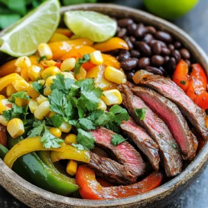 - 1 lb flank steak, thinly sliced - 1 red bell pepper, sliced - 1 green bell pepper, sliced - 1 yellow onion, sliced - 3 cloves garlic, minced The main ingredients of this dish pack a flavor punch. Flank steak is juicy and tender when cooked right. The bell peppers add sweetness and color. The onion provides a nice savory touch, while garlic brings in that aromatic flavor. - 2 tablespoons olive oil - 1 tablespoon chili powder - 1 teaspoon ground cumin - 1 teaspoon smoked paprika - ½ teaspoon sea salt - ¼ teaspoon freshly ground black pepper Seasoning is key to great fajitas. Olive oil helps the spices stick. Chili powder gives heat, while cumin and paprika add depth. Salt and pepper enhance the flavors, making every bite delicious. - 1 can (15 oz) black beans, drained and rinsed - 1 cup corn (can be fresh, frozen, or canned) - 2 cups cooked brown rice or quinoa - Fresh cilantro, finely chopped (for garnish) - Lime wedges (for serving) The additional components make this meal hearty. Black beans are a great source of protein and fiber. Corn adds a sweet crunch, while brown rice or quinoa serves as a filling base. Fresh cilantro and lime elevate the dish, adding brightness and freshness. First, set your oven to 425°F (220°C). This high heat helps roast the steak and vegetables quickly. Preheating is key for a good meal. It ensures everything cooks evenly and gets that nice, roasted flavor. In a large bowl, mix the thinly sliced flank steak with the sliced bell peppers and onion. Add the minced garlic for extra flavor. Next, drizzle 2 tablespoons of olive oil over the mix. Season it well with 1 tablespoon of chili powder, 1 teaspoon of ground cumin, and 1 teaspoon of smoked paprika. Don’t forget the sea salt and black pepper! Toss everything together until the steak and veggies are coated nicely. This step makes sure each bite is packed with flavor. Now, transfer the mixture to a large baking sheet lined with parchment paper. Spread it out evenly for the best roasting. Place the baking sheet in the preheated oven. Roast for about 20 minutes. At the halfway mark, stir the ingredients gently. This helps them cook evenly. Check the steak's doneness and make sure the veggies are tender. If they need more time, pop them back in the oven for a few more minutes. Enjoy the delicious aroma filling your kitchen! To get the best steak, choose flank steak. It’s thin and cooks fast. Aim for medium-rare doneness, which is about 135°F. Use a meat thermometer to check. Slice the steak against the grain for tenderness. This helps each bite melt in your mouth. For even cooking, cut the peppers and onions into uniform pieces. This ensures all veggies cook at the same rate. Toss them well with the steak so they soak up all the spices. Stir the mixture halfway through roasting. This promotes even browning and flavor. For a beautiful bowl, layer cooked brown rice or quinoa first. Then, add the roasted steak and veggies on top. Spoon warm black beans and corn over everything for color. Finish with fresh cilantro for a pop of green. Serve lime wedges on the side. A squeeze of lime juice adds a fresh zing to each bite. {{image_4}} You can switch up the protein in your fajita bowl. If you prefer chicken, use boneless breasts or thighs. Simply slice them thin and follow the same steps. For a meat-free option, try tofu. Press and cube the tofu, then marinate it in the same spices. This adds flavor and keeps it healthy. Feel free to add more veggies to the mix. In addition to bell peppers and onion, try zucchini, mushrooms, or even cherry tomatoes. Seasonal veggies work well too. This lets you enjoy fresh flavors while keeping the dish light and healthy. Brown rice is great, but you can also use quinoa or cauliflower rice. Quinoa gives you extra protein, while cauliflower rice lowers carbs. Both options provide a nice base for your fajita bowl. Mix and match to find what suits your taste best. To store leftovers, let the fajita steak sheet pan bowls cool. Place them in airtight containers. This keeps the meal fresh and tasty. Store in the fridge for up to three days. When you’re ready to eat, just take out what you need. For freezing, it's best to separate the components. Freeze the steak and veggies in one bag. Place beans and corn in another. Rice or quinoa can go in a third bag. This way, you can easily pick what you want. Properly sealed, they last for up to three months in the freezer. For reheating, the oven works best. Preheat it to 350°F (175°C). Spread the steak, veggies, beans, and corn on a baking sheet. Warm for about 15 minutes or until hot. You can also use the microwave. Heat in short bursts, stirring in between. Enjoy your flavorful meal again! Yes, you can use other cuts of steak. Sirloin or ribeye work well. Just slice them thinly. These cuts will still give you great flavor and tenderness. To add heat, use more chili powder or add jalapeños. You can also include hot sauce or crushed red pepper. Adjust the spice to your taste for a fiery kick. If you don’t have black beans, you can use pinto beans or kidney beans. Chickpeas are also a good choice. They bring a nice texture and work well in this dish. Yes, you can make this dish vegetarian. Replace the steak with tofu or tempeh. Season it just like the steak. This keeps the flavors rich and satisfying. Cooking the steak takes about 20 minutes. Make sure to stir halfway for even cooking. You want it tender but not overcooked. Check for your desired doneness before removing it from the oven. This blog post covered how to make a tasty dish using flank steak, veggies, and grains. You learned the main ingredients like bell peppers and garlic, plus key tips for perfect cooking. We explored different protein and vegetable options, along with storage advice. Remember, you can always customize to fit your taste. Embrace your creativity in the kitchen. Cooking should be fun and rewarding. Enjoy making this dish your own!