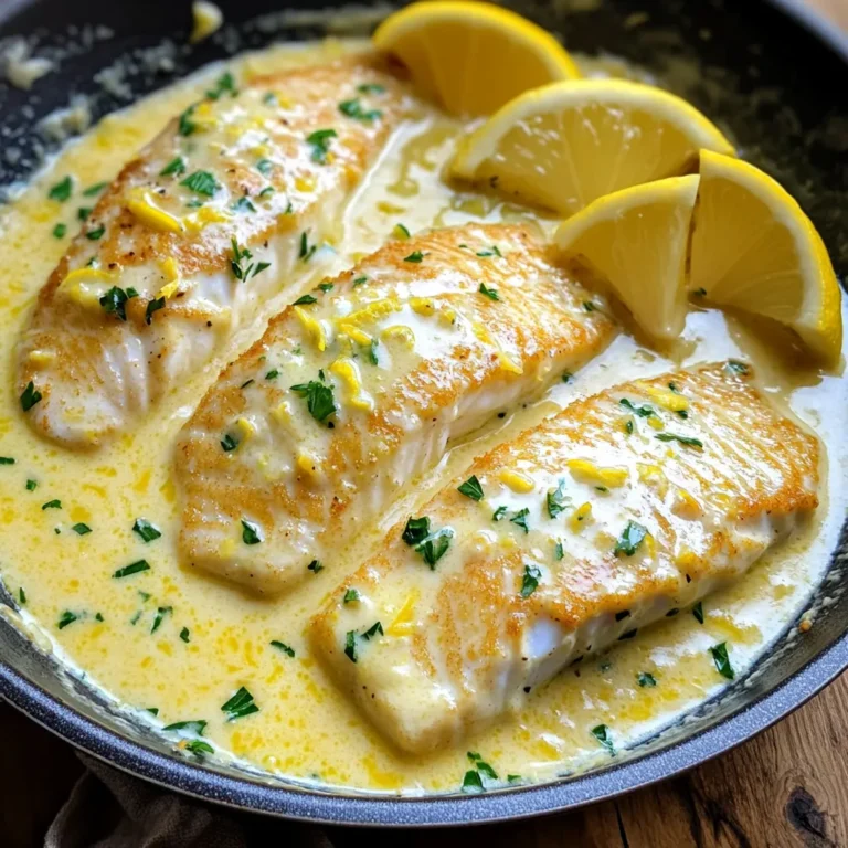To make a delightful One-Pan Creamy Lemon Butter Tilapia, gather these simple ingredients: - 4 tilapia fillets, thawed if previously frozen - 3 tablespoons unsalted butter, divided - 1 tablespoon extra virgin olive oil - 3 cloves garlic, finely minced - 1 cup heavy whipping cream - 1 teaspoon freshly grated lemon zest - 2 tablespoons freshly squeezed lemon juice - 1 teaspoon dried thyme - Salt and freshly cracked black pepper to taste - Fresh parsley, chopped, for garnish - Lemon wedges, for serving Each ingredient plays a key role. The tilapia is mild and flaky, soaking up the rich flavors. The butter and olive oil create a golden base, while garlic adds depth. Heavy cream makes the sauce silky. The lemon zest and juice bring freshness, balancing the richness. Dried thyme adds a lovely herb note. Seasoning with salt and pepper is vital to enhance all the flavors. Finally, fresh parsley brightens the dish, and lemon wedges add a zesty touch when serving. This list keeps your cooking straightforward. Each item is easy to find, allowing you to enjoy a tasty meal with minimal fuss. First, heat a large skillet over medium heat. You want it hot but not smoking. Add one tablespoon of olive oil and one tablespoon of unsalted butter. Let them melt together. This mix gives a nice flavor base for the fish. While the butter melts, season your tilapia fillets. Use salt and freshly cracked black pepper to coat both sides well. Once the butter is melted, carefully place the fillets in the skillet. Cook for about 3 to 4 minutes on each side. The tilapia is done when it turns opaque and flakes easily with a fork. After cooking, put the fillets on a plate and cover them loosely to keep warm. In the same skillet, add two more tablespoons of butter and the minced garlic. Sauté the garlic for about one minute. Stir it constantly to stop it from turning brown. You want it to smell nice but stay pale. Next, pour in one cup of heavy whipping cream while stirring. Mix it well with the butter and garlic. Then add the grated lemon zest, two tablespoons of lemon juice, and one teaspoon of dried thyme. Season the sauce with salt and pepper. Let it simmer gently for 2 to 3 minutes. Stir often until the sauce thickens slightly. Now, gently put the tilapia fillets back in the skillet. Spoon the creamy sauce over the fish. Cook for an extra one to two minutes to heat the fish through. Once heated, remove the skillet from the heat. Finish by sprinkling freshly chopped parsley on top. Serve the dish right away with lemon wedges for a burst of citrus flavor. - Store leftovers in an airtight container. - Keep them in the fridge for up to 2 days. - For best taste, eat them soon. To reheat, use a skillet over low heat. Add a splash of cream to keep it moist. Heat until warm, stirring gently to avoid burning. - Use a white plate for a nice contrast. - Place tilapia fillets in the center. - Drizzle the creamy sauce around the fish. Garnish with fresh parsley on top. Add lemon wedges on the side for a bright touch. - Swap tilapia for salmon or cod if you like. - Use chicken if you prefer poultry. - For a dairy-free option, try coconut cream instead of heavy cream. These swaps can keep your dish exciting and fun! {{image_4}} You can make this dish even better by adding vegetables. Some great options are: - Spinach - Cherry tomatoes - Zucchini - Bell peppers Each vegetable needs different cooking times. For spinach, toss it in during the last minute. Cherry tomatoes can go in with the sauce. Zucchini and bell peppers should cook for about 3-4 minutes before adding the sauce. Want to give the sauce a new twist? Try adding different herbs and spices. Here are some ideas: - Fresh basil - Oregano - Chili flakes You can also add a splash of white wine or a squeeze of lime juice for extra flavor. Adjust these to suit your taste. Pair this creamy tilapia with tasty side dishes. Here are some ideas: - Garlic bread - Steamed broccoli - Rice or quinoa For drinks, a chilled white wine like Sauvignon Blanc works well. If you prefer non-alcoholic, try sparkling water with lemon. Enjoy your meal! To keep your leftovers fresh, store the tilapia in an airtight container. Make sure it cools before sealing. Place it in the fridge within two hours of cooking. This will help keep the flavors intact. Use it within three days for the best taste. When reheating, warm it gently to avoid drying out the fish. Yes, you can freeze this dish! Start by letting the tilapia cool down completely. Wrap each fillet tightly in plastic wrap, then place them in a freezer bag. Remove as much air as you can from the bag. This helps prevent freezer burn. You can freeze it for up to three months. In the refrigerator, your creamy lemon butter tilapia lasts about three days. If you see any discoloration or off smell, it's best to discard it. Also, if the sauce separates or becomes chunky, that is a sign of spoilage. Always trust your senses when it comes to food safety. You can use several options if you don't have heavy cream. Here are some ideas: - Milk and Butter: Mix 3/4 cup of milk with 1/4 cup of melted butter. - Half-and-Half: Use half-and-half for a lighter option. - Greek Yogurt: Thin with a bit of water for a creamy texture. If you're looking for non-dairy substitutes, consider these: - Coconut Cream: Rich and creamy, great for desserts. - Almond Milk: Use with a thickener like cornstarch. - Cashew Cream: Blend soaked cashews with water for a smooth mix. To check if tilapia is ready, look for these signs: - Opaque Color: The fish should look white and not translucent. - Flakes Easily: Use a fork to see if it breaks apart easily. - Internal Temperature: Aim for 145°F (63°C) for safety. Yes, you can prepare this dish in advance. Here are some tips: - Cooked Fish: Store in an airtight container for up to 2 days. - Cream Sauce: Make ahead and store separately to keep it fresh. For the best storage methods: - Refrigerate: Keep the dish in the fridge if serving within a few days. - Reheat Gently: Warm on low heat to avoid overcooking the fish. This blog covered a simple and tasty tilapia dish. You learned about the ingredients, from tilapia fillets to fresh parsley. I shared step-by-step instructions for cooking and making the creamy lemon sauce. Tips for storing leftovers and suggestions for variations added extra value. By exploring options and using smart techniques, you can enjoy this meal anytime. Remember, great food can be easy to make and fun to share! Enjoy your cooking adventure!