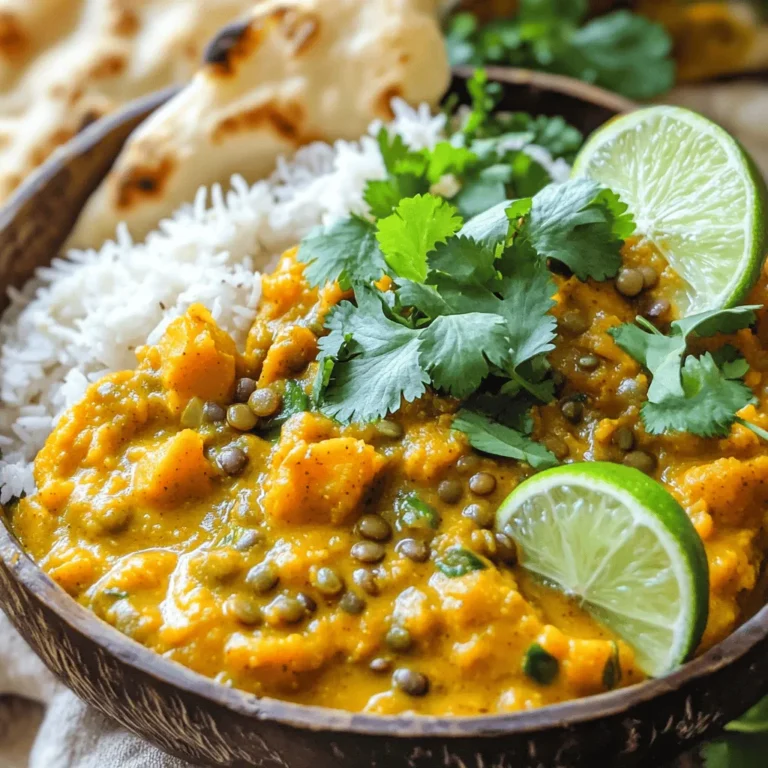 For this delightful slow cooker pumpkin lentil curry, you need the following fresh and wholesome ingredients: - 1 cup dried lentils, thoroughly rinsed - 2 cups pumpkin puree (canned or homemade) - 1 can (14 oz) coconut milk - 1 medium onion, finely diced - 3 cloves garlic, finely minced - 1 tablespoon fresh ginger, grated - 1 tablespoon curry powder - 1 teaspoon ground cumin - 1 teaspoon turmeric powder - 1 teaspoon chili powder (adjust to your spice preference) - 2 cups vegetable broth - 1 cup diced tomatoes (canned or fresh) - Salt and freshly ground black pepper, to taste - Fresh cilantro, chopped for garnish - Optional: Squeeze of fresh lime juice Each ingredient plays a key role in creating a rich and creamy texture. The lentils provide protein and fiber. The pumpkin puree adds a sweet note and a beautiful orange color. Coconut milk gives the dish its creaminess. Aromatics like onion, garlic, and ginger enhance the flavor profile. The spices bring warmth and depth to this dish. Feel free to customize the spice levels according to your taste. If you want more heat, add extra chili powder. For a milder version, cut back on the spice. Enjoy playing with the ingredients to make this recipe your own! - First, take your slow cooker and add 1 cup of rinsed lentils. - Next, mix in 2 cups of pumpkin puree. You can use canned or homemade. - Then, pour in 1 can of coconut milk. Stir everything well to combine. - After that, add 1 medium finely diced onion, 3 minced garlic cloves, and 1 tablespoon of grated ginger. - Sprinkle in 1 tablespoon of curry powder, 1 teaspoon of ground cumin, 1 teaspoon of turmeric, and 1 teaspoon of chili powder. Adjust the chili based on your spice level. - Finally, pour in 2 cups of vegetable broth and add 1 cup of diced tomatoes. Stir once more until every ingredient combines nicely. - Season with salt and freshly ground black pepper to taste. - Cover your slow cooker with a lid. Set it to cook on low for 6-8 hours. - Alternatively, you can set it on high for 4-5 hours. This lets the lentils cook until they are tender. - The flavors will mix and deepen during this time. - When the cooking time is up, taste your curry. Adjust the seasoning as needed. - For a fresh touch, squeeze some lime juice over the curry. This adds brightness. - Ladle the creamy curry into bowls. - Garnish with fresh chopped cilantro for a pop of color and flavor. To ensure lentil tenderness, use dried green or brown lentils. Rinse them well before cooking. This step removes dust and any unwanted bits. Lentils cook best when added to the slow cooker with enough liquid. Aim for a 1:3 ratio of lentils to liquid. For optimal flavor, use fresh spices. Fresh ginger and garlic add a lively kick. Toasting spices in a pan for a minute can enhance their aroma. Stirring the spices well into the mix helps them spread their flavor throughout the curry. Store leftovers in an airtight container in the fridge. The curry stays fresh for about three to four days. Allowing it to cool first helps maintain its taste. When reheating, use a pot on low heat. Stir it often to avoid sticking. You can add a splash of water or coconut milk to revive its creaminess. Microwaving is also an option; use medium power and stir halfway through. This curry pairs wonderfully with fluffy basmati rice. The rice absorbs the creamy sauce well. You can also serve it with warm naan bread for a comforting meal. For presentation, ladle the curry into deep, rustic bowls. Top with fresh cilantro for a vibrant look. A lime wedge on the side adds a nice touch. This not only brightens the dish but also gives a zesty flavor when squeezed on top. {{image_4}} You can switch up the lentils if you want. Use red lentils for a softer texture. They cook faster and break down more. Brown or green lentils hold their shape better. They give a nice bite to the dish. If you can't find curry powder, use garam masala instead. It adds a warm and rich flavor. For a unique twist, try adding smoked paprika for depth. To make this dish gluten-free, check your broth. Most vegetable broths are already gluten-free. Ensure your spices are also gluten-free. If you need a nut-free version, you’re in luck! This recipe uses coconut milk, which is safe. Just watch for cross-contamination if you have allergies. Want to kick up the flavor? Add chopped carrots or spinach. These veggies add nutrients and texture. You can also enhance the spice levels. Add more chili powder or fresh jalapeños for heat. If you like a tangy kick, squeeze in lime juice. It brightens the dish and balances the flavors beautifully. To keep your leftover curry fresh, use airtight containers. Glass containers work well, as they do not stain and can be heated. You can also use plastic containers if they are BPA-free. Make sure to cool the curry to room temperature before sealing. This helps avoid condensation and keeps it from getting soggy. Your leftover pumpkin lentil curry will last in the fridge for about 3 to 4 days. Always check for any off-smells before you eat it. If you notice anything unusual, it’s best to throw it out. Freezing this curry is easy and a great way to save it for later. First, let the curry cool completely. Then, transfer it into freezer-safe containers or heavy-duty freezer bags. If using bags, squeeze out as much air as possible before sealing. This helps prevent freezer burn. When you're ready to eat it, thaw the curry in the fridge overnight. For a quicker option, you can also use the microwave on the defrost setting. Once thawed, heat it on the stove or in the microwave. Stir well and check that it's hot throughout before serving. Enjoy your delicious meal! Yes, you can use fresh pumpkin! Just peel, seed, and cube it. Then, steam or roast the cubes until soft. Mash them to get a smooth texture similar to puree. This adds a fresh taste to your curry. Cooking lentils in a slow cooker usually takes 6-8 hours on low or 4-5 hours on high. The lentils should be tender but not mushy. This slow cooking allows flavors to blend well. Absolutely! This curry is great for meal prep. You can make a large batch and store it in the fridge. It lasts for about 4-5 days. You can also freeze it for up to three months. Yes, you can adjust the spice level. If you like it mild, reduce the chili powder. For more heat, add extra chili powder or some cayenne pepper. Taste as you go for the best result. I recommend serving it with fluffy basmati rice or warm naan bread. These sides soak up the creamy curry well. You can also add a side salad for freshness. Enjoy your delightful meal! This blog covered a hearty pumpkin lentil curry recipe. We looked at key ingredients, like lentils, pumpkin puree, and spices. I provided step-by-step instructions to make cooking easy. Plus, I shared tips for storage, variations, and serving suggestions. In the end, this dish is tasty, healthy, and adaptable. You can serve it at home or share it with friends. Enjoy making this delightful curry!