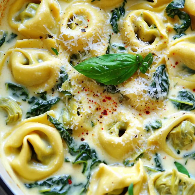 - 12 oz fresh tortellini (cheese or spinach-filled) - 1 cup frozen spinach (thawed and drained) - 1 cup marinated artichoke hearts (chopped) - 1 cup cream cheese (softened) - 1 cup heavy cream - 1/2 cup grated Parmesan cheese - 1 teaspoon garlic powder - 1 teaspoon onion powder - 1/2 teaspoon crushed red pepper flakes (optional) - Salt and pepper to taste - 1 tablespoon olive oil - Fresh basil leaves (for garnish, optional) Fresh tortellini brings a delightful texture. You can use cheese-filled for rich flavor or spinach-filled for a vibrant twist. Frozen spinach is a great time-saver. Make sure to drain it well. Marinated artichokes add tang and depth. Cream cheese and heavy cream create the rich, creamy base. Parmesan cheese enhances the umami flavor. If you cannot find fresh tortellini, use dried tortellini. Just cook it longer. For a lighter touch, swap heavy cream with half-and-half. You can use Greek yogurt instead of cream cheese for a tangy flavor. Fresh spinach can replace frozen if you prefer. If you want a different taste, try sun-dried tomatoes instead of artichokes. To start, fill a large pot with water and add salt. Bring the water to a boil. Carefully add the tortellini once the water bubbles. Cook the tortellini for about 3-5 minutes, or until they are tender yet firm. Drain the tortellini in a colander and set it aside. While the tortellini cooks, heat a large skillet over medium heat. Add one tablespoon of olive oil to the skillet. Once the oil is hot, add the softened cream cheese. Stir the cream cheese with a wooden spoon until it melts and becomes smooth. This takes just a few minutes. Next, gradually pour in the heavy cream. Whisk the mixture while you pour to keep it smooth. Let the sauce simmer for 3-4 minutes. Stir often to help it thicken. After the sauce thickens, add the thawed spinach, chopped artichokes, and grated Parmesan cheese. Mix in the garlic powder, onion powder, and crushed red pepper flakes if you want some heat. Stir everything together until well combined. Now, taste the sauce. Adjust the flavor with salt and pepper as needed. Then, gently fold the cooked tortellini into the creamy sauce. Ensure each piece gets coated well. Let it cook for about 2 more minutes to heat everything through. Once done, remove the skillet from heat. Plate the creamy tortellini and garnish with fresh basil leaves and extra Parmesan cheese if you like. Enjoy your delicious meal! To get that dreamy, creamy texture, follow these steps: - Use softened cream cheese. This helps it blend smoothly. - Whisk in the heavy cream slowly. This prevents lumps. - Let the sauce simmer gently. This thickens it just right. You want to keep stirring while it simmers. This keeps the sauce smooth. If you find it too thick, add a splash of pasta water. This will help loosen it up without losing flavor. If you like a little heat, add crushed red pepper flakes. Start with a small pinch. You can always add more if you want. - Taste as you go. This is key to finding your perfect balance. - If you want it milder, leave out the red pepper flakes. - You can also add a pinch of black pepper for a subtle kick. Experiment with spices. This recipe is fun to make your own. You can easily make this dish ahead of time. Here’s how: - Cook the tortellini as instructed. - Prepare the sauce but don’t mix them yet. - Store the sauce separately in the fridge. When you’re ready to eat, reheat the sauce gently. Then, mix in the tortellini. This keeps everything fresh. You can also freeze the sauce for up to a month. Just thaw it overnight in the fridge before you reheat. {{image_4}} If you want a vegetarian twist, you can keep it simple. Use cheese-filled tortellini. You can also add more veggies. Try mushrooms, bell peppers, or zucchini. This will make the dish even more colorful and tasty. You can also swap cream cheese for a vegan version. This keeps all the creaminess while being plant-based. For extra protein, add chicken or shrimp. If you choose chicken, cook it in the skillet first. Season it well with salt and pepper. Then add the sauce. For shrimp, cook them quickly until pink. Add them just before combining with the tortellini. Both options will make the dish heartier and more filling. If you need a gluten-free option, use gluten-free tortellini. Many brands offer great choices that taste just as good. You can also make your own tortellini using gluten-free flour. Just follow a simple pasta recipe. This way, everyone can enjoy this creamy dish without worry. After making Creamy Spinach Artichoke Tortellini, let it cool. Place any leftovers in an airtight container. This keeps the dish fresh and tasty. Store it in the fridge for up to three days. If you want to keep it longer, freezing is a good option. To reheat, use a skillet for the best results. Add a splash of cream or water to keep it creamy. Heat it on low, stirring gently until it warms through. You can also use the microwave. Just cover the dish and heat it in short bursts, stirring in between. Make sure it’s hot all the way through. If you want to freeze it, place the cooled tortellini in a freezer-safe container. Leave some space at the top, as it may expand. Seal the container tightly. You can freeze it for about three months. When ready to eat, thaw it overnight in the fridge, then reheat as mentioned above. This keeps your meal simple and delicious anytime. Yes, you can use dried tortellini. Just make sure to cook it longer. Follow the package directions for timing. Dried tortellini often needs more water, too. The taste will still be good, but fresh has a softer texture. To lighten this dish, swap heavy cream for half-and-half or milk. Use low-fat cream cheese instead of regular. You can also reduce the amount of cheese. Adding more spinach can boost nutrition without too many calories. This dish pairs well with a fresh salad. A simple Caesar or mixed greens works great. You could also serve garlic bread on the side. For a heartier meal, grilled chicken or shrimp adds protein. A light white wine complements the flavors nicely, too. We covered the key ingredients needed for a creamy spinach artichoke tortellini. You learned important cooking steps to create a rich sauce and combine it with tortellini. I shared tips to ensure the dish turns out creamy and flavorful. Different variations and storage advice add flexibility to your meal prep. Now, you have the tools to impress anyone with this dish. Try it out, make it your own, and enjoy!