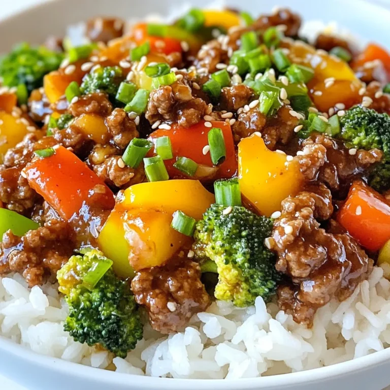 - 1 lb ground beef - 1/4 cup soy sauce (low sodium recommended for a lighter taste) - 2 tablespoons honey or maple syrup (for a touch of sweetness) - 2 tablespoons rice vinegar (to balance flavors) - 1 tablespoon sesame oil (for that nutty aroma) - 1 tablespoon fresh ginger, grated (adds a zing) - 2 cloves garlic, minced (for depth of flavor) - 1/2 cup bell peppers, diced (use a mix of colors for visual appeal) - 1/2 cup broccoli florets (fresh or frozen are both great) - 2 green onions, chopped (for garnish and freshness) - Cooked rice or quinoa (for serving, adjusts to preference) - Sesame seeds (for garnish and crunch) In this recipe, I use ground beef as the main protein. I find that it absorbs the flavors well. For the sauce, I mix soy sauce, honey, and rice vinegar. This combo gives great taste. The honey or maple syrup adds sweetness. The rice vinegar helps balance everything out. I also love adding colorful bell peppers and broccoli for crunch. They not only taste good but also look great. You can use fresh or frozen broccoli. Both work fine. Green onions make a nice garnish, adding freshness. Finally, I sprinkle sesame seeds for a tasty crunch. These ingredients come together to make a quick and tasty dish. You can prep it ahead of time and enjoy it all week long! {{ingredient_image_2}} To make this meal easy, you need a few tools: - Large skillet - Mixing bowl - Spatula - Measuring cups and spoons - Cutting board and knife for veggies For cooking techniques, you'll sauté, brown, and combine. Sautéing brings out flavors. Browning the beef adds richness. Combining everything creates a tasty mix. 1. Heat the Skillet: Start by pouring sesame oil into a large skillet. Set it over medium heat to warm. 2. Sauté Aromatics: Add minced garlic and grated ginger. Sauté for one minute. This makes the kitchen smell great! 3. Brown the Beef: Turn up the heat to medium-high. Add the ground beef and break it apart. Cook for 5 to 7 minutes until it's browned. 4. Make the Sauce: In a small bowl, whisk together soy sauce, honey (or maple syrup), and rice vinegar. This sauce is the star of the dish! 5. Drain Excess Fat: Once the beef is browned, drain any extra fat. This keeps the meal lighter. 6. Add Vegetables: Toss in diced bell peppers and broccoli florets. Pour the teriyaki sauce over everything. Stir and cook for 3 to 5 minutes. You want the veggies to be tender but still crisp. 7. Cool Slightly: Remove the skillet from heat. Let the mixture cool for a few moments. 8. Divide into Containers: Take meal prep containers and divide the beef mixture evenly. Serve it over your choice of cooked rice or quinoa. 9. Garnish and Seal: Top each container with chopped green onions and a sprinkle of sesame seeds. This adds flavor and a nice look. Seal the containers when you're done. Now, you have a quick and tasty dish ready to enjoy throughout the week! - Best practices for browning beef: Start by heating the skillet first. Add sesame oil and let it get hot. Then, add the ground beef. Use a spatula to break it apart as it cooks. This helps it brown evenly. Cook until no pink remains, about 5-7 minutes. - Avoiding soggy vegetables: To keep your veggies crisp, add them in the last few minutes of cooking. Toss in the diced bell peppers and broccoli after the beef is browned. Cook them just until tender, about 3-5 minutes. This keeps them colorful and crunchy. - Suggested spices or additional ingredients: For extra flavor, try adding a dash of red pepper flakes or a teaspoon of garlic powder. You can also mix in some chopped cilantro or parsley for freshness. - Adjusting sweetness and saltiness: If you want a sweeter dish, add more honey or maple syrup. For saltiness, a splash more soy sauce can help. Taste as you go to find your perfect balance. - Time-saving techniques: To save time, chop your veggies ahead of time. You can also make a double batch of the teriyaki sauce and store it for later use. - Batch cooking advice: Cook a larger amount of ground beef and divide it into smaller portions. You can freeze some for quick meals later. This way, you always have a tasty meal on hand. Pro Tips Use Lean Beef: Opt for lean ground beef to reduce excess fat and enhance the dish's overall healthiness. Vegetable Variations: Feel free to mix in other vegetables such as snap peas or carrots for added nutrition and color. Marinate for More Flavor: If time allows, marinate the ground beef in the teriyaki sauce for at least 30 minutes before cooking to deepen the flavor profile. Storage Tips: Store leftovers in airtight containers to maintain freshness and flavor for up to 5 days. {{image_4}} You can switch ground beef for other proteins. Ground turkey works well and is leaner. Tofu is a great choice for a vegetarian option. It absorbs flavors nicely. Feel free to swap in different vegetables too. Zucchini, snap peas, or carrots add color and crunch. You can mix and match based on what you like. Want to make your teriyaki sauce? It's easy! Combine 1/4 cup soy sauce, 2 tablespoons honey (or maple syrup), and 2 tablespoons rice vinegar. Whisk until smooth. You can also play with flavors. Add chili sauce for heat or pineapple juice for extra sweetness. Each change brings a new twist to the dish. This dish pairs well with sides. Serve it on rice for a classic touch. Quinoa is another healthy option. Both soak up the sauce, making every bite tasty. Get creative with how you serve it. Try it in lettuce wraps for a fun twist. You can also serve it as a filling in a bowl with your favorite toppings. Enjoy experimenting! Ground beef teriyaki stays fresh in the fridge for up to 5 days. Store it in airtight containers to keep it flavorful. Glass or BPA-free plastic containers work best. They seal tightly and prevent spills. You can reheat the dish in a microwave or on the stovetop. For the microwave, place the portion in a bowl and cover it with a damp paper towel. Heat for 1-2 minutes. Stir halfway for even warming. On the stovetop, add a splash of water in a pan over medium heat. Stir gently until warmed through. This helps maintain texture and flavor. Yes, you can freeze ground beef teriyaki. Divide it into portions and store in freezer-safe bags. Remove as much air as possible to avoid freezer burn. For thawing, place it in the fridge overnight. To reheat, use the stovetop or microwave, adding a little water to keep it moist. This method keeps it tasty and enjoyable. Can I use frozen ground beef? Yes, you can use frozen ground beef. Just remember to thaw it first. You can do this in the fridge overnight or in the microwave on defrost. Once thawed, cook it just like fresh beef. Is there a vegetarian version of this recipe? Absolutely! You can swap out the ground beef for plant-based options. Try using tofu, tempeh, or even lentils. These options will still soak up the tasty teriyaki sauce. How do I store meal prep containers? Store your meal prep containers in the fridge. Ensure they are airtight to keep food fresh. If you aren’t eating them all at once, label each container with the date you made them. What's the best way to reheat ground beef teriyaki? The best way to reheat it is in the microwave. Place it in a bowl and cover it to keep moisture. Heat for about 1-2 minutes, stirring halfway. You can also reheat it on the stovetop in a skillet over low heat. How long can I keep cooked ground beef in the fridge? Cooked ground beef stays good in the fridge for about 3-4 days. Make sure it’s stored in an airtight container. If you want to keep it longer, consider freezing it. What should I do if I run out of soy sauce? If you run out of soy sauce, you can use tamari or coconut aminos as a substitute. Both will give you a similar flavor. You can also create a mix with broth, vinegar, and a little sugar for a quick fix. You now have a complete guide to making ground beef teriyaki. We covered key ingredients, from beef to veggies. You learned step-by-step cooking instructions and how to assemble meals. Remember useful tips for browning beef and enhancing flavor. Consider variations, including ingredient swaps and sauce alternatives. Finally, storing and reheating your dish is simple. Use this knowledge to create delicious meals that impress. Enjoy the process and get cooking!
