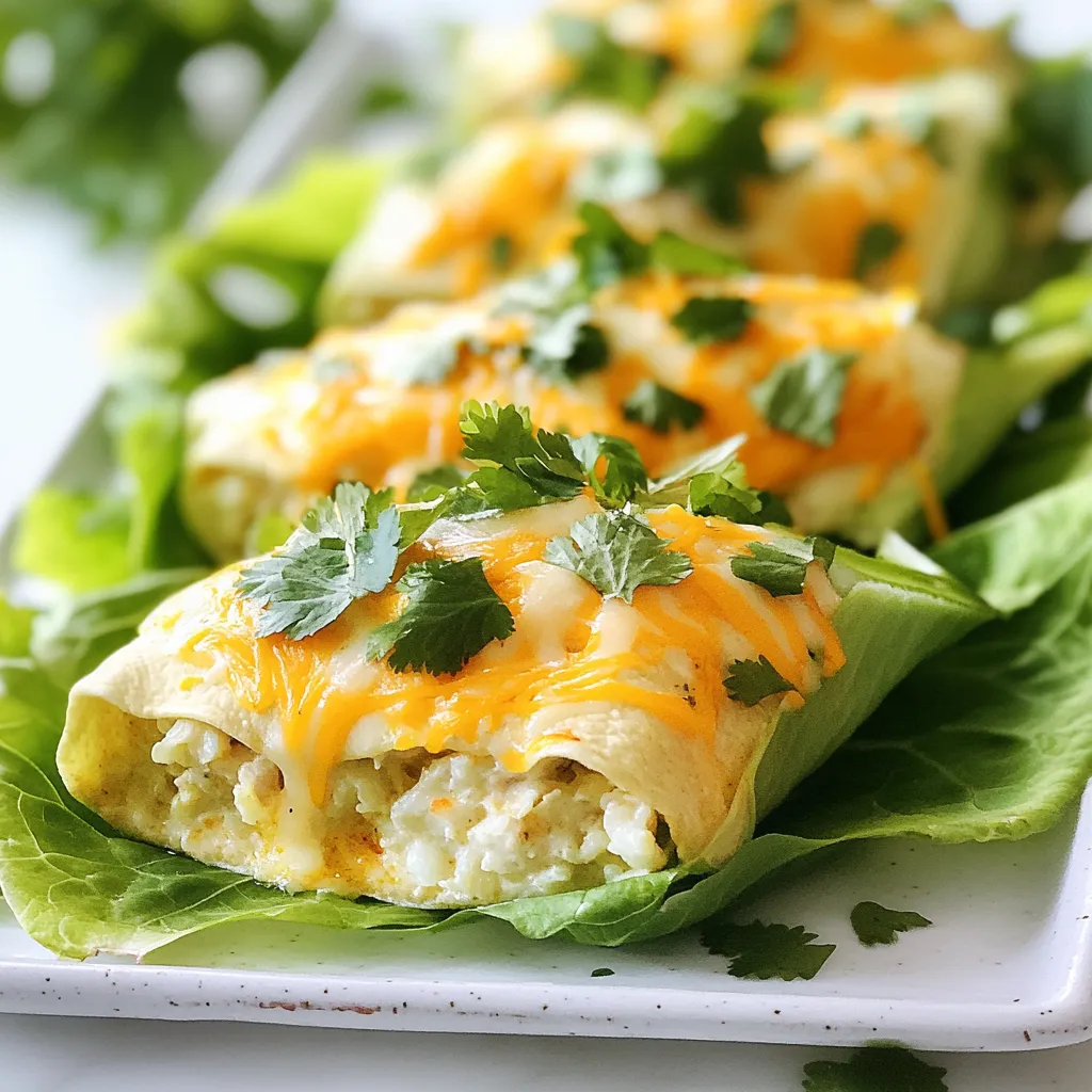 For these tasty enchiladas, you will need: - 2 cups cooked chicken, shredded - 1 cup cream cheese, softened - 1 cup shredded Monterey Jack cheese, divided - 1 cup cauliflower rice (fresh or frozen) - 1/2 cup sour cream - 1/2 cup chicken broth, divided - 1 teaspoon garlic powder - 1 teaspoon onion powder - 1 teaspoon ground cumin - 1/2 teaspoon salt - 1/2 teaspoon black pepper - 8 large lettuce leaves (like romaine or butter lettuce) These main ingredients create a rich and creamy filling. The chicken and cream cheese blend well, while the spices add great flavor. For a bright finish, you might like to add: - 1/4 cup chopped fresh cilantro This garnish gives a fresh taste and a pop of color to your dish. You can skip it if you prefer, but it’s worth a try! Each serving of these enchiladas offers: - Calories: 380 - Protein: 35g - Total Fat: 26g - Carbohydrates: 7g - Fiber: 2g These numbers make this dish a great option for low-carb diets. The high protein keeps you full, while the low carbs fit well into a healthy meal plan. {{ingredient_image_2}} To make the filling, start with a large bowl. Add 2 cups of shredded chicken. Then, mix in 1 cup of softened cream cheese. This will make the filling rich and creamy. Next, add 1 cup of shredded Monterey Jack cheese, but save half for later. Include 1 cup of cauliflower rice for texture. Then, add 1/2 cup of sour cream for extra creaminess. Pour in 1/4 cup of chicken broth to keep it moist. Season with 1 teaspoon of garlic powder, 1 teaspoon of onion powder, and 1 teaspoon of ground cumin. Sprinkle in 1/2 teaspoon of salt and 1/2 teaspoon of black pepper. Mix everything until smooth and blended. Lay out 8 large lettuce leaves on a clean surface. These leaves will be our wraps. Take about 1/4 cup of the chicken mixture and place it in the center of each leaf. Carefully roll the leaf around the filling. Make sure to tuck in the sides as you roll. This helps keep the filling inside. Place the rolled enchiladas seam-side down in a greased 9x13 inch baking dish. Make sure they fit snugly. In a small bowl, mix the remaining 1/4 cup of chicken broth with the leftover 1/2 cup of shredded Monterey Jack cheese. Pour this over the enchiladas. Cover the dish tightly with aluminum foil. Bake in a preheated oven at 350°F (175°C) for 20 minutes. After that, remove the foil and bake for another 10 minutes. This lets the cheese get bubbly and golden. Once done, take the dish out and let it cool for a few minutes. You can add chopped fresh cilantro on top for a pop of color. To wrap your enchiladas, use large lettuce leaves. Romaine or butter lettuce works well. Place about 1/4 cup of the filling in the center of each leaf. Roll the leaf tightly around the filling. Fold in the sides as you roll to keep everything inside. Make sure the seam is down in the baking dish. This helps them hold shape during baking. Having the right tools makes cooking easier. Here are some tools I recommend: - Large mixing bowl: For combining your filling. - Baking dish (9x13 inch): To hold your enchiladas. - Aluminum foil: To cover the dish while baking. - Measuring cups: For precise ingredient amounts. - Spatula: For mixing and serving. Many people make a few common mistakes when making enchiladas. Here’s how to avoid them: - Don't overfill the lettuce leaves. This makes them hard to wrap. - Ensure your filling is well mixed. This helps with flavor and texture. - Bake covered first. This keeps the enchiladas moist. Remove the foil later for a nice golden top. - Allow the dish to cool for a few minutes before serving. This helps with handling and eating. Pro Tips Use Fresh Ingredients: Fresh vegetables and herbs will elevate the flavor of your enchiladas, making them more vibrant and delicious. Customize the Heat: If you enjoy spice, add diced jalapeños or a dash of hot sauce to the chicken mixture for an extra kick. Make Ahead: Prepare the enchiladas ahead of time and refrigerate them before baking. Just add a few extra minutes to the baking time when you're ready to cook. Experiment with Cheese: Try different types of cheese like pepper jack or cheddar for a unique flavor twist in your enchiladas. {{image_4}} You can swap out the chicken in this recipe for other proteins. Turkey works well and keeps it light. Ground beef offers a heartier flavor. You can also use shredded pork for a tasty twist. Each option brings its own taste, making this dish fun to customize. Try different sauces to elevate your enchiladas. A green salsa verde adds a zesty kick. For a creamier texture, use a cheese sauce made with cream cheese. You can also mix sour cream with a bit of lime juice for a refreshing touch. Each sauce variation enhances the dish in a unique way. For a vegetarian version, replace the chicken with more cauliflower rice or black beans. You can add sautéed bell peppers, zucchini, or spinach for added flavor and nutrition. Keep the cream cheese and cheese for creaminess. This gives you a hearty, satisfying option without meat. Store leftover enchiladas in an airtight container. Keep them in the fridge. They will stay fresh for about 3 to 5 days. Make sure to let them cool down before sealing. This helps prevent moisture buildup. To reheat, preheat your oven to 350°F (175°C). Place the enchiladas in a baking dish. Cover them with foil to keep moisture in. Heat for about 15 to 20 minutes. You can also use a microwave. Heat for 1 to 2 minutes at a time until warm. You can freeze these enchiladas for later. Wrap each one tightly in plastic wrap. Place them in a freezer-safe bag or container. They can last up to 3 months in the freezer. When ready to eat, thaw in the fridge overnight before reheating. Yes, you can make this recipe dairy-free. Use dairy-free cream cheese and sour cream. For cheese, try a dairy-free shredded cheese. This keeps the flavors rich while being dairy-free. To lower the sodium, select low-sodium chicken broth. You can also reduce the added salt. This small change can help make the dish healthier without losing taste. If you want to skip lettuce, use large cabbage leaves. They have a nice crunch and hold the filling well. You could also use low-carb tortillas for a different texture. This post covered low-carb white chicken enchiladas from start to finish. We explored the main and optional ingredients, provided step-by-step instructions, and shared useful tips. You learned about variations, storage methods, and had answers to your questions. Enjoying these enchiladas can fit your diet while being tasty. Try different proteins or sauces to mix things up. Always remember to store and reheat properly. Dive in and make this meal your own!