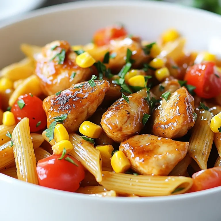- 2 boneless, skinless chicken breasts, cut into bite-sized pieces - 2 cups pasta (penne or fusilli recommended) - 1 cup of your favorite BBQ sauce - 1/2 cup honey - 4 cloves garlic, minced - 1 cup chicken broth - 1 cup cherry tomatoes, halved - 1 cup frozen corn - 1 bell pepper, diced (choose any color for a vibrant dish) - 1 teaspoon paprika - Salt and pepper to taste - Olive oil (for cooking) - A pinch of cayenne for heat - 1 teaspoon dried oregano or thyme for herb notes - Crushed red pepper for a spicy kick - Fresh parsley, chopped - Extra BBQ sauce for drizzling - Grated Parmesan cheese for a savory touch {{ingredient_image_2}} To start, grab a large pot or deep skillet. Drizzle a thin layer of olive oil and heat it over medium heat. When the oil is hot, add the bite-sized chicken pieces. Season them with salt, pepper, and paprika. Cook the chicken for about 5 to 7 minutes. Stir occasionally so the chicken browns evenly. You want it golden and fully cooked. Once the chicken is cooked, add the minced garlic to the pot. Sauté it for about 1 minute until it smells good. Then, pour in the BBQ sauce, honey, and chicken broth. Stir everything well to mix. Next, add the pasta to the pot. Turn up the heat to bring the mix to a gentle boil. Once boiling, lower the heat, cover the pot, and let it simmer for about 10 minutes. Stir the pasta every so often to stop it from sticking. You want the pasta to be al dente. When the pasta is almost done, it’s time for the veggies. Add in the halved cherry tomatoes, frozen corn, and diced bell pepper. Stir to mix them in well. Let everything heat through for about 2 minutes. After that, remove the pot from the heat. Taste the dish and adjust the seasoning if needed. Serve the pasta hot. For a nice touch, sprinkle some freshly chopped parsley on top. Enjoy your meal! Cook the chicken pieces in a hot pan. This helps them brown well. Season them with salt, pepper, and paprika for flavor. Cook until they are golden brown, about 5 to 7 minutes. Turn them often for even cooking. This ensures juicy and tender chicken in your pasta. To boost the taste, add minced garlic after cooking the chicken. Sauté it for about one minute until it smells great. Then mix in BBQ sauce and honey. These sweet and tangy flavors make the dish pop. Feel free to adjust the salt and pepper at the end for your taste. Keep an eye on the pasta while it cooks. Stir it every few minutes to stop it from sticking. Cook until it is just al dente, which means it should still have a slight firmness. This usually takes about 10 minutes. Adding veggies two minutes before the end helps them stay fresh and colorful. Pro Tips Marinate the Chicken: For enhanced flavor, consider marinating the chicken in BBQ sauce and honey for at least 30 minutes before cooking. Use Fresh Herbs: Fresh herbs like basil or cilantro can elevate the dish; sprinkle them on just before serving for freshness. Veggie Variations: Feel free to add other vegetables such as zucchini or spinach for added nutrition and color. Leftover Storage: This dish stores well in the fridge for up to 3 days; just reheat gently on the stove or in the microwave. {{image_4}} You can switch out chicken for other proteins. Turkey works great and keeps it light. If you like beef, use ground beef or steak strips. For a vegetarian option, try tofu or chickpeas. These swaps keep the dish tasty while changing its flavor profile. While penne or fusilli shine here, feel free to pick your favorite pasta. Bowtie, spaghetti, or even whole wheat pasta can add a unique twist. Changing the pasta type can also change the meal's texture. Just keep an eye on cooking times to ensure everything cooks evenly. Feel free to add or swap vegetables based on your taste. Zucchini, spinach, or broccoli can all work well. You can also use frozen mixed veggies for convenience. Adding seasonal vegetables can give this dish a fresh touch. Just remember to add them at the right time to keep them vibrant and crisp. To store your One Pot Honey Garlic BBQ Chicken Pasta, let it cool first. Use an airtight container. This keeps the pasta fresh for up to three days in your fridge. Ensure the container seals well to prevent air from spoiling it faster. You can also separate the sauce from the pasta if you want to keep them fresh longer. When you're ready to eat leftovers, reheat the pasta on the stove. Add a splash of water or broth to keep it moist. Heat it over low to medium heat while stirring. This helps avoid burning. You can also use the microwave. Place the pasta in a microwave-safe dish. Cover it with a lid or damp paper towel. Heat in short bursts, stirring in between, until warm. If you want to save your pasta for later, freezing is a great choice. Allow the dish to cool completely, then portion it into freezer-safe bags. Remove as much air as possible before sealing. This can help prevent freezer burn. You can freeze the pasta for up to three months. When you’re ready to enjoy it, thaw it overnight in the fridge. Reheat it as you would with leftovers for the best taste. Yes, you can prepare this dish ahead of time. Cook it as directed, then cool it down. Store it in an airtight container in the fridge for up to three days. When you are ready to eat, reheat it on the stove over low heat. Stir it often until it warms through. This way, you save time during busy days or nights. If you want a different protein, try using shrimp or tofu. Both options work well in this dish. If using shrimp, cook it until pink, about three minutes. For tofu, use firm or extra-firm tofu and sauté it until golden. You can also use ground turkey or beef for a heartier flavor. This recipe is not spicy. The BBQ sauce and honey add sweetness and depth. If you like heat, add a pinch of cayenne pepper or red pepper flakes. Adjust the amount to your taste. You can make it mild or kick it up a notch based on your preference. This article covered a full guide to creating a tasty meal. We explored main ingredients, optional flavors, and garnishes to enhance your dish. I shared simple steps for preparing chicken, cooking pasta, and adding veggies. You learned helpful tips to perfect your meal and various ways to customize ingredients. Lastly, we discussed how to store leftovers and answered common questions. In the end, cooking can be fun and easy. Enjoy making this dish your own!