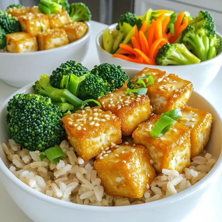 - 1 block (14 oz) firm tofu, thoroughly drained and pressed - 1 cup cooked brown rice or quinoa - 1 cup fresh broccoli florets, steamed - 1 small carrot, cut into thin julienne strips - 2 green onions, sliced thinly - 4 tablespoons cornstarch - 1 teaspoon garlic powder - 1/2 teaspoon salt - 1/4 teaspoon black pepper - 2 tablespoons sesame oil, divided - 2 tablespoons soy sauce (or tamari for a gluten-free option) - 4 cloves garlic, minced - 1 tablespoon sesame seeds (optional, for garnish) - Lime wedges for serving Using these ingredients, you can create a meal that is both simple and delicious. Firm tofu gives a great base for this dish. Brown rice or quinoa adds a nutty flavor and a nice chew. Fresh veggies, like broccoli and carrots, bring bright colors and crunch. Seasoning is key in this recipe. Cornstarch helps the tofu become crispy. Garlic powder adds a warm flavor. Soy sauce gives that umami kick we all love. For a little extra flair, you can garnish your bowls with sesame seeds. Green onions add freshness and a pop of color. Lime wedges will elevate the dish, adding a bright, zesty finish. This combination of fresh ingredients and bold flavors transforms a simple meal into something special. Enjoy the process of assembling your crispy garlic tofu bowls! Start by cutting the pressed tofu into 1-inch cubes. This size helps the tofu cook evenly and get crispy. Next, mix cornstarch, garlic powder, salt, and black pepper in a bowl. Toss the tofu cubes in this dry mix. Make sure each cube is well-coated. This coating helps achieve that amazing crunch we all love. Heat 1 tablespoon of sesame oil in a non-stick skillet over medium-high heat. Wait until the oil shimmers before adding the tofu cubes. Fry the tofu for about 8 to 10 minutes. Turn the cubes as they cook to brown all sides. When they look golden and crispy, remove them from the skillet. Set them aside on a plate. In the same skillet, add the other tablespoon of sesame oil. Then add the minced garlic. Sauté for 1 to 2 minutes. You want the garlic to smell good but not burn. Burnt garlic can taste bitter and ruin the dish. After that, return the crispy tofu to the skillet. Drizzle in the soy sauce. Toss everything gently to coat the tofu in the garlic and soy sauce mix. Heat it for another 1 to 2 minutes. To serve, take a generous scoop of cooked brown rice or quinoa and place it in each bowl. Add the steamed broccoli florets and julienned carrots on top. Finally, distribute the garlic tofu mixture evenly among the bowls. This layering makes each bite full of flavor. To make crispy tofu, start by pressing it well. Remove excess water by wrapping the tofu in a clean towel. Place a heavy object on top for about 15 minutes. This step is key for crispiness. Next, cut the pressed tofu into 1-inch cubes. Coat each piece in a mix of cornstarch, garlic powder, salt, and black pepper. This dry mixture helps create a crunchy crust. When frying, heat sesame oil in a non-stick skillet over medium-high heat. Wait until the oil shimmers before adding the tofu. Fry the tofu for 8-10 minutes, turning it often. This will give you golden brown, crispy cubes on every side. Fresh garlic makes a big difference in taste. Use whole cloves and mince them just before cooking. This keeps the garlic’s strong flavor and aroma. For cooking oils, I recommend sesame oil for its rich, nutty taste. It pairs perfectly with the garlic and tofu. You can also try avocado oil for a light flavor and high smoke point. If you have leftover tofu bowls, store them in an airtight container. Keep them in the fridge for up to three days. Reheat your bowls gently in a skillet over medium heat. This will help keep the tofu crispy. You can also use a microwave, but the tofu may lose some crunch. Enjoy your tasty leftovers! {{image_4}} You can swap tofu for tempeh or seitan. Both offer great texture and flavor. Tempeh has a nutty taste and is packed with protein. Seitan mimics meat well and adds a chewy bite. Both choices fit well in this dish. They also absorb flavors easily, just like tofu. For a plant-based option, consider chickpeas or lentils. They add protein and fiber while being simple to prepare. Feel free to change up the vegetables. You can use spinach, kale, or bok choy instead of broccoli. These greens bring a fresh taste and bright color. For added crunch, try bell peppers or snap peas. Seasonal veggies work great too. In spring, use asparagus or peas. In fall, consider roasted squash or Brussels sprouts. Each change keeps the dish exciting and full of nutrients. Want more flavor? Adding spices can enhance your bowls. Try chili flakes for heat or smoked paprika for depth. A splash of hot sauce can wake up the dish. You can also mix in different sauces. Instead of soy sauce, use tamari or coconut aminos for a sweeter taste. For a kick, try sriracha or hoisin sauce. Each option brings a new twist to your crispy garlic tofu bowls. To store your leftover crispy garlic tofu bowls, use airtight containers. Place the bowls in the fridge right after they cool down. This keeps them fresh. Eat them within three days for the best taste. You can also reheat them in the microwave. Just cover them to keep moisture in. Yes, you can freeze crispy tofu! First, cool the tofu completely. Then, place it in freezer-safe bags or containers. Make sure to remove excess air. When you want to eat it, thaw it overnight in the fridge. To reheat, bake it in the oven for crispiness or use the microwave. The prepared bowls stay fresh for about three days in the fridge. After that, they may lose flavor and texture. Look for signs of spoilage, like an off smell or mold. If the tofu feels slimy, it's time to toss it. Always trust your senses when deciding if food is still good. To make tofu crispy, start with firm tofu. Press the tofu to remove extra water. Cut it into 1-inch cubes. Use cornstarch to coat the tofu. This helps it fry better. Heat oil in a non-stick skillet over medium-high heat. Once the oil is hot, add the coated tofu. Fry until golden brown on all sides. This should take about 8-10 minutes. Yes, this recipe is vegan. Tofu is a great plant-based protein. The other ingredients, like garlic and vegetables, are also vegan-friendly. You can use tamari instead of soy sauce for a gluten-free version. You can use tamari as a gluten-free substitute for soy sauce. Coconut aminos is another good choice. It has a slightly sweeter taste but works well in this recipe. Making crispy garlic tofu bowls takes about 25 minutes total. This includes 10 minutes for prep and 15 minutes for cooking. It’s quick and perfect for a busy weeknight meal. Yes, you can meal prep these bowls! Prepare the tofu and veggies in advance. Store them in airtight containers in the fridge. You can assemble the bowls when you're ready to eat. This makes for a fast and healthy meal option! In this post, we explored how to make flavorful crispy garlic tofu bowls using simple ingredients. You learned how to prepare and cook tofu, along with tips for achieving that perfect crunch. We also discussed variations to suit your taste and how to store leftovers. These bowls are easy to make and packed with nutrition. Remember to have fun with your ingredients and seasonings. Enjoy your cooking journey and savor each bite!