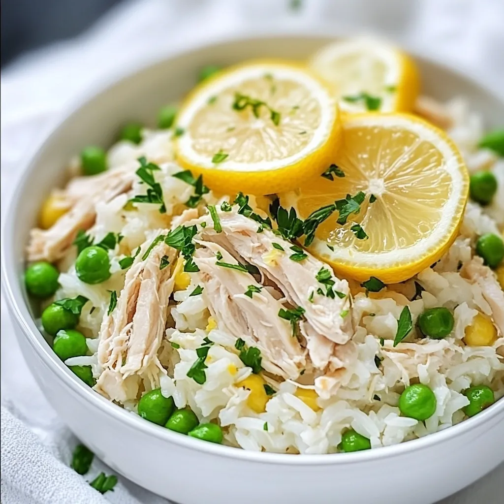 - 4 boneless, skinless chicken breasts - 1 cup long-grain rice - 2 cups chicken broth - 1 medium onion, finely diced - 3 cloves garlic, minced - Zest of 1 lemon - 2 tablespoons freshly squeezed lemon juice - 1 teaspoon dried rosemary - 1 teaspoon dried thyme - Salt and freshly ground black pepper to taste - 1 cup frozen peas - ¼ cup fresh parsley, finely chopped (for garnish) - Fresh lemon slices (for garnish) - Use 4 boneless, skinless chicken breasts for lean protein. - Measure 1 cup of long-grain rice for a fluffy texture. - Add 2 cups of chicken broth to keep the dish moist. - Dice 1 medium onion and mince 3 cloves of garlic for flavor. - Use the zest of 1 lemon and juice from the same lemon for brightness. - Sprinkle in 1 teaspoon each of dried rosemary and thyme for aroma. - Season with salt and pepper to your taste. - Stir in 1 cup of frozen peas for color and sweetness. - Garnish with ¼ cup of chopped parsley and fresh lemon slices. - You can add a splash of white wine for depth. - Try adding bell peppers or carrots for crunch and color. - Consider fresh herbs like basil or cilantro for a twist. {{ingredient_image_2}} Start by placing 4 boneless, skinless chicken breasts in your slow cooker. Use salt, pepper, dried rosemary, and thyme to season the chicken. Make sure you coat each piece well. This adds great flavor. The herbs pair nicely with the lemon. You want the chicken to soak in all those tasty spices. In a medium bowl, combine 1 finely diced onion, 3 minced garlic cloves, the zest of 1 lemon, and 2 tablespoons of lemon juice. Mix these well until they blend into a fragrant paste. Pour this mixture evenly over the seasoned chicken. This adds a bright flavor and aroma to the dish. The lemon and herbs work together to create a refreshing taste. Now, pour 2 cups of chicken broth into the slow cooker. Be careful not to disturb the chicken. Then, add 1 cup of long-grain rice on top without stirring. This helps the rice absorb the broth as it cooks. Set your slow cooker to low for 4 to 5 hours or high for 2 to 3 hours. Cooking on low makes the chicken really tender. The rice will soak up all the broth by the end. About 30 minutes before serving, stir in 1 cup of frozen peas. This adds color and nutrition. When the cooking time is up, shred the chicken in the pot with two forks. Fluff the rice gently with a fork for a nice texture. To make this dish your own, adjust the seasonings as you like. Taste the chicken and rice before serving. If you want more zing, add more lemon juice. For stronger herbs, sprinkle in extra rosemary or thyme. Salt and pepper can also enhance the flavor. Don’t be afraid to experiment until it feels just right for you. To avoid mushy or undercooked rice, follow these tips. First, use long-grain rice as it holds its shape well. Make sure to measure the liquid correctly; too much can make it soggy. If you find the rice undercooked, add a little more broth and cook for a few extra minutes. Fluff the rice gently with a fork after cooking to keep it light and airy. Serving with style makes the meal special. Use rustic bowls for a cozy feel. Add generous portions of chicken and rice, making it look inviting. Top each bowl with fresh parsley and lemon slices for color. This not only adds charm but also enhances the fresh lemon flavor. Your guests will be impressed! Pro Tips Marinate for More Flavor: For an extra flavor boost, marinate the chicken in the lemon juice and herbs for at least 30 minutes before cooking. This will allow the flavors to penetrate the meat more deeply. Use Fresh Herbs: While dried herbs work well, using fresh rosemary and thyme can elevate the dish's flavor profile significantly. Consider adding them to the slow cooker just before serving for a fresh touch. Experiment with Rice Varieties: Feel free to substitute the long-grain rice with jasmine or basmati rice for a different texture and flavor. Just adjust the cooking time based on the rice variety used. Serve with a Side Salad: Pairing this dish with a light side salad will not only enhance flavors but also add a refreshing crunch to your meal. Consider a simple arugula salad with a lemon vinaigrette. {{image_4}} You can easily swap the chicken and rice for other proteins and grains. Try using turkey or even tofu for a vegetarian option. If you want a different grain, quinoa or farro work well too. These swaps can change the dish while still keeping it tasty. Herbs can change the flavor of your dish. Instead of rosemary and thyme, try basil and oregano for an Italian twist. For a fresh taste, you can use dill or cilantro. Each herb adds its own unique flavor, so feel free to experiment. Adding vegetables boosts nutrition and adds color. You can toss in carrots, bell peppers, or zucchini. They not only taste great but also make the dish more filling. For extra greens, try spinach or kale. Adding veggies is an easy way to make this meal even better. To keep your chicken and rice fresh, use airtight containers. This helps prevent drying out. Make sure to cool the dish to room temperature first. Store it in the fridge for up to three days. Label your containers with the date for easy reference. When reheating, use a microwave or stove. If using a microwave, place the chicken and rice in a bowl. Add a splash of broth or water to keep it moist. Cover the bowl with a lid or microwave-safe wrap. Heat in short bursts, stirring in between. On the stove, warm it over low heat. Stir often to prevent sticking. To freeze, pack the chicken and rice in freezer-safe bags or containers. Remove as much air as possible. Label with the date and contents. Your dish can stay frozen for up to three months. To thaw, move it to the fridge overnight. Reheat using the methods above for best results. Cooking this dish takes about 4 to 5 hours on low or 2 to 3 hours on high. The chicken will be tender, and the rice absorbs the broth well. The key is to check that the chicken is fully cooked and the rice is fluffy. Yes, you can use brown rice. However, brown rice requires more liquid and longer cooking time. Use 2 and a half cups of broth and cook on high for about 3 to 4 hours. The texture will be different, but it adds a nice nutty flavor. I love to pair this dish with a fresh salad or steamed veggies. A simple green salad with a lemon vinaigrette matches well. You could also serve it with crusty bread to soak up the delicious juices. This post covered the essential ingredients needed for Slow Cooker Lemon Herb Chicken and Rice. You learned how to prepare the chicken, mix the aromatics, and cook everything perfectly. I shared tips for flavor balance, rice consistency, and presentation. We also discussed variations and storage tips. In the end, this dish offers flexibility and convenience. I hope you find joy in cooking it your way. Trust me, it will taste great every time!