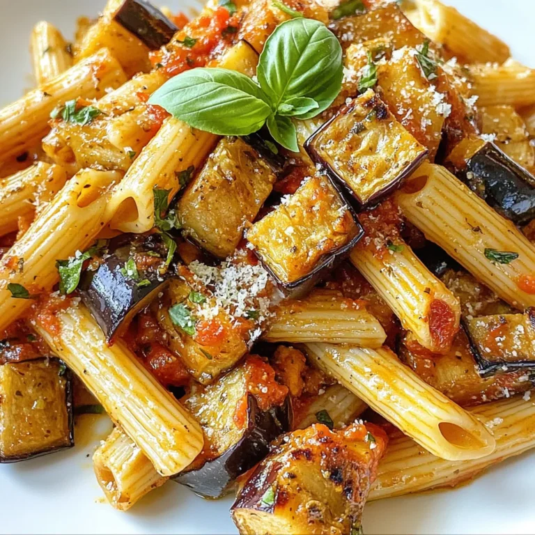 - Eggplant and Pasta Specifications - 2 medium-sized eggplants, cut into 1-inch cubes - 12 oz pasta (penne or rigatoni recommended) - Seasoning and Flavor Enhancements - 3 tablespoons extra virgin olive oil, divided - Kosher salt and freshly ground black pepper, to taste - 3 cloves fresh garlic, finely minced - 1 teaspoon red pepper flakes (optional for heat) - 1 can (14 oz) crushed tomatoes, preferably San Marzano - 1 teaspoon dried oregano - ½ teaspoon dried basil - ¼ cup fresh basil leaves, roughly chopped - Grated Parmesan cheese, to serve (optional) The key to great roasted eggplant pasta lies in the ingredients. Start with firm, medium-sized eggplants. They should be smooth and shiny, indicating freshness. Choose pasta shapes like penne or rigatoni. These hold sauce well and add a nice bite. Now, let’s talk about seasoning. Extra virgin olive oil is essential for roasting. It adds flavor and helps the eggplant get tender. Kosher salt and black pepper enhance the taste. Garlic brings a lovely aroma. You can add red pepper flakes for a kick, but that’s up to your taste. Crushed tomatoes are the heart of the sauce. San Marzano tomatoes are the best choice. They are sweet and rich. Dried oregano and basil deepen the flavor. Fresh basil adds brightness and color. Finally, Parmesan cheese can give a creamy finish to your dish. With these ingredients, you will create a comforting and flavorful dish that warms the heart. Enjoy the process, and remember to taste as you go! {{ingredient_image_2}} 1. Preheat Oven to 400°F (200°C): Start by turning on your oven. Set it to 400°F. This heat will help roast the eggplant perfectly. 2. Toss and Season Eggplant Cubes: Take two medium-sized eggplants. Cut them into 1-inch cubes. In a large bowl, mix the cubes with 2 tablespoons of olive oil. Sprinkle with kosher salt and black pepper. Toss until all pieces are coated. 3. Roast Eggplant for 25-30 Minutes: Spread the seasoned eggplant evenly on a baking sheet. Place it in the oven and roast for 25-30 minutes. Stir them halfway through. You want them golden and tender. 1. Boil Water and Cook Pasta to Al Dente: While the eggplant roasts, fill a large pot with water. Bring it to a boil. Add your pasta and cook until al dente. This usually takes about 10-12 minutes. 2. Reserve Pasta Cooking Water: Before draining the pasta, save about ½ cup of the cooking water. This water will help your sauce later. 1. Sauté Garlic and Red Pepper Flakes: In a big skillet, heat 1 tablespoon of olive oil over medium heat. Add 3 minced garlic cloves and optional red pepper flakes. Cook for about 1-2 minutes. You want the garlic fragrant, not browned. 2. Add Crushed Tomatoes and Herbs: Pour in one can of crushed tomatoes and add dried oregano and basil. Let the sauce simmer gently for about 5 minutes. 1. Mix Roasted Eggplant with Sauce: Once the eggplant is roasted, add it to the skillet. Stir well to mix it with the sauce. 2. Incorporate Cooked Pasta for Even Coating: Add the drained pasta to the skillet. Toss everything gently until the pasta is coated with the sauce. 3. Adjust Sauce Consistency with Reserved Water: If the mixture seems dry, slowly add the reserved pasta water. Stir until you reach your preferred sauce thickness. 1. Stir in Fresh Basil: Just before you serve, fold in about ¼ cup of roughly chopped fresh basil. This adds great flavor. 2. Taste and Season as Needed: Always taste your dish. Adjust salt and pepper to make it just right. 1. Serve with Grated Parmesan: Dish out the pasta in warm bowls. Top with grated Parmesan cheese if you like. 2. Add Additional Fresh Basil as Garnish: Finally, sprinkle some fresh basil on top for a lovely finish. Enjoy your meal! - Color and Firmness Indicators: Look for bright, shiny skin. A good eggplant should feel firm when you press it. Avoid any that have brown spots or wrinkles. - Sweetness and Bitterness Considerations: Smaller eggplants tend to be sweeter. Larger ones may taste bitter. If you spot larger eggplants, you can slice and salt them. This helps draw out some bitterness. - Tips for Cooking Al Dente: Start by boiling salted water. Add the pasta and cook just until it's firm but tender. Follow the time on the package. - Importance of Pasta Water in Sauce Consistency: Always save some pasta water before draining. This starchy water helps bind the sauce to the pasta, making it creamy and smooth. - Suggested Herbs and Spices to Add: Fresh basil is a must for this dish. You can also add thyme or more oregano for extra flavor. A pinch of red pepper flakes gives it a nice kick. - Optional Add-ins for Extra Protein or Vegetables: Consider adding cooked chicken or chickpeas for protein. Spinach or zucchini can boost the veggie count. These add-ins blend well with the roasted eggplant and sauce. Pro Tips Choose the Right Eggplant: Select firm and shiny eggplants for the best flavor and texture. Avoid those with blemishes or soft spots. Salt the Eggplant: After cutting the eggplant, consider salting the cubes and letting them sit for 30 minutes. This draws out excess moisture and bitterness, resulting in a creamier texture. Reserve Pasta Water: Always save some pasta cooking water before draining. It’s great for adjusting the sauce consistency and helps the sauce cling to the pasta better. Add Fresh Herbs Later: For the brightest flavor, add fresh herbs like basil at the end of cooking rather than during the simmering process. {{image_4}} For a vegetarian or vegan take, you can swap out Parmesan cheese. Nutritional yeast works well as a cheese substitute. It adds a nutty flavor and is rich in vitamins. You can also use cashew cream for a creamy texture. When it comes to sauces, try a simple olive oil and lemon mix. This brightens the dish without adding dairy. You can also create a creamy sauce using blended cashews and garlic. If you need gluten-free pasta, look for options made from brown rice or chickpeas. These choices keep the dish hearty and satisfying. For whole wheat options, whole grain penne or rigatoni are great picks. They provide a nutty flavor and extra fiber. Adjust your cooking time slightly. Gluten-free pasta might require a few extra minutes to cook. Always check the package for the best results. To make the dish more filling, add protein. Grilled chicken or sautéed tofu works well. Both options absorb the sauce and add texture. You can also toss in seasonal veggies. Spinach, zucchini, or bell peppers are great choices. They add color and boost nutrition. Just sauté them briefly before mixing with the pasta and sauce. This way, you get a mix of flavors and nutrients in every bite. How long can you store leftovers? You can keep your roasted eggplant pasta in the fridge for up to 3 days. Make sure to place it in an airtight container. This helps keep the flavors fresh. What are the best practices for reheating? To reheat, place the pasta in a pot over medium heat. Add a splash of water or olive oil to prevent sticking. Stir often until heated through. You can also use a microwave, covering the dish to keep moisture in. How do you prepare for freezing? To freeze, let the pasta cool completely. Then, portion it into freezer-safe containers. Leave some space at the top for expansion. Label the containers with the date. What are the thawing and reheating tips? For thawing, move the pasta to the fridge overnight. If you're in a hurry, you can thaw it in the microwave. Reheat as you would from the fridge, adding water if needed. What are some batch cooking and meal ideas? You can make a large batch of roasted eggplant pasta ahead of time. It's great for busy weeknights. Pair it with a simple salad or some garlic bread for a full meal. What containers are best for optimal freshness? Use glass or BPA-free plastic containers with airtight lids. These help keep your pasta fresh and tasty. I recommend using globe eggplants. They have a rich flavor and a nice texture. Japanese eggplants are also good. They are sweeter and softer when cooked. Both types work well in roasted dishes. To add heat, try these tips: - Use more red pepper flakes in the sauce. - Add diced jalapeños or fresh chili peppers. - Drizzle with spicy olive oil before serving. These will enhance the flavor and heat. Yes, you can use canned tomatoes. They are often sweeter and more consistent. Look for high-quality brands like San Marzano. The downside is that fresh tomatoes can add a brighter taste. Canned tomatoes may also have less texture. Check the eggplant for these signs: - It should be golden brown. - The cubes should feel soft and tender when pierced with a fork. - If you see some caramelization, that’s a good sign it’s ready. Great sides include: - A simple green salad with lemon dressing. - Garlic bread for a crunchy complement. - Roasted vegetables for extra color and flavor. These pairs will round out your meal nicely. You can create a delicious Roasted Eggplant Pasta by following these simple steps. I shared the best ingredients, caring for the eggplant, and perfecting the sauce. I also included tips for choosing good eggplants and cooking pasta just right. Remember, cooking is fun and allows for creativity. Adjust flavors and make it your own. Whether you’re vegetarian, vegan, or need gluten-free options, this dish fits all. Enjoy your cooking journey and savor every bite!