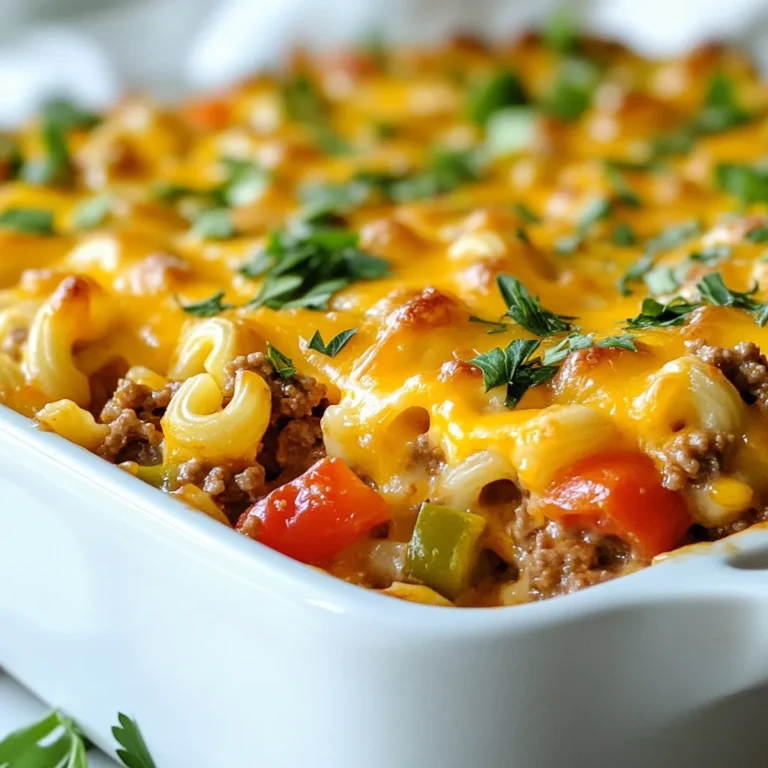 - 1 lb ground beef - 1 cup uncooked elbow macaroni - 1 can (15 oz) diced tomatoes with green chilies The main ingredients create the base of this tasty casserole. Ground beef gives it a hearty feel, while elbow macaroni adds a fun twist. The diced tomatoes with green chilies bring a nice kick of flavor. - 1 cup shredded cheddar cheese - 1 cup shredded mozzarella cheese Cheese is the star of this dish. I love using both cheddar and mozzarella. Cheddar adds a sharp taste, while mozzarella melts perfectly, making the casserole gooey and delicious. - 1 teaspoon Italian seasoning - Fresh parsley, chopped (for garnish) Seasoning makes a big difference. Italian seasoning brings warmth and depth. Fresh parsley not only adds color but also a fresh taste on top. It makes your meal look beautiful and inviting. {{ingredient_image_2}} - Preheat oven to 375°F (190°C). - Gather and prepare all ingredients. Start by preheating your oven. This step is key to getting that bubbly, golden cheese. Next, lay out all the ingredients. It helps to have everything ready for a smooth cooking process. - Brown the ground beef. - Sauté onion and garlic. In a large skillet, add the ground beef. Cook it over medium heat. Use a wooden spoon to break it apart. Keep cooking until it turns brown. This usually takes about 5 to 7 minutes. Drain any extra fat to keep your dish light. Now, add the finely chopped onion and minced garlic. Sauté these for about 3 to 4 minutes. Wait until the onion is soft and smells great. This step builds a strong flavor base for your casserole. - Add tomatoes, macaroni, and beef broth. - Season and simmer until macaroni is tender. Next, stir in the can of diced tomatoes with the juice. Then add the uncooked elbow macaroni and beef broth. Sprinkle in the Italian seasoning, salt, and pepper. Mix it all well. Bring this mixture to a gentle boil. Once it boils, lower the heat and cover the skillet. Let it simmer for 10 to 12 minutes. Check it now and then. You want the macaroni to be tender and fully cooked. This step allows all the flavors to blend beautifully, making your casserole truly delicious. First, fold in the cheeses into the beef and macaroni mixture. Use half of the shredded cheddar and half of the mozzarella. Mix until you see the cheese melt into the dish. This adds great flavor and creaminess. Next, lightly grease your 9x13 inch baking dish. This helps the casserole not stick when it's done baking. Now, pour the mixture into the greased baking dish. Spread it out evenly so every bite is tasty. Then, take the remaining cheddar and mozzarella cheese and sprinkle it on top. This creates a cheesy crust that everyone will love. Place the dish in the preheated oven. Bake until the cheese is bubbly and golden brown, which takes about 20-25 minutes. The aroma will make your mouth water. After baking, let the casserole cool for about 5 minutes before serving. This helps the layers set, making it easier to slice. Top with chopped parsley for a touch of color and freshness. Enjoy your delicious creation! Pro Tips Brown the Beef Well: Ensure the ground beef is cooked until browned to develop rich flavors in the casserole. Use Al Dente Pasta: Cook the macaroni until it's just slightly underdone; it will continue to cook in the oven for the perfect texture. Cheese Variations: Experiment with different cheese blends, such as pepper jack or gouda, for a unique twist on this classic dish. Rest Before Serving: Allow the casserole to rest for a few minutes after baking; this helps it set and makes serving easier. {{image_4}} - Tips for cooking macaroni: Cook macaroni until just al dente. This ensures it stays firm when baked. If overcooked, it can turn mushy in the casserole. - Avoiding a greasy casserole: Drain the fat from the beef well after browning. This keeps the dish lighter and prevents excess oil from pooling. - Best cheeses for melting: Use shredded cheddar and mozzarella. Both melt beautifully and create a creamy texture. Blend them for a great taste. - Layering cheese for maximum flavor: Add half the cheese to the beef mix and top with the rest. This creates layers of cheesy goodness throughout the casserole. - Recommended additional seasonings: Try adding a pinch of paprika or chili powder for a bit of heat. A dash of Worcestershire sauce can deepen the flavor, too. - Best pairing options: Serve with a crisp green salad. It adds freshness and balances the richness of the casserole. A side of garlic bread also complements the meal well. You can switch out the ground beef. Try ground turkey or chicken instead. These meats are leaner. You still get a tasty dish. Another option is adding sausage. Sausage adds a nice spice. Use sweet or spicy sausage to change the flavor. If you want a meatless dish, use beans. Black beans or kidney beans work well. They add protein and fiber. Lentils are another great choice. They cook fast and soak up flavors. You can also use plant-based cheese. It melts well and tastes good. This makes the dish vegan-friendly. Add some vegetables to boost nutrients. Bell peppers add color and crunch. Spinach gives a nice green touch. You can change the spices too. Add chili powder for heat. Or sprinkle some paprika for a smoky flavor. This makes each bite exciting! For best results, store your leftovers in an airtight container. Glass or plastic containers work well. Make sure you cool the casserole to room temperature before sealing it. This helps keep it fresh. Place the container in the fridge. It will last for about three to four days. When it comes to reheating, you have two choices: oven or microwave. The oven keeps the cheese nice and gooey. Preheat your oven to 350°F (175°C). Place the casserole in an oven-safe dish and cover it with foil. Bake for about 20 minutes until heated through. If you use the microwave, put a single portion on a microwave-safe plate. Heat it in short bursts, about one minute at a time. Check it each time to avoid overcooking. To keep cheese from getting tough, cover it with a damp paper towel while heating. To freeze your casserole, let it cool completely first. Use a freezer-safe container or wrap it tightly in plastic wrap. You can freeze it for up to three months. When you are ready to eat, take it out and let it thaw in the fridge overnight. To reheat, preheat your oven to 350°F (175°C). Uncover the casserole and bake for about 30 minutes. If it's still cold in the center, give it a few more minutes. Enjoy that cheesy goodness once more! Yes, you can prepare this casserole in advance. To do this, follow these steps: - Cook the beef, onion, and garlic as directed. - Mix in the tomatoes, macaroni, and broth. - Cool the mixture before adding the cheeses. - Transfer it to a greased baking dish, but do not bake yet. - Cover and refrigerate for up to 24 hours. When you are ready to bake, preheat your oven, add the remaining cheese, and bake as usual. This method saves time and makes serving easy. You can serve this casserole with several tasty sides. Here are some ideas: - A fresh green salad with lemon vinaigrette - Garlic bread for a crunchy complement - Steamed broccoli or green beans for added veggies - A light coleslaw for a refreshing crunch These sides balance the rich flavors and make your meal complete. Yes, you can adjust the recipe for different diets. Here are some options: - Gluten-free: Use gluten-free pasta instead of elbow macaroni. Ensure the beef broth is also gluten-free. - Dairy-free: Substitute the cheeses with dairy-free versions. You can also use almond milk instead of regular broth for a lighter touch. These changes keep the casserole delicious while meeting your needs. This blog post covered a delicious Cheesy Hamburger Casserole Bake. We explored key ingredients like ground beef, cheese varieties, and seasonings. You learned step-by-step how to prepare, cook, and bake the dish, alongside tips for perfect consistency and flavor. Remember, you can customize this meal with different proteins and vegetables. With all this information, you can create a tasty casserole that suits your taste. Enjoy making this satisfying meal for yourself and loved ones!